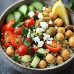 - 1 cup quinoa, well rinsed - 1 cup cherry tomatoes, halved - 1 cucumber, diced into bite-sized pieces - 1 red bell pepper, diced - 1 cup canned chickpeas, drained and rinsed - 1/2 red onion, finely chopped - 1/2 cup Kalamata olives, pitted and sliced in half The main ingredients in the Mediterranean quinoa bowl create a colorful and healthy meal. Quinoa is a great base. It is high in protein and fiber. The mix of cherry tomatoes, cucumber, and red bell pepper adds freshness. Canned chickpeas provide extra protein and heartiness. Kalamata olives give a briny flavor that ties it all together. - 3 tablespoons extra virgin olive oil - 2 tablespoons freshly squeezed lemon juice - 1 teaspoon dried oregano - Salt and pepper to taste A simple dressing enhances the flavor. Extra virgin olive oil adds richness. Fresh lemon juice brings brightness. Dried oregano gives a taste of the Mediterranean. Using salt and pepper is key to balance these flavors. - 1/4 cup feta cheese, crumbled - 1/4 cup fresh parsley, chopped roughly For those who want to add more flavor, feta cheese is a perfect choice. It adds creaminess and saltiness. Fresh parsley provides a burst of color and freshness. You can mix these toppings in or sprinkle them on top for a fun look. You can find the full recipe with instructions to make this delicious bowl. To start, rinse your quinoa well. Use a fine mesh strainer for this. Rinsing helps remove the bitter outer layer called saponin. After rinsing, combine 1 cup of quinoa with 2 cups of vegetable broth in a medium saucepan. Next, place the pot over high heat. Bring the mixture to a rolling boil. Once it boils, reduce the heat to low. Cover the pot and let it simmer for about 15 minutes. The quinoa is done when all the liquid is absorbed. Remove it from heat and fluff the quinoa with a fork. Let it cool to room temperature. This makes it easier to mix with the vegetables later. While the quinoa cooks, you can chop your vegetables. Start with the cherry tomatoes. Cut them in half. Next, take the cucumber and dice it into small, bite-sized pieces. For the red bell pepper, make small cubes. Finely chop the red onion. Lastly, slice the Kalamata olives in half. Aim for uniform sizes so all the pieces blend well. Once chopped, gather all your fresh ingredients. Set them aside for mixing with the quinoa. Now, let’s make the dressing. In a small bowl, combine 3 tablespoons of extra virgin olive oil with 2 tablespoons of freshly squeezed lemon juice. Add 1 teaspoon of dried oregano. Whisk the mixture together until it’s well blended. Taste it, and adjust as needed. You can add more lemon juice for tang or a pinch of salt for flavor. Feel free to customize your dressing. You can add minced garlic or a dash of honey for sweetness. Finally, drizzle the dressing over your quinoa and vegetable mixture. Toss gently until everything is well coated. Your Mediterranean Quinoa Bowl is now ready to shine! For the full recipe, check out the details above. To fluff quinoa for lightness, wait until it cools. Use a fork to gently separate the grains. This step is key for a light and airy base. When you serve it, add layers of colorful vegetables. This makes the bowl look fresh and inviting. A bright presentation can make your meal even more enjoyable. Prepping ingredients in advance saves time. You can wash and chop your veggies a day before. Store them in separate containers to keep them fresh. Cooked quinoa can also stay in the fridge for up to five days. This makes it easy to grab and assemble your bowl when needed. The best way to serve the Mediterranean Quinoa Bowl is in a large, colorful dish. This allows everyone to see all the vibrant ingredients. You can also pair it with grilled chicken or shrimp for extra protein. For a lighter meal, enjoy it with a side of leafy greens or a refreshing salad. These options make your meal more varied and satisfying. If you want the full recipe, check it out [Full Recipe]. {{image_4}} You can change the protein in your Mediterranean Quinoa Bowl. Adding grilled chicken or shrimp gives it a nice touch. Both options add flavor and make the meal more filling. For a plant-based option, use tofu. Tofu soaks up flavors well, making it a great choice for vegans. You can swap in seasonal veggies. Try asparagus in spring or roasted zucchini in summer. These changes keep your bowl fresh and exciting. Creative additions like spinach or artichokes also enhance the dish. Feel free to mix and match your favorite vegetables. Experiment with different herbs and spices in the dressing. Fresh basil or cilantro can add a new twist. You can also try a creamy dressing, like tahini or yogurt. This adds richness and pairs well with the other flavors. Explore these options to find your perfect blend! To keep your Mediterranean Quinoa Bowl fresh, store leftovers in an airtight container. Make sure the bowl cools to room temperature before sealing. Place it in the fridge within two hours of making it. This helps maintain its flavor and texture. Use the bowl within three to four days for the best taste. Yes, you can freeze the Mediterranean Quinoa Bowl! Place it in a freezer-safe container. Leave some space at the top for expansion. It will stay good for about three months. When you want to enjoy it again, thaw it in the fridge overnight. Reheat it gently in the microwave or on the stove. Add a splash of olive oil or lemon juice for extra flavor. In the fridge, the Mediterranean Quinoa Bowl lasts about three to four days. Look for signs of spoilage, such as off smells or changes in color. If the veggies get mushy or the quinoa smells sour, it’s time to toss it. Always trust your senses. If it doesn’t look or smell right, don’t eat it. The Mediterranean Quinoa Bowl is packed with nutrients. It contains protein, fiber, and healthy fats. Here’s a quick breakdown: - Calories: About 350 per serving - Protein: 11 grams - Carbohydrates: 45 grams - Fiber: 9 grams - Fat: 15 grams Quinoa is a great source of complete protein. It has all nine essential amino acids. The vegetables give you vitamins and minerals. Chickpeas add extra protein and fiber. Feta cheese adds flavor and calcium. This bowl is not just tasty; it is also very healthy. Yes, you can easily make this dish gluten-free. Quinoa is naturally gluten-free. Just make sure to check all other ingredients. Here are some tips: - Use certified gluten-free vegetable broth. - Ensure that canned chickpeas are labeled gluten-free. - Avoid any added ingredients that may contain gluten, such as certain sauces or dressings. With these changes, you can enjoy a gluten-free Mediterranean Quinoa Bowl. Making this dish vegetarian or vegan is simple. The base of the bowl is already vegetarian. To make it vegan, you can swap out the feta cheese. Here are a few options: - Leave out the feta or use a vegan cheese alternative. - Add extra chickpeas or nuts for protein. - Consider adding avocado for creaminess. These swaps will keep your Mediterranean Quinoa Bowl flavorful and satisfying while meeting your dietary needs. For the full recipe, check out the Mediterranean Quinoa Bowl. A Mediterranean Quinoa Bowl is packed with healthy ingredients like quinoa, vegetables, and chickpeas. We discussed how to cook the quinoa, prepare the veggies, and make a zesty dressing. You can customize this dish with protein options, tasty toppings, and various dressings. Remember to store leftovers properly for the best taste. This bowl is not just nutritious; it’s versatile and easy to make. Enjoy creating your version of this dish, and share it with loved ones. Fresh flavors and colorful ingredients await you in each bite!