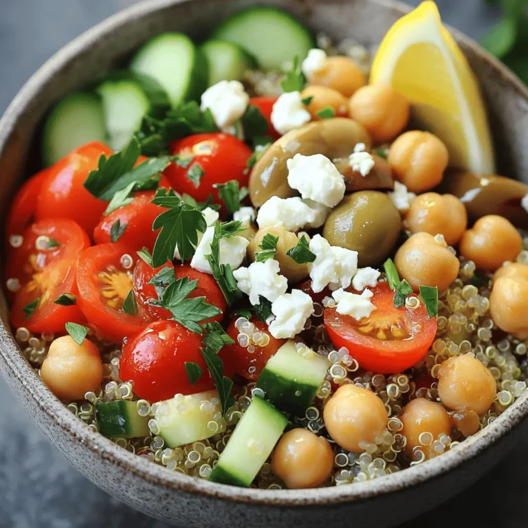 - 1 cup quinoa, well rinsed - 1 cup cherry tomatoes, halved - 1 cucumber, diced into bite-sized pieces - 1 red bell pepper, diced - 1 cup canned chickpeas, drained and rinsed - 1/2 red onion, finely chopped - 1/2 cup Kalamata olives, pitted and sliced in half The main ingredients in the Mediterranean quinoa bowl create a colorful and healthy meal. Quinoa is a great base. It is high in protein and fiber. The mix of cherry tomatoes, cucumber, and red bell pepper adds freshness. Canned chickpeas provide extra protein and heartiness. Kalamata olives give a briny flavor that ties it all together. - 3 tablespoons extra virgin olive oil - 2 tablespoons freshly squeezed lemon juice - 1 teaspoon dried oregano - Salt and pepper to taste A simple dressing enhances the flavor. Extra virgin olive oil adds richness. Fresh lemon juice brings brightness. Dried oregano gives a taste of the Mediterranean. Using salt and pepper is key to balance these flavors. - 1/4 cup feta cheese, crumbled - 1/4 cup fresh parsley, chopped roughly For those who want to add more flavor, feta cheese is a perfect choice. It adds creaminess and saltiness. Fresh parsley provides a burst of color and freshness. You can mix these toppings in or sprinkle them on top for a fun look. You can find the full recipe with instructions to make this delicious bowl. To start, rinse your quinoa well. Use a fine mesh strainer for this. Rinsing helps remove the bitter outer layer called saponin. After rinsing, combine 1 cup of quinoa with 2 cups of vegetable broth in a medium saucepan. Next, place the pot over high heat. Bring the mixture to a rolling boil. Once it boils, reduce the heat to low. Cover the pot and let it simmer for about 15 minutes. The quinoa is done when all the liquid is absorbed. Remove it from heat and fluff the quinoa with a fork. Let it cool to room temperature. This makes it easier to mix with the vegetables later. While the quinoa cooks, you can chop your vegetables. Start with the cherry tomatoes. Cut them in half. Next, take the cucumber and dice it into small, bite-sized pieces. For the red bell pepper, make small cubes. Finely chop the red onion. Lastly, slice the Kalamata olives in half. Aim for uniform sizes so all the pieces blend well. Once chopped, gather all your fresh ingredients. Set them aside for mixing with the quinoa. Now, let’s make the dressing. In a small bowl, combine 3 tablespoons of extra virgin olive oil with 2 tablespoons of freshly squeezed lemon juice. Add 1 teaspoon of dried oregano. Whisk the mixture together until it’s well blended. Taste it, and adjust as needed. You can add more lemon juice for tang or a pinch of salt for flavor. Feel free to customize your dressing. You can add minced garlic or a dash of honey for sweetness. Finally, drizzle the dressing over your quinoa and vegetable mixture. Toss gently until everything is well coated. Your Mediterranean Quinoa Bowl is now ready to shine! For the full recipe, check out the details above. To fluff quinoa for lightness, wait until it cools. Use a fork to gently separate the grains. This step is key for a light and airy base. When you serve it, add layers of colorful vegetables. This makes the bowl look fresh and inviting. A bright presentation can make your meal even more enjoyable. Prepping ingredients in advance saves time. You can wash and chop your veggies a day before. Store them in separate containers to keep them fresh. Cooked quinoa can also stay in the fridge for up to five days. This makes it easy to grab and assemble your bowl when needed. The best way to serve the Mediterranean Quinoa Bowl is in a large, colorful dish. This allows everyone to see all the vibrant ingredients. You can also pair it with grilled chicken or shrimp for extra protein. For a lighter meal, enjoy it with a side of leafy greens or a refreshing salad. These options make your meal more varied and satisfying. If you want the full recipe, check it out [Full Recipe]. {{image_4}} You can change the protein in your Mediterranean Quinoa Bowl. Adding grilled chicken or shrimp gives it a nice touch. Both options add flavor and make the meal more filling. For a plant-based option, use tofu. Tofu soaks up flavors well, making it a great choice for vegans. You can swap in seasonal veggies. Try asparagus in spring or roasted zucchini in summer. These changes keep your bowl fresh and exciting. Creative additions like spinach or artichokes also enhance the dish. Feel free to mix and match your favorite vegetables. Experiment with different herbs and spices in the dressing. Fresh basil or cilantro can add a new twist. You can also try a creamy dressing, like tahini or yogurt. This adds richness and pairs well with the other flavors. Explore these options to find your perfect blend! To keep your Mediterranean Quinoa Bowl fresh, store leftovers in an airtight container. Make sure the bowl cools to room temperature before sealing. Place it in the fridge within two hours of making it. This helps maintain its flavor and texture. Use the bowl within three to four days for the best taste. Yes, you can freeze the Mediterranean Quinoa Bowl! Place it in a freezer-safe container. Leave some space at the top for expansion. It will stay good for about three months. When you want to enjoy it again, thaw it in the fridge overnight. Reheat it gently in the microwave or on the stove. Add a splash of olive oil or lemon juice for extra flavor. In the fridge, the Mediterranean Quinoa Bowl lasts about three to four days. Look for signs of spoilage, such as off smells or changes in color. If the veggies get mushy or the quinoa smells sour, it’s time to toss it. Always trust your senses. If it doesn’t look or smell right, don’t eat it. The Mediterranean Quinoa Bowl is packed with nutrients. It contains protein, fiber, and healthy fats. Here’s a quick breakdown: - Calories: About 350 per serving - Protein: 11 grams - Carbohydrates: 45 grams - Fiber: 9 grams - Fat: 15 grams Quinoa is a great source of complete protein. It has all nine essential amino acids. The vegetables give you vitamins and minerals. Chickpeas add extra protein and fiber. Feta cheese adds flavor and calcium. This bowl is not just tasty; it is also very healthy. Yes, you can easily make this dish gluten-free. Quinoa is naturally gluten-free. Just make sure to check all other ingredients. Here are some tips: - Use certified gluten-free vegetable broth. - Ensure that canned chickpeas are labeled gluten-free. - Avoid any added ingredients that may contain gluten, such as certain sauces or dressings. With these changes, you can enjoy a gluten-free Mediterranean Quinoa Bowl. Making this dish vegetarian or vegan is simple. The base of the bowl is already vegetarian. To make it vegan, you can swap out the feta cheese. Here are a few options: - Leave out the feta or use a vegan cheese alternative. - Add extra chickpeas or nuts for protein. - Consider adding avocado for creaminess. These swaps will keep your Mediterranean Quinoa Bowl flavorful and satisfying while meeting your dietary needs. For the full recipe, check out the Mediterranean Quinoa Bowl. A Mediterranean Quinoa Bowl is packed with healthy ingredients like quinoa, vegetables, and chickpeas. We discussed how to cook the quinoa, prepare the veggies, and make a zesty dressing. You can customize this dish with protein options, tasty toppings, and various dressings. Remember to store leftovers properly for the best taste. This bowl is not just nutritious; it’s versatile and easy to make. Enjoy creating your version of this dish, and share it with loved ones. Fresh flavors and colorful ingredients await you in each bite!