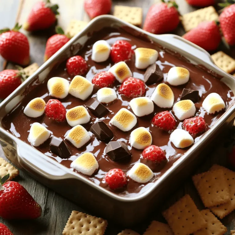 - 1 cup semi-sweet chocolate chips - 1 cup mini marshmallows - 1/2 cup graham cracker crumbs - 2 tablespoons unsalted butter, melted - 1/2 teaspoon vanilla extract - Pinch of sea salt - Extra graham crackers or fresh fruit for dipping To make the best S'mores Dip, gather all your required ingredients. You cannot skip the chocolate chips or marshmallows. They make it gooey and sweet. The graham cracker crumbs form a nice base. Melted butter helps bind everything together. A touch of vanilla adds a warm flavor. Just a pinch of sea salt balances the sweetness. Don't forget the extra graham crackers or fruit for dipping! - Substitute for chocolate chips: Use dark or white chocolate chips. - Alternatives for graham cracker crumbs: Try crushed cookies like Oreo or digestive biscuits. - Flavoring suggestions: Add a splash of peppermint extract for a minty twist. If you want to switch things up, you can substitute the chocolate chips. Dark or white chocolate can change the taste. For the graham cracker crumbs, crushed cookies work too. They can add a different texture and flavor. You might also think about flavoring your dip. A hint of mint extract makes it refreshing and fun! 1. First, preheat your oven to 350°F (175°C). This is key for a great bake. 2. In a mixing bowl, combine the graham cracker crumbs, melted butter, and a pinch of sea salt. Mix until everything is coated. The mixture should feel like wet sand. 3. Grab a small baking dish, about 8x8 inches. Spread the crumb mixture evenly on the bottom. Press it down to form a nice crust. 4. Now, sprinkle the semi-sweet chocolate chips over the crust. Make sure to cover it completely. 5. Next, layer the mini marshmallows on top of the chocolate. Spread them out for that classic s’mores look. 6. Carefully place the dish in the oven. Bake for 10-12 minutes. Watch for the marshmallows to turn golden brown. The chocolate should be melted and gooey. 7. After baking, take the dish out. Let it cool for a few minutes. This helps set the layers. 8. Serve warm with extra graham crackers or sliced fresh fruit. This adds a fun mix of flavors and textures. For a charming look, serve the dip right in the baking dish. Top with whole marshmallows or chocolate chunks for a delightful touch. Offer a plate of graham crackers and some fruit slices on the side. Enjoy this indulgent treat! To save time, prepare all your ingredients first. Measure the chocolate chips, marshmallows, and graham cracker crumbs. This way, you can layer them quickly. For gooey marshmallows, keep an eye on the oven. Bake them until golden brown, about 10-12 minutes. This creates a lovely, soft texture that melts in your mouth. The best dippers for S'mores Dip are graham crackers and fresh fruit. Sliced strawberries or bananas add a nice touch. To keep the dip warm, serve it right out of the oven. You can also place the dish on a warming tray. This way, everyone can enjoy the dip while it’s still gooey and warm. One common mistake is overbaking the dip. Keep a close watch on the marshmallows. If they burn, the dip loses its charm. Another mistake is using the wrong ingredient ratios. Stick to the Full Recipe for the best balance. Too much chocolate can make it too sweet, while too few marshmallows may not give that classic feel. {{image_4}} You can easily change up the classic S'mores Dip. One great way is by adding peanut butter. Just stir in a half cup of creamy peanut butter before baking. This adds a rich flavor and a nutty twist. Another fun idea is to make a mint chocolate S'mores Dip. Just mix in a few drops of mint extract with the chocolate chips. This gives a fresh taste that makes each dip special. If you want a vegan version, swap out the butter for coconut oil. Use vegan chocolate chips and marshmallows too. This way, everyone can enjoy the dip without any animal products. For those needing gluten-free options, look for gluten-free graham crackers. Many brands now offer tasty alternatives. This makes it easy for everyone to enjoy the creamy goodness. You can serve S'mores Dip in many fun ways. Try using a chocolate fountain. Guests can dip fruits and treats into the warm melted chocolate and marshmallow mix. It adds a lively touch to any gathering. For a more personal touch, use ramekins. Bake individual servings for each guest. This makes serving easier and adds a cute presentation. Just adjust baking time to match the smaller portions. To keep your S'mores Dip fresh, let it cool first. Then, transfer it to an airtight container. This helps lock in moisture and flavor. You can store it in the fridge for up to three days. If you want to keep it longer, consider freezing it. In the freezer, it stays good for about a month. When it's time to enjoy leftovers, reheat the dip gently. You can use the oven or microwave. If using the oven, set it to 350°F (175°C). Place the dip in a safe dish, cover it with foil, and heat for about 10 minutes. In the microwave, heat in short bursts of 30 seconds. Stir in between to make sure it warms evenly. This way, the marshmallows stay fluffy, and the chocolate melts just right. Enjoy your warm dip with fresh graham crackers or fruit! Can I make S'mores Dip ahead of time? Yes, you can prepare the layers ahead. Just store them separately. Combine them right before baking. This keeps the dip fresh and tasty. What can I use instead of graham crackers? You can use vanilla wafers or digestive biscuits. They give a similar taste and texture. Try crushed cookies for a fun twist! Can I add nuts to the S'mores Dip? Absolutely! Chopped nuts like pecans or walnuts add a nice crunch. Just sprinkle them on top of the chocolate before adding marshmallows. How to avoid burning marshmallows? Watch the dip closely while it bakes. Take it out when the marshmallows are golden brown. If they brown too fast, cover with foil. Is it possible to microwave S'mores Dip? Yes, you can microwave it! Use a microwave-safe bowl and heat in short bursts. Check every 30 seconds until melted and gooey. How many servings does this recipe yield? This recipe makes about 4 to 6 servings. It’s perfect for sharing during gatherings or cozy nights in. Can S'mores Dip be frozen for later use? I do not recommend freezing S'mores Dip. The texture does not hold up well after thawing. Enjoy it fresh for the best taste! This blog post covered all the key parts to making S'mores Dip. We explored required and optional ingredients, plus easy steps for preparation and baking. The tips and tricks ensure that your dip turns out gooey and delicious every time. We also looked at fun variations and smart storage methods. In the end, making S'mores Dip is simple and fun. Enjoy creating your own tasty versions!