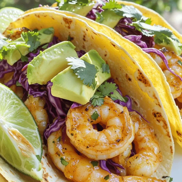 - 1 pound of large shrimp - 3 tablespoons of extra virgin olive oil - 4 cloves of garlic - 1 teaspoon of smoked paprika - 1/2 teaspoon of cayenne pepper - Juice of 1 lime - 8 small corn tortillas - 1 cup of shredded red cabbage - 1 ripe avocado - Fresh cilantro leaves - Lime wedges for serving When I make spicy garlic shrimp tacos, I always choose fresh ingredients. The shrimp should be large, firm, and bright. This dish shines with the right spices. I use smoked paprika for a deep flavor and cayenne for heat. Adjust the cayenne based on your taste. Fresh garlic adds a strong kick. For the best taste, I squeeze fresh lime juice over the shrimp. It brightens all the flavors. I also love using small corn tortillas. They hold the shrimp well and add texture. Shredded red cabbage gives a nice crunch. Sliced avocado adds creaminess. Fresh cilantro ties everything together, adding a burst of flavor. You can find the complete recipe in the Full Recipe section. Start by marinating the shrimp. In a large bowl, mix the shrimp with olive oil, minced garlic, smoked paprika, cayenne pepper, lime juice, salt, and pepper. Make sure the shrimp is well-coated. This spicy mix gives the shrimp great flavor. Let it sit for 15 to 20 minutes. This time allows the shrimp to soak up the spices. Next, preheat your skillet over medium-high heat. When the skillet is hot, add the marinated shrimp in a single layer. Don't crowd the pan; cook them in batches if needed. Cook the shrimp for about 2 to 3 minutes on one side. They should turn a bright pink. Flip the shrimp and cook for another 2 to 3 minutes until they are opaque. Remove them from heat once cooked. To warm corn tortillas, use a separate skillet. Heat them for about 30 seconds on each side until they are soft. This step makes them easier to fold. To build your tacos, place shredded red cabbage on each warm tortilla. Then, add the spicy garlic shrimp on top. Finish with slices of avocado and a sprinkle of cilantro. This layering brings out the best flavors. Serve your tacos with lime wedges for a zesty touch. Try the full recipe for more details on each step! To make your tacos truly pop, adjust the heat with cayenne pepper. Start with a small amount. You can always add more later. For the best taste, let the shrimp marinate for 15 to 20 minutes. This time helps the flavors mix well and soak into the shrimp. When sautéing shrimp, use a hot skillet. This helps get a nice sear. Avoid overcrowding the pan. Cook the shrimp in a single layer. This way, they cook evenly and don't steam. Watch your shrimp closely; they only need about 3 to 4 minutes total. Overcooked shrimp can turn rubbery, so keep an eye on them. To make your tacos look great, arrange them on a large platter. Place the shrimp on top of the shredded cabbage for a colorful look. Add avocado slices and a sprinkle of fresh cilantro for a finishing touch. Serve lime wedges on the side. This adds a bright burst of flavor. For more ideas, check the Full Recipe for extra garnishing suggestions. {{image_4}} You can swap shrimp for different proteins. Fish, chicken, or tofu work great. Each choice brings its own flavor. Try white fish for a lighter taste. Chicken adds a hearty bite, while tofu makes it plant-based. For spices, you can mix it up too. Use cumin for warmth or oregano for a fresh twist. A pinch of chili powder can bring more heat. Experimenting with spices lets you find your perfect flavor. If you need gluten-free options, use corn tortillas. They taste great and keep the dish light. Many brands offer good gluten-free tortillas. Just check the label to be sure. For vegan adaptations, swap shrimp for firm tofu or jackfruit. Use a vegan oil for cooking. You can also add extra veggies for more texture and taste. Adding sauces or salsas can boost the flavor. Try a mango salsa for a sweet touch. A spicy chipotle sauce adds heat and depth. You can also mix yogurt with herbs for a creamy drizzle. For side dishes, consider serving rice or beans. They add heartiness and balance the meal. A fresh salad can add crunch and color. These additions make your taco night even better. For the full recipe, check out the complete guide on making spicy garlic shrimp tacos! To keep your shrimp tacos fresh, place leftovers in an airtight container. This method prevents them from drying out or picking up other odors. You can store cooked shrimp in the refrigerator for up to three days. Make sure not to leave them out for more than two hours at room temperature. For best taste, eat them within that time frame. When you’re ready to enjoy your tacos again, use gentle heat to rewarm them. The best method is to use a skillet. Heat it over medium heat and add the shrimp, cooking for about 2-3 minutes until warm. For the tortillas, warm them in a separate pan for about 30 seconds on each side. This helps keep them from getting rubbery. Always keep an eye on the shrimp to avoid overcooking. Overcooked shrimp can become tough and chewy. Enjoy your flavorful meal again! To make shrimp tacos, you need a few simple ingredients. Here’s what you require: - 1 pound of large shrimp, meticulously peeled and deveined - 3 tablespoons of extra virgin olive oil - 4 cloves of garlic, finely minced - 1 teaspoon of smoked paprika - 1/2 teaspoon of cayenne pepper - Fresh juice from 1 lime - Salt and black pepper to taste - 8 small corn tortillas - 1 cup of finely shredded red cabbage - 1 ripe avocado, sliced - A handful of fresh cilantro leaves - Lime wedges for serving Start by mixing the shrimp with olive oil, garlic, smoked paprika, cayenne, lime juice, salt, and pepper. Let it marinate for 15-20 minutes. Cook the shrimp in a hot skillet until pink and opaque. Warm the tortillas, then layer cabbage, shrimp, avocado, and cilantro to build your tacos. You can find the full recipe [here](#). Shrimp tacos pair well with many sides and drinks. Here are some tasty options: - Fresh salsa or pico de gallo - Creamy guacamole - Crispy tortilla chips - Mexican street corn - A cool, refreshing salad - Cold drinks like limeade or a light beer These sides enhance the taco experience and add more flavor. Yes, you can prepare shrimp in advance! Just marinate the shrimp and store it in the fridge. Here are some tips: - Marinate shrimp for up to 2 hours for best flavor. - Store marinated shrimp in an airtight container. - Cook shrimp within one day for freshness. This makes meal prep easy and quick! Shrimp tacos can be spicy! The heat comes from cayenne pepper. Adjust the spice level by changing the amount you use. Here’s how: - Use less cayenne for a milder taste. - Add more cayenne for a stronger kick. - Try adding jalapeños for an extra layer of heat. These adjustments help you get the perfect spice level for your taste. Warming corn tortillas is simple and enhances their flavor. Here are my favorite methods: - Heat a skillet over medium heat and warm tortillas for 30 seconds on each side. - Wrap them in foil and place them in a warm oven for about 10 minutes. - Use a microwave: place a damp paper towel over tortillas and heat for 20-30 seconds. These methods keep tortillas soft and fresh for your tacos! In this article, we explored making delicious shrimp tacos, from ingredients to storage. The key is marinating shrimp well and balancing flavors with toppings. You can enjoy this dish with various proteins and dietary options too. Remember, the right cooking techniques ensure tasty shrimp that won’t overcook. Follow these steps for a fun meal. Enjoy sharing your shrimp tacos with family and friends, and don't forget to customize them to your taste!
