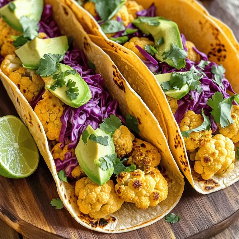 - 1 medium head of cauliflower, cut into bite-sized florets - 2 tablespoons extra-virgin olive oil - 1 teaspoon ground cumin - 1 teaspoon smoked paprika - 1/2 teaspoon chili powder - 1/2 teaspoon garlic powder - Salt and freshly ground black pepper to taste - 8 small corn or flour tortillas - 1 cup fresh cilantro, finely chopped - 1 ripe avocado, sliced into thin wedges - 1 cup red cabbage, finely shredded - 1 lime, cut into wedges To make great vegan cauliflower tacos, start with fresh cauliflower florets. They give the best texture and flavor. I love using olive oil to help the spices stick. The spices add warmth and depth. Ground cumin and smoked paprika are my favorites. They bring a nice earthiness to the dish. Don't forget about the tortillas! I prefer small corn tortillas. They hold the filling well and add a nice taste. For toppings, cilantro, avocado, and red cabbage are perfect. They add freshness and crunch to each bite. - Additional vegetables or protein alternatives - Homemade salsa or sauces If you want to spice things up, consider adding more veggies. Bell peppers or zucchini work well. You can also try protein alternatives like black beans or lentils. For extra zest, make a homemade salsa. A simple tomato or mango salsa can brighten the dish. For a creamy touch, you can whip up a vegan sauce. A cashew cream or tahini dressing adds richness. You can find the full recipe for these tasty tacos in the link provided. Enjoy creating your own unique taco experience! 1. Preheat your oven to 425°F (220°C). This helps the cauliflower roast well. 2. In a large bowl, mix the cauliflower florets with olive oil and spices. - Use: - 1 medium head of cauliflower, cut into bite-sized florets - 2 tablespoons extra-virgin olive oil - 1 teaspoon ground cumin - 1 teaspoon smoked paprika - 1/2 teaspoon chili powder - 1/2 teaspoon garlic powder - Salt and freshly ground black pepper to taste 3. Toss the cauliflower until it gets coated with the oil and spices. 1. Spread the seasoned florets on a baking sheet lined with parchment paper. 2. Roast in the oven for 25-30 minutes. Flip the florets halfway through. This step helps them get crispy and golden. 3. Keep an eye on them; you want them tender but not burnt. 1. While the cauliflower roasts, warm the tortillas in a dry skillet. Heat each side for about 30 seconds until they are soft and slightly toasted. 2. Once the cauliflower is ready, take it out of the oven. Let it cool a little. 3. To build your taco, place a good amount of roasted cauliflower in the center of a tortilla. 4. Add toppings like: - Handful of shredded red cabbage - A few slices of creamy avocado - A sprinkle of fresh cilantro 5. Squeeze a lime wedge over each taco. This adds a fresh pop of flavor. For the full recipe, check the details above! To make the best vegan cauliflower tacos, spices matter. Here are my favorite ones: - Ground Cumin: It adds warmth and depth. - Smoked Paprika: This gives a nice smoky flavor. - Chili Powder: It brings a gentle heat. - Garlic Powder: It adds extra savory notes. Mix these spices with olive oil before you coat your cauliflower. This helps the flavors stick. You want to let the cauliflower marinate for at least 15 minutes. This gives time for the spices to soak in. When it comes to cooking cauliflower, roasting is my favorite method. Roasting brings out the natural sweetness and gives a crispy texture. - Roasting: Preheat your oven to 425°F (220°C). Spread the florets on a baking sheet. Roast them for 25-30 minutes. Flip them halfway for even cooking. - Sautéing: This is quicker but may not give the same crispy effect. You can sauté in a pan with a bit of oil for about 10 minutes. For a creamy touch, use vegan substitutes like cashew cream or coconut yogurt. These options add a smooth texture and rich taste. You can also try mashed avocado as a topping for a creamy bite. For the full recipe, check out the Vegan Cauliflower Tacos 🥦 section. {{image_4}} You can change up your tacos with different vegetables. Try bell peppers, onions, or zucchini. These add color and crunch. You can also swap proteins. Use black beans, lentils, or chickpeas for a hearty bite. Toppings can vary too. Add corn, radishes, or a dollop of vegan sour cream for extra flavor. If you want gluten-free options, use corn tortillas. They hold the filling well. For a low-carb meal, try using lettuce wraps instead of tortillas. This keeps it light and fresh. No matter your choice, these variations keep your tacos tasty and exciting. Remember to check the [Full Recipe] for the base ingredients and cooking steps! To keep your vegan cauliflower tacos fresh, store leftovers properly. First, let the tacos cool down. Place them in an airtight container. This helps avoid moisture loss. You can keep them in the fridge for up to three days. If you have extra roasted cauliflower, store it in a separate container. It will last about five days in the fridge. For longer storage, you can freeze the cauliflower. Use a freezer-safe bag or container. The roasted cauliflower can stay good for up to three months in the freezer. Just ensure the air is removed to prevent freezer burn. When you want to enjoy your leftovers, reheating is key. To keep the texture nice, use an oven or a skillet. Preheat the oven to 350°F (175°C). Spread the cauliflower on a baking sheet. Heat for about 10 to 15 minutes until hot. This keeps it crispy. If using a skillet, heat it over medium. Add a splash of water and cover it. This method helps steam it while also heating. Avoid using a microwave if you can. Microwaving can make the cauliflower soggy and less tasty. Enjoy your tacos as if they were fresh! How do you make cauliflower tacos crispy? To make cauliflower tacos crispy, roast the florets in a hot oven. Use enough olive oil and spices for flavor. Spread the cauliflower in a single layer on a baking sheet. Flip the florets halfway through roasting to ensure even cooking. This method gives a nice golden color and a crunchy texture. Can I use frozen cauliflower for this recipe? Yes, you can use frozen cauliflower. Just thaw it first and pat it dry. This step helps remove excess moisture. However, fresh cauliflower gives a better texture and taste. Frozen cauliflower may not get as crispy, but it still works well. What are some good sides to serve with these tacos? Great sides for cauliflower tacos include: - Black beans - Corn salad - Mango salsa - Quinoa - Rice These options add color and nutrition to your meal. They also enhance the taco experience. Benefits of using cauliflower in tacos Cauliflower is low in calories and high in fiber. It is a great source of vitamins C and K. This veggie is also rich in antioxidants. Using cauliflower in tacos adds nutrition without extra calories. It helps you feel full longer, making it a smart choice. Caloric count per serving and healthy swaps Each serving of these tacos has about 250 calories. To lower the calories, use less oil or skip the avocado. You can also swap regular tortillas for low-carb or gluten-free options. These simple changes keep the meal light yet satisfying. Vegan cauliflower tacos offer taste and health all in one meal. We covered key ingredients, like cauliflower and spices, along with delicious toppings. You now have simple steps for roasting and assembling them right. Remember to explore flavor variations and tips for storing leftovers. With these tacos, you can impress your friends and family while sticking to a healthy diet. Enjoy cooking and creating your own tasty spins on this dish!