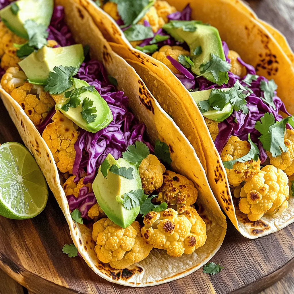 - 1 medium head of cauliflower, cut into bite-sized florets - 2 tablespoons extra-virgin olive oil - 1 teaspoon ground cumin - 1 teaspoon smoked paprika - 1/2 teaspoon chili powder - 1/2 teaspoon garlic powder - Salt and freshly ground black pepper to taste - 8 small corn or flour tortillas - 1 cup fresh cilantro, finely chopped - 1 ripe avocado, sliced into thin wedges - 1 cup red cabbage, finely shredded - 1 lime, cut into wedges To make great vegan cauliflower tacos, start with fresh cauliflower florets. They give the best texture and flavor. I love using olive oil to help the spices stick. The spices add warmth and depth. Ground cumin and smoked paprika are my favorites. They bring a nice earthiness to the dish. Don't forget about the tortillas! I prefer small corn tortillas. They hold the filling well and add a nice taste. For toppings, cilantro, avocado, and red cabbage are perfect. They add freshness and crunch to each bite. - Additional vegetables or protein alternatives - Homemade salsa or sauces If you want to spice things up, consider adding more veggies. Bell peppers or zucchini work well. You can also try protein alternatives like black beans or lentils. For extra zest, make a homemade salsa. A simple tomato or mango salsa can brighten the dish. For a creamy touch, you can whip up a vegan sauce. A cashew cream or tahini dressing adds richness. You can find the full recipe for these tasty tacos in the link provided. Enjoy creating your own unique taco experience! 1. Preheat your oven to 425°F (220°C). This helps the cauliflower roast well. 2. In a large bowl, mix the cauliflower florets with olive oil and spices. - Use: - 1 medium head of cauliflower, cut into bite-sized florets - 2 tablespoons extra-virgin olive oil - 1 teaspoon ground cumin - 1 teaspoon smoked paprika - 1/2 teaspoon chili powder - 1/2 teaspoon garlic powder - Salt and freshly ground black pepper to taste 3. Toss the cauliflower until it gets coated with the oil and spices. 1. Spread the seasoned florets on a baking sheet lined with parchment paper. 2. Roast in the oven for 25-30 minutes. Flip the florets halfway through. This step helps them get crispy and golden. 3. Keep an eye on them; you want them tender but not burnt. 1. While the cauliflower roasts, warm the tortillas in a dry skillet. Heat each side for about 30 seconds until they are soft and slightly toasted. 2. Once the cauliflower is ready, take it out of the oven. Let it cool a little. 3. To build your taco, place a good amount of roasted cauliflower in the center of a tortilla. 4. Add toppings like: - Handful of shredded red cabbage - A few slices of creamy avocado - A sprinkle of fresh cilantro 5. Squeeze a lime wedge over each taco. This adds a fresh pop of flavor. For the full recipe, check the details above! To make the best vegan cauliflower tacos, spices matter. Here are my favorite ones: - Ground Cumin: It adds warmth and depth. - Smoked Paprika: This gives a nice smoky flavor. - Chili Powder: It brings a gentle heat. - Garlic Powder: It adds extra savory notes. Mix these spices with olive oil before you coat your cauliflower. This helps the flavors stick. You want to let the cauliflower marinate for at least 15 minutes. This gives time for the spices to soak in. When it comes to cooking cauliflower, roasting is my favorite method. Roasting brings out the natural sweetness and gives a crispy texture. - Roasting: Preheat your oven to 425°F (220°C). Spread the florets on a baking sheet. Roast them for 25-30 minutes. Flip them halfway for even cooking. - Sautéing: This is quicker but may not give the same crispy effect. You can sauté in a pan with a bit of oil for about 10 minutes. For a creamy touch, use vegan substitutes like cashew cream or coconut yogurt. These options add a smooth texture and rich taste. You can also try mashed avocado as a topping for a creamy bite. For the full recipe, check out the Vegan Cauliflower Tacos 🥦 section. {{image_4}} You can change up your tacos with different vegetables. Try bell peppers, onions, or zucchini. These add color and crunch. You can also swap proteins. Use black beans, lentils, or chickpeas for a hearty bite. Toppings can vary too. Add corn, radishes, or a dollop of vegan sour cream for extra flavor. If you want gluten-free options, use corn tortillas. They hold the filling well. For a low-carb meal, try using lettuce wraps instead of tortillas. This keeps it light and fresh. No matter your choice, these variations keep your tacos tasty and exciting. Remember to check the [Full Recipe] for the base ingredients and cooking steps! To keep your vegan cauliflower tacos fresh, store leftovers properly. First, let the tacos cool down. Place them in an airtight container. This helps avoid moisture loss. You can keep them in the fridge for up to three days. If you have extra roasted cauliflower, store it in a separate container. It will last about five days in the fridge. For longer storage, you can freeze the cauliflower. Use a freezer-safe bag or container. The roasted cauliflower can stay good for up to three months in the freezer. Just ensure the air is removed to prevent freezer burn. When you want to enjoy your leftovers, reheating is key. To keep the texture nice, use an oven or a skillet. Preheat the oven to 350°F (175°C). Spread the cauliflower on a baking sheet. Heat for about 10 to 15 minutes until hot. This keeps it crispy. If using a skillet, heat it over medium. Add a splash of water and cover it. This method helps steam it while also heating. Avoid using a microwave if you can. Microwaving can make the cauliflower soggy and less tasty. Enjoy your tacos as if they were fresh! How do you make cauliflower tacos crispy? To make cauliflower tacos crispy, roast the florets in a hot oven. Use enough olive oil and spices for flavor. Spread the cauliflower in a single layer on a baking sheet. Flip the florets halfway through roasting to ensure even cooking. This method gives a nice golden color and a crunchy texture. Can I use frozen cauliflower for this recipe? Yes, you can use frozen cauliflower. Just thaw it first and pat it dry. This step helps remove excess moisture. However, fresh cauliflower gives a better texture and taste. Frozen cauliflower may not get as crispy, but it still works well. What are some good sides to serve with these tacos? Great sides for cauliflower tacos include: - Black beans - Corn salad - Mango salsa - Quinoa - Rice These options add color and nutrition to your meal. They also enhance the taco experience. Benefits of using cauliflower in tacos Cauliflower is low in calories and high in fiber. It is a great source of vitamins C and K. This veggie is also rich in antioxidants. Using cauliflower in tacos adds nutrition without extra calories. It helps you feel full longer, making it a smart choice. Caloric count per serving and healthy swaps Each serving of these tacos has about 250 calories. To lower the calories, use less oil or skip the avocado. You can also swap regular tortillas for low-carb or gluten-free options. These simple changes keep the meal light yet satisfying. Vegan cauliflower tacos offer taste and health all in one meal. We covered key ingredients, like cauliflower and spices, along with delicious toppings. You now have simple steps for roasting and assembling them right. Remember to explore flavor variations and tips for storing leftovers. With these tacos, you can impress your friends and family while sticking to a healthy diet. Enjoy cooking and creating your own tasty spins on this dish!