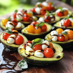 To make the perfect Caprese stuffed avocados, gather these fresh ingredients: - 2 ripe avocados - 1 cup cherry tomatoes, halved - 1 cup fresh mini mozzarella balls (bocconcini), halved - 1/4 cup fresh basil leaves, finely chopped - 2 tablespoons balsamic glaze - 2 tablespoons extra virgin olive oil - Salt and freshly ground black pepper, to taste These ingredients bring bright flavors and vibrant colors to your dish. The ripe avocados form a creamy base, while the tomatoes add a juicy burst. The mozzarella provides a delightful chew, and the fresh basil gives a fragrant touch. Drizzling balsamic glaze and olive oil enhances the dish with richness. Feel free to mix it up! Here are some optional ingredients to customize your Caprese stuffed avocados: - Other types of cheese (e.g., feta or goat cheese) - Additional herbs (e.g., parsley or arugula) - Sliced olives or bell peppers These extras let you play with flavors and textures. For instance, using feta cheese brings a tangy twist. Adding olives gives a briny punch. You can even throw in some arugula for a peppery kick! For the full recipe, check out the details to create this fresh and flavorful delight. Start by slicing each avocado in half lengthwise. Use a spoon or knife to carefully remove the pit. To fit more filling, scoop out a small amount of the avocado flesh from each half. Set this flesh aside in a bowl for later. In a medium bowl, mix the halved cherry tomatoes and mozzarella balls. Add the finely chopped basil and the reserved avocado flesh. Break it into smaller pieces. Drizzle balsamic glaze and olive oil over the mixture. Season generously with salt and freshly ground black pepper. Toss gently until well mixed. Using a spoon, fill each avocado half with the Caprese mixture. Make sure each half is packed well. For an extra touch, drizzle any remaining balsamic glaze over the stuffed avocados before serving. Enjoy this fresh and flavorful delight! For the complete Caprese Stuffed Avocados recipe, check out the [Full Recipe]. To pick ripe avocados, look for fruit that feels slightly soft when you squeeze it. The skin should be dark but not too wrinkled. A perfect avocado should yield a bit under gentle pressure. To prevent browning of the avocado flesh, add lemon juice or lime juice to the exposed parts. This helps keep your dish fresh longer. You can also cover the avocados tightly with plastic wrap. For gatherings, place the stuffed avocados on a colorful platter. Garnish with extra basil leaves for a nice touch. You can also drizzle some balsamic glaze over them just before serving for added flair. Pair the stuffed avocados with a light salad or crusty bread. A crisp white wine or sparkling water complements the dish beautifully. To add more protein, consider grilled chicken or shrimp. You can slice them and place them on top of the stuffed avocados. This makes the dish hearty and filling. You can also transform this dish into a salad bowl. Simply chop the stuffed avocados and toss them with mixed greens. This creates a fresh, vibrant meal that is great for lunch or dinner. For the detailed preparation steps, check out the Full Recipe. {{image_4}} You can easily switch up the flavor of Caprese stuffed avocados. One great option is a Mediterranean style. You can add sliced olives and crumbled feta cheese to the mix. This makes the dish a bit saltier and adds a briny touch. The olives bring a nice pop of flavor that pairs well with the creamy avocado. Another fun twist is the Mexican version. You can mix in some diced jalapeños and fresh cilantro. This adds a spicy kick and a fresh taste that brightens the dish. The combination of flavors makes each bite exciting and packed with zest. If you need gluten-free options, you’re in luck. All the ingredients in Caprese stuffed avocados are naturally gluten-free. Just make sure to check the balsamic glaze for any hidden gluten. This recipe is perfect for those avoiding gluten. For a vegan option, simply swap the mozzarella with a dairy-free cheese. You can also skip the cheese entirely and use more avocados or nuts for creaminess. This keeps the dish fresh and full of flavor while meeting vegan needs. Using seasonal ingredients can enhance your Caprese stuffed avocados. In summer, ripe heirloom tomatoes add a sweet touch. In spring, fresh herbs like dill or chives can brighten the flavors even more. You can also experiment with dressings or toppings. Try a citrus vinaigrette instead of balsamic glaze for a lighter taste. You can even sprinkle some crushed nuts or seeds on top for added crunch. These swaps keep the dish interesting and allow you to enjoy different flavors throughout the year. For the full recipe, check out the Caprese Stuffed Avocados recipe. To keep your Caprese stuffed avocados fresh, use airtight containers. This helps seal in flavors and moisture. Make sure to store them in the fridge right away. This way, you can enjoy them later without losing their taste. These stuffed avocados last about 1 to 2 days in the refrigerator. After that, the avocados may start to brown and lose their taste. Freezing is not recommended, as it can ruin the texture of the avocado. Reheating is not ideal for stuffed avocados. If you want to enjoy them warm, try placing them in the oven at a low temperature for a few minutes. This will help maintain their flavor. Just remember, fresh is best! Yes, you can prepare Caprese stuffed avocados a few hours ahead. Keep the avocado halves from browning by adding lemon juice. Store the filling in an airtight container. When ready to serve, just fill the avocados. This makes for easy, tasty snacks or appetizers. Caprese stuffed avocados go well with several side dishes. You might pair them with toasted crusty bread or a light salad. You can also serve them with a side of grilled vegetables or chips. These choices will complement the fresh taste of the avocados. Look for avocados that feel slightly soft when you press them gently. The skin should be dark, but not too dark. Avoid any with large dark spots or dents. A ripe avocado will yield to gentle pressure but not feel mushy. You can switch up the ingredients in this recipe. Try using feta cheese instead of mozzarella. You could add olives for a briny punch or even some jalapeños for heat. Let your taste buds guide you to new flavors! For the complete Caprese Stuffed Avocados recipe, check out the [Full Recipe]. Caprese stuffed avocados combine taste and health through simple steps. We explored key ingredients, like ripe avocados and fresh mozzarella. You learned to prepare the filling and assemble it with easy-to-follow instructions. Tips included how to choose the perfect avocado and creative variations. For a fun twist, customize with your favorite flavors. Enjoy these delightful avocados as a meal or appetizer. Experiment with toppings and storage tips for lasting freshness. These stuffed avocados not only satisfy your taste buds but also your creativity in the kitchen.