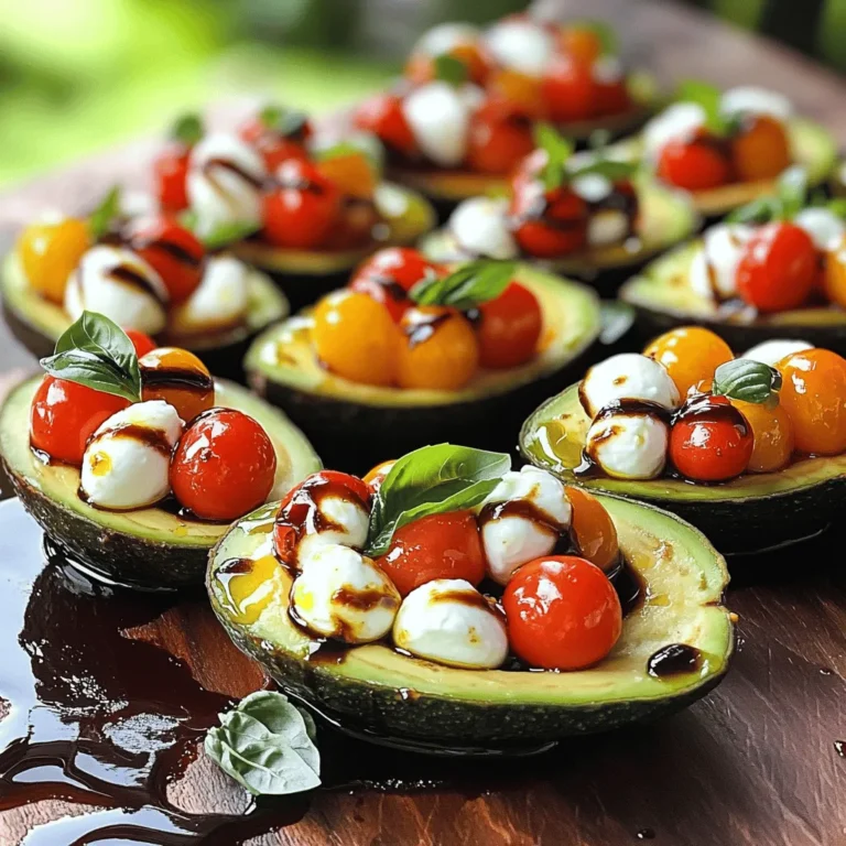 To make the perfect Caprese stuffed avocados, gather these fresh ingredients: - 2 ripe avocados - 1 cup cherry tomatoes, halved - 1 cup fresh mini mozzarella balls (bocconcini), halved - 1/4 cup fresh basil leaves, finely chopped - 2 tablespoons balsamic glaze - 2 tablespoons extra virgin olive oil - Salt and freshly ground black pepper, to taste These ingredients bring bright flavors and vibrant colors to your dish. The ripe avocados form a creamy base, while the tomatoes add a juicy burst. The mozzarella provides a delightful chew, and the fresh basil gives a fragrant touch. Drizzling balsamic glaze and olive oil enhances the dish with richness. Feel free to mix it up! Here are some optional ingredients to customize your Caprese stuffed avocados: - Other types of cheese (e.g., feta or goat cheese) - Additional herbs (e.g., parsley or arugula) - Sliced olives or bell peppers These extras let you play with flavors and textures. For instance, using feta cheese brings a tangy twist. Adding olives gives a briny punch. You can even throw in some arugula for a peppery kick! For the full recipe, check out the details to create this fresh and flavorful delight. Start by slicing each avocado in half lengthwise. Use a spoon or knife to carefully remove the pit. To fit more filling, scoop out a small amount of the avocado flesh from each half. Set this flesh aside in a bowl for later. In a medium bowl, mix the halved cherry tomatoes and mozzarella balls. Add the finely chopped basil and the reserved avocado flesh. Break it into smaller pieces. Drizzle balsamic glaze and olive oil over the mixture. Season generously with salt and freshly ground black pepper. Toss gently until well mixed. Using a spoon, fill each avocado half with the Caprese mixture. Make sure each half is packed well. For an extra touch, drizzle any remaining balsamic glaze over the stuffed avocados before serving. Enjoy this fresh and flavorful delight! For the complete Caprese Stuffed Avocados recipe, check out the [Full Recipe]. To pick ripe avocados, look for fruit that feels slightly soft when you squeeze it. The skin should be dark but not too wrinkled. A perfect avocado should yield a bit under gentle pressure. To prevent browning of the avocado flesh, add lemon juice or lime juice to the exposed parts. This helps keep your dish fresh longer. You can also cover the avocados tightly with plastic wrap. For gatherings, place the stuffed avocados on a colorful platter. Garnish with extra basil leaves for a nice touch. You can also drizzle some balsamic glaze over them just before serving for added flair. Pair the stuffed avocados with a light salad or crusty bread. A crisp white wine or sparkling water complements the dish beautifully. To add more protein, consider grilled chicken or shrimp. You can slice them and place them on top of the stuffed avocados. This makes the dish hearty and filling. You can also transform this dish into a salad bowl. Simply chop the stuffed avocados and toss them with mixed greens. This creates a fresh, vibrant meal that is great for lunch or dinner. For the detailed preparation steps, check out the Full Recipe. {{image_4}} You can easily switch up the flavor of Caprese stuffed avocados. One great option is a Mediterranean style. You can add sliced olives and crumbled feta cheese to the mix. This makes the dish a bit saltier and adds a briny touch. The olives bring a nice pop of flavor that pairs well with the creamy avocado. Another fun twist is the Mexican version. You can mix in some diced jalapeños and fresh cilantro. This adds a spicy kick and a fresh taste that brightens the dish. The combination of flavors makes each bite exciting and packed with zest. If you need gluten-free options, you’re in luck. All the ingredients in Caprese stuffed avocados are naturally gluten-free. Just make sure to check the balsamic glaze for any hidden gluten. This recipe is perfect for those avoiding gluten. For a vegan option, simply swap the mozzarella with a dairy-free cheese. You can also skip the cheese entirely and use more avocados or nuts for creaminess. This keeps the dish fresh and full of flavor while meeting vegan needs. Using seasonal ingredients can enhance your Caprese stuffed avocados. In summer, ripe heirloom tomatoes add a sweet touch. In spring, fresh herbs like dill or chives can brighten the flavors even more. You can also experiment with dressings or toppings. Try a citrus vinaigrette instead of balsamic glaze for a lighter taste. You can even sprinkle some crushed nuts or seeds on top for added crunch. These swaps keep the dish interesting and allow you to enjoy different flavors throughout the year. For the full recipe, check out the Caprese Stuffed Avocados recipe. To keep your Caprese stuffed avocados fresh, use airtight containers. This helps seal in flavors and moisture. Make sure to store them in the fridge right away. This way, you can enjoy them later without losing their taste. These stuffed avocados last about 1 to 2 days in the refrigerator. After that, the avocados may start to brown and lose their taste. Freezing is not recommended, as it can ruin the texture of the avocado. Reheating is not ideal for stuffed avocados. If you want to enjoy them warm, try placing them in the oven at a low temperature for a few minutes. This will help maintain their flavor. Just remember, fresh is best! Yes, you can prepare Caprese stuffed avocados a few hours ahead. Keep the avocado halves from browning by adding lemon juice. Store the filling in an airtight container. When ready to serve, just fill the avocados. This makes for easy, tasty snacks or appetizers. Caprese stuffed avocados go well with several side dishes. You might pair them with toasted crusty bread or a light salad. You can also serve them with a side of grilled vegetables or chips. These choices will complement the fresh taste of the avocados. Look for avocados that feel slightly soft when you press them gently. The skin should be dark, but not too dark. Avoid any with large dark spots or dents. A ripe avocado will yield to gentle pressure but not feel mushy. You can switch up the ingredients in this recipe. Try using feta cheese instead of mozzarella. You could add olives for a briny punch or even some jalapeños for heat. Let your taste buds guide you to new flavors! For the complete Caprese Stuffed Avocados recipe, check out the [Full Recipe]. Caprese stuffed avocados combine taste and health through simple steps. We explored key ingredients, like ripe avocados and fresh mozzarella. You learned to prepare the filling and assemble it with easy-to-follow instructions. Tips included how to choose the perfect avocado and creative variations. For a fun twist, customize with your favorite flavors. Enjoy these delightful avocados as a meal or appetizer. Experiment with toppings and storage tips for lasting freshness. These stuffed avocados not only satisfy your taste buds but also your creativity in the kitchen.