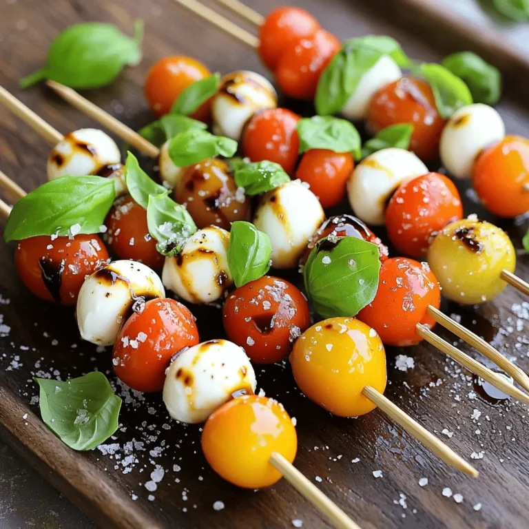 To make tasty Caprese Salad Skewers, gather these main ingredients: - 12 cherry tomatoes - 12 fresh basil leaves - 12 small mozzarella balls (bocconcini) - 2 tablespoons balsamic glaze - 1 tablespoon extra virgin olive oil - Salt and pepper to taste These fresh ingredients create a burst of flavor. The tomatoes add sweetness, the basil gives a fresh aroma, and the mozzarella offers creaminess. You can add a pinch of red pepper flakes for heat. This brings a nice kick to your skewers. Other options include: - Avocado slices - Prosciutto - Grilled zucchini These add-ons can change the flavor profile while keeping the dish fresh and vibrant. Feel free to mix and match! You can use either bamboo or metal skewers. Bamboo skewers are easy to find and disposable. They work well for short-term use. Metal skewers last for years and are great for repeated use. Just remember to soak bamboo skewers in water for about 30 minutes before use. This helps prevent burning on the grill. For the full recipe, make sure to follow the steps I mentioned earlier. Enjoy your fresh and flavorful Caprese Salad Skewers! Start by rinsing the cherry tomatoes and basil leaves in cool water. Dry them gently with a clean paper towel. Take your mozzarella balls out of their packaging and let them sit for a minute to drain excess liquid. This helps keep your skewers from getting soggy. Grab a skewer and begin assembling. First, slide on one cherry tomato. Next, add a fresh basil leaf. Then, thread on a mozzarella ball. Repeat this pattern, adding 4-5 of each item to the skewer. This colorful mix makes the skewers look great and taste amazing! Once your skewers are ready, lay them on a platter. Drizzle extra virgin olive oil and balsamic glaze over them. Sprinkle salt and pepper to enhance the flavors. If you like some heat, add a pinch of red pepper flakes on top. For a fun display, stand the skewers in a jar or lay them flat on a serving dish. For the full recipe, check the original source. Enjoy your fresh and flavorful Caprese salad skewers! For Caprese salad skewers, fresh ingredients are key. Here’s how to pick the best: - Cherry Tomatoes: Look for firm, bright tomatoes. They should feel heavy for their size. - Basil Leaves: Choose vibrant green leaves. Avoid any that look wilted or brown. - Mozzarella Balls: Select small, fresh mozzarella balls. They should be soft and moist. This trio creates a burst of flavor that shines on the skewer. How you present your skewers can wow your guests. Here are some fun ideas: - Vertical Display: Stand skewers upright in a jar filled with rice or beans. This looks great and saves space. - Platter Art: Lay them flat on a platter. Drizzle balsamic glaze in a zigzag pattern for a pop of color. - Garnish: Add fresh herbs or edible flowers around the skewers. This adds beauty and freshness. Your presentation can make your dish more inviting and fun. Making Caprese salad skewers should be easy, but some common mistakes can happen: - Overcrowding: Don’t pack too many ingredients on each skewer. This can make them hard to eat. - Ignoring Flavor: Skip the salt and pepper at the end. These enhance the taste of fresh ingredients. - Using Stale Ingredients: Always use fresh products. Stale or overripe ingredients can ruin the dish. Avoiding these pitfalls will ensure your skewers taste great and look appealing. For a full recipe, check out the [Full Recipe]. {{image_4}} You can change things up with different ingredients. Try adding sliced avocado or prosciutto. Both add rich flavors. You can also use different cheeses, like feta or goat cheese. Each cheese changes the taste. Seasonal veggies, like bell peppers or zucchini, work well too. Mix and match to find your favorite combo! While balsamic glaze is classic, you can swap it for other dressings. A simple lemon vinaigrette adds a fresh zing. Or, try a pesto drizzle for a herbaceous kick. You can even use a creamy ranch or a spicy aioli. Experiment with what you love! Caprese skewers can easily fit a vegetarian or vegan diet. For a vegan option, swap mozzarella for marinated tofu or vegan cheese. You still get great flavor and texture. Use a vegan dressing to keep it plant-based. These skewers stay vibrant and tasty for everyone! To keep your Caprese salad skewers fresh, wrap them tightly in plastic wrap. Place them in an airtight container. This method keeps them from drying out. If you have extra balsamic glaze, store it in a small jar. These skewers last about 2 to 3 days in the fridge. The tomatoes and basil stay fresh for a time, but the mozzarella can get soggy. Check the skewers each day to ensure they are still good to eat. You can serve leftover skewers cold or at room temperature. If you prefer warm skewers, heat them gently in the oven. Set the oven to low heat, around 300°F (150°C). Heat just until warm, not hot. This keeps the flavors bright and fresh. You can use feta cheese or cubed cheddar. Both add a nice touch. Feta has a tangy flavor. Cheddar adds a sharpness. If you want a creamy option, try goat cheese. It pairs well with tomatoes and basil. Yes, you can make these skewers ahead of time. Just prepare them a few hours before your event. Store them in the fridge. This keeps them fresh and tasty. Drizzle the oil and balsamic glaze just before serving. You can mix and match ingredients. Try adding olives or grilled vegetables. Use different herbs like mint or parsley. For a fun twist, add prosciutto or salami. Each skewer can be unique. Guests will love trying different flavors. You can make a fresh salad with the extras. Mix leftover tomatoes, basil, and mozzarella in a bowl. Drizzle with olive oil and balsamic glaze. Or make a sandwich with the ingredients. They also make a great snack on their own. For a fresh start, try the Full Recipe for more ideas. You learned how to make tasty Caprese Salad Skewers. We discussed ingredients, assembly, and storage. I shared tips to enhance flavor and avoid mistakes. You can get creative with variations and dressings. Now you have the tools to impress friends at your next gathering. Enjoy making these fun and fresh skewers. They are sure to be a hit!