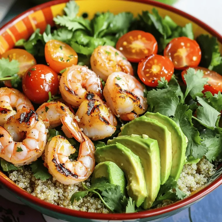 For this delightful dish, gather these fresh ingredients: - 1 pound large shrimp, peeled and deveined - 2 tablespoons extra virgin olive oil - 2 cloves garlic, finely minced - 1 teaspoon red pepper flakes (adjust to taste) - Juice of 1 fresh lime - Salt and freshly cracked black pepper to taste - 1 cup cooked quinoa (white, red, or a mix) - 1 cup cherry tomatoes, each cut in half - 1 ripe avocado, sliced into wedges - 1 cup mixed greens (such as spinach and arugula) - Fresh cilantro sprigs, for garnish - Optional: Lime wedges, for serving You will need a few tools to make this dish: - Medium-sized mixing bowl - Whisk or fork - Grill or grill pan - Wooden skewers (if needed) - Tongs for flipping shrimp - Serving bowls This Grilled Shrimp Bowl is not only tasty but also nutritious. Each serving provides: - Calories: Approximately 450 - Protein: 30 grams - Carbohydrates: 40 grams - Fat: 20 grams - Fiber: 8 grams - Vitamin C: High from lime and tomatoes This bowl packs a punch of flavor and good nutrients. With the full recipe, you can easily make this dish at home. Enjoy the fresh and zesty taste! First, gather your ingredients. You need olive oil, minced garlic, red pepper flakes, lime juice, salt, and pepper. In a medium bowl, mix the olive oil and garlic. Add the red pepper flakes, lime juice, salt, and pepper. Whisk it all together until smooth. This will be your tasty marinade. Now it's time to add the shrimp. Make sure they are peeled and deveined. Toss the shrimp in the marinade gently. Each shrimp needs to be well-coated. Let them sit for 15 to 20 minutes. This helps the shrimp soak up all those great flavors. While the shrimp marinate, heat your grill or grill pan. Get it nice and hot over medium-high heat. If you use wooden skewers, soak them in water for about 30 minutes. This stops them from burning. Once ready, thread the shrimp onto the skewers. Don’t overcrowd them. Grill the shrimp for 2-3 minutes on each side. They should turn pink and opaque. When done, take them off the grill. To build your bowl, start with a base of cooked quinoa. Add a handful of mixed greens on top. Next, arrange the grilled shrimp over the greens. Add halved cherry tomatoes and avocado wedges for color and taste. Drizzle any leftover marinade over the dish for extra flavor. Finally, sprinkle fresh cilantro on top. This adds a nice touch before you serve. Enjoy every bite of this delicious dish! For the full recipe, refer to the earlier section. To get the best grilled shrimp, start with fresh, high-quality shrimp. Look for large shrimp, as they hold up well on the grill. When marinating, coat each shrimp evenly. This helps the flavors stick. Make sure your grill is hot before you place the shrimp on it. This creates a nice sear and prevents sticking. Grill shrimp for about 2-3 minutes on each side. Keep an eye on them; they cook fast! You want them to turn pink and opaque. If you overcook them, they will become rubbery. A good tip is to remove them from the grill as soon as they change color. For a beautiful bowl, use colorful ingredients. Start with a base of quinoa. Layer mixed greens on top. Then, add your grilled shrimp, halved cherry tomatoes, and avocado slices. Drizzle leftover garlic marinade over the top. Finish with fresh cilantro for a pop of color. Serve in vibrant bowls to make your dish stand out. For more details, check out the Full Recipe. {{image_4}} You can swap shrimp for other proteins. Grilled chicken works well and adds a nice flavor. Try using firm fish, such as salmon or tuna. These options cook quickly and taste great with garlic sauce. For a meatier bite, consider steak or pork. Each protein brings its own unique taste to the bowl. If you prefer a plant-based meal, tofu is an excellent choice. Firm tofu absorbs flavors well. You can marinate it just like shrimp. Another option is tempeh, which has a nutty taste. For a heartier base, use chickpeas or lentils. These ingredients add protein and texture without meat. You can change the flavor of your bowl by using different dressings. A lemon-tahini dressing adds creaminess and tang. A spicy sriracha sauce can kick things up a notch. For a fresh twist, use a citrus vinaigrette. Each dressing enhances the dish in its own way, so feel free to experiment. For the full recipe and more details, check out the Zesty Grilled Shrimp Bowl with Garlic Burst Sauce . Store leftover grilled shrimp bowls in an airtight container. Keep them in the fridge for up to three days. This helps keep the shrimp fresh and safe to eat. If you have extra garlic sauce, store it separately to avoid soggy ingredients. When you're ready to enjoy your leftovers, reheat them gently. Use a microwave-safe bowl and cover it loosely. Heat in short bursts, checking every 30 seconds. You want the shrimp warm, not overcooked. If you prefer, you can also reheat them on the stove over low heat. You can freeze the shrimp, but it's best to do it before cooking. Place the marinated shrimp in a freezer bag and remove as much air as you can. They can last up to three months in the freezer. To use, thaw them in the fridge overnight before grilling. Avoid freezing the cooked shrimp, as they may lose their texture. For the other bowl ingredients, it’s better to prepare them fresh each time. For a complete guide, check out the Full Recipe. You can serve your grilled shrimp bowl with many tasty sides. Here are some ideas: - Rice: White or brown rice works well. - Salad: A fresh salad adds crunch and color. - Beans: Black beans or pinto beans add protein. - Corn: Grilled corn on the cob adds sweetness. - Bread: Serve with crusty bread for dipping. These sides will make your meal more filling and fun! Shrimp cook quickly. They turn pink and firm when they are done. Here are some tips: - Color: Look for a bright pink color. - Texture: Shrimp should feel firm, not mushy. - Shape: They curl into a C shape when cooked well. If you see these signs, your shrimp are ready to enjoy! Yes, you can make the garlic sauce ahead. It tastes even better after resting. Here’s how: - Prepare: Mix all the sauce ingredients as listed. - Store: Keep it in an airtight container in the fridge. - Use: It stays fresh for up to three days. Just give it a stir before using. Enjoy the rich flavor in your dish! In this post, we explored creating a delicious grilled shrimp bowl. We covered the ingredients, kitchen tools, and nutritional info. You learned step-by-step instructions for preparing, marinating, and grilling the shrimp. I shared tips for perfect grilling and some fun variations too. Lastly, we talked about storing leftovers and answered common questions. Enjoy making this dish and share it with others. You'll impress everyone with your cooking skills!