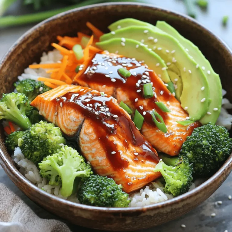 - Salmon fillets: Choose high-quality salmon fillets. Fresh salmon has the best flavor and texture. Look for vibrant color and firm flesh. Wild-caught salmon offers great taste and health benefits. - Low-sodium soy sauce: This ingredient adds umami without too much salt. It enhances the teriyaki flavor while keeping the dish healthier. Using low-sodium soy sauce lets other ingredients shine too. - Fresh vegetables: For toppings, use steamed broccoli and shredded carrots. These vegetables add color and crunch. You can also add avocado slices for creaminess. Fresh veggies boost the meal's nutrients. - Additional toppings: You can get creative with your bowls. Consider adding sliced radishes, bell peppers, or snap peas. These options keep the dish lively and fun. - Alternative sauces: If you want a twist, try using hoisin sauce or chili garlic sauce. Each option gives a unique flavor. Feel free to mix and match based on your taste. - Cooking utensils: You will need a whisk for the sauce and a shallow dish for marinating. Use a spatula or tongs for handling the salmon. - Recommended cookware: A grill or a baking sheet lined with parchment paper works best for cooking salmon. Both methods yield great results. Make sure to have a saucepan for the sauce too. For the full recipe, check out the Teriyaki Salmon Bowls. To make your teriyaki sauce, start with a small saucepan. Combine low-sodium soy sauce, honey, rice vinegar, toasted sesame oil, minced garlic, and grated ginger. Whisk these ingredients together over medium heat. This mix brings out a deep flavor. - Tips for thickening the sauce: If you want a thicker sauce, let it simmer longer. A cornstarch slurry can also help. Mix one teaspoon of cornstarch with a little water, then stir it in. - Ideal simmering time for flavor: Aim for about 5 minutes of simmering. This time lets the flavors blend nicely without losing freshness. Next, marinate your salmon for maximum flavor. Place the salmon fillets in a shallow dish. Pour half of your cooled teriyaki sauce over the fillets, making sure they are well-coated. - Best practices for marinating: Cover the dish with plastic wrap. This keeps the salmon moist and flavorful. - How long to marinate for maximum flavor: Let it marinate for 15 to 20 minutes. This short time is perfect to soak up great taste without overpowering the fish. Now it’s time to cook your salmon. You have two options: grilling or baking. - Different cooking methods (grilling vs. baking): If you grill, preheat the grill to medium heat. Cook for about 5 to 7 minutes on each side. For baking, set your oven to 400°F (200°C). Bake for 12 to 15 minutes on a lined baking sheet. - Doneness indicators for perfect salmon: Look for the salmon to turn opaque and flake easily with a fork. This is the best sign it's ready. Now you can finish your Teriyaki Salmon Bowls with the rest of the steps in the Full Recipe. Enjoy your meal! To make your Teriyaki Salmon Bowls shine, use a wide bowl. Start with a base of rice. Layer the veggies on top. Place the salmon fillet at the center. This creates a colorful and appealing dish. Use chopsticks for serving; it adds fun! You can serve pickled ginger on the side for a flavor kick. Pair these bowls with a light drink. Green tea or a simple lemonade works great. For a special touch, serve with a small salad on the side. Leftovers can be a treat! Store them in an airtight container. Keep them in the fridge for up to three days. If you want to store for longer, place them in the freezer. Just make sure to separate the salmon from the rice and veggies. When reheating, use the microwave. Place a damp paper towel over the food. This keeps the salmon moist. Heat in short bursts to avoid drying it out. Overcooked salmon ruins the dish. Cook it just until it flakes easily. Check for a slightly pink center. This means it’s done but still juicy. Balance is key in flavors. Too much sauce can drown out the salmon’s taste. Start with a little sauce and add more to suit your taste. Enjoy the harmony of sweet, salty, and savory notes in every bite! For the full recipe, check out the Teriyaki Salmon Bowls section. {{image_4}} You can easily make Teriyaki Salmon Bowls healthier. Swap out jasmine rice for quinoa or cauliflower rice. Both options are lower in carbs and add more nutrients. If you want to change up the protein, try chicken or tofu. They absorb flavors well and fit nicely into the bowl. You can also use shrimp for a seafood twist. Add some heat with spices. Try red pepper flakes or sriracha for a spicy kick. These spices can make the dish exciting and new. Get creative with sauces too. While teriyaki is great, you can use hoisin sauce or a spicy mayo. These sauces can add a different flavor profile to your bowl. Seasonal vegetables can brighten your bowl. In summer, use fresh corn and tomatoes. In fall, add roasted squash or Brussels sprouts. They give a nice touch to the dish. You can also explore international flavors. A Mexican twist adds black beans and corn salsa. A Mediterranean theme could use olives and feta cheese. The options are endless! For the complete cooking experience, check out the Full Recipe. Use these variations to create your own unique Teriyaki Salmon Bowls! To store your Teriyaki Salmon Bowls, use airtight containers. Glass or plastic containers work well. Make sure to allow the food to cool before sealing. You can refrigerate your leftovers for up to three days. If you want to keep them longer, consider freezing. Just be aware that freezing can change the texture of the salmon. Cooked salmon lasts in the fridge for about three days. After that, it may spoil. For the best taste, eat it within this time. Fresh vegetables, like broccoli and carrots, stay good for about a week in the fridge. Make sure to check for any signs of spoilage. Cooked rice can last about four to six days in the fridge. Store it in a sealed container. The best way to reheat your Teriyaki Salmon Bowls is in the oven. Preheat it to 350°F (175°C). Place the bowls in the oven for about 10 minutes. This method keeps the salmon moist. You can also use a microwave, but be careful. Heat it in short bursts, stirring in between. This method helps maintain the dish's texture and flavor. To make the best teriyaki sauce, you need key ingredients. Use low-sodium soy sauce for less salt. Honey adds sweetness, while rice vinegar gives a tangy kick. Toasted sesame oil adds rich flavor. Don’t forget garlic and ginger for a fresh taste. 1. Combine the ingredients in a small pan. 2. Heat over medium, stirring often. 3. Simmer until it thickens, about five minutes. This sauce is perfect on salmon and gives the dish a wonderful taste. Yes, you can use frozen salmon. Just be sure to thaw it properly. The best way is to leave it in the fridge overnight. If you’re short on time, place the sealed salmon in cold water for about an hour. Once thawed, you can cook it just like fresh salmon. This method keeps the fish safe and tasty. For sides, I love pairing steamed broccoli and shredded carrots. They add color and crunch. You can also serve avocado slices for creaminess. Here are some popular sides: - Edamame for added protein - Cucumber salad for a refreshing touch - Pickled ginger for a zesty bite These sides enhance the meal and make it more exciting. Yes, you can make Teriyaki Salmon Bowls ahead of time. This dish is great for meal prep. Cook the salmon and rice in advance. Store them in separate containers in the fridge. When you’re ready to eat, just reheat them. Add fresh veggies right before serving for the best taste. This saves time during busy weeks. Teriyaki Salmon Bowls are healthy and full of nutrients. Each bowl has about 500 calories. Here’s a quick breakdown: - Salmon: High in omega-3 fatty acids - Rice: Provides energy and fiber - Veggies: Loaded with vitamins and minerals This meal is balanced and supports a healthy diet. You can find the full recipe to enjoy this delicious dish! This blog post covered how to make delicious Teriyaki Salmon Bowls. We discussed key ingredients, like fresh salmon and low-sodium soy sauce, that enhance flavor. You learned about preparing the sauce, marinating salmon, and choosing your cooking method. We also shared tips for serving, storing, and avoiding common mistakes. In the end, customizing your bowl makes it unique and fun. Enjoy exploring flavors and creating your perfect meal! Remember, cooking should be simple and enjoyable. Happy cooking!