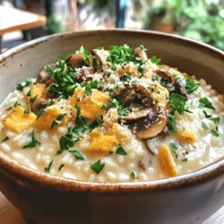 To create a delightful mushroom risotto, gather these key ingredients: - 1 ½ cups Arborio rice - 5 cups vegetable broth (homemade or low-sodium) - 1 cup wild mushrooms (like chanterelles, morels, or shiitake), cleaned and sliced - 1 medium onion, finely chopped - 2 cloves garlic, minced - ½ cup grated Parmesan cheese (plus extra for serving) - 3 tablespoons olive oil - 2 tablespoons unsalted butter - 1 cup fresh spinach, chopped - 1 teaspoon fresh thyme leaves - Salt and pepper to taste - Fresh parsley, chopped (for garnish) You can enhance your risotto with these optional ingredients: - A splash of white wine for acidity - Lemon zest for a fresh kick - Crushed red pepper for heat - Peas or asparagus for color and texture The choice of mushrooms makes a big impact. I recommend these varieties: - Chanterelles: They have a fruity taste and firm texture. - Morels: These mushrooms are nutty and earthy. - Shiitake: They add a rich, smoky flavor. - Button: These are easy to find and mild in taste. Using a mix of these mushrooms can elevate your dish. Experiment with what you like best! For the full recipe, check out the detailed instructions to create your creamy wild mushroom risotto. Start by warming the vegetable broth. Pour 5 cups into a medium saucepan. Heat it over low flame. Keep it warm as you cook the risotto. The warm broth helps the rice cook evenly. In a large skillet, add 2 tablespoons of olive oil and 1 tablespoon of butter. Heat this over medium heat. Once the butter melts, add 1 finely chopped onion. Cook it for about 5 minutes until it turns soft and smells great. Next, add 2 minced garlic cloves and 1 cup of sliced wild mushrooms. Stir this mixture and cook for 5 to 7 minutes. The mushrooms should soften and release some moisture. Season with salt, pepper, and 1 teaspoon of fresh thyme. Now it's time to add the Arborio rice. Pour in 1 ½ cups of rice and mix it well with the veggies. Let the rice toast for around 2 minutes. Stir often until the edges of the rice grains look slightly clear. Now, it’s time to add the warm broth. Use a ladle to pour in the broth one scoop at a time. Stir constantly as you add it. Wait until most of the liquid is soaked up before adding the next ladle. This step takes about 20 to 25 minutes. It’s key for that creamy texture you want. When the rice is creamy and cooked to al dente, turn off the heat. Stir in 1 cup of chopped fresh spinach, the last tablespoon of butter, and ½ cup of grated Parmesan cheese. Mix everything well. Taste it and adjust the seasoning. Remove the skillet from heat and let it sit for a couple of minutes. This helps the flavors blend nicely. Now, you can check out the full recipe to see all the steps in one place! - Use Arborio rice: This rice has a high starch content. It helps create that creamy texture. - Warm your broth: Always keep the broth warm. Adding cold broth can slow cooking. - Stir often: Stirring helps release the starches in the rice. This makes your risotto creamy. - Add broth gradually: Pour in one ladle at a time. Wait until it absorbs before adding more. - Season as you go: Add salt and pepper during cooking. This builds layers of flavor. - Skipping the toasting step: Don’t skip toasting the rice. It adds a nutty flavor. - Adding too much broth at once: This can lead to mushy rice. Take your time. - Neglecting the resting phase: Let the risotto sit after cooking. This helps the flavors meld. - Not tasting as you cook: Always taste. Adjust seasoning for the best flavor. - Using low-quality cheese: Invest in good Parmesan. It makes a big difference in taste. - Butter and cheese are key: Stir in butter and Parmesan at the end. This adds richness and creaminess. - Don’t rush: Allow the rice to absorb the broth slowly. This is crucial for texture. - Consider adding cream: A splash of cream can enhance creaminess, but it’s not necessary. - Incorporate starchy vegetables: Adding pureed butternut squash or pumpkin can boost creaminess. - Use fresh herbs: Fresh herbs not only add flavor but can also enhance the overall texture. For more on making this dish, check the Full Recipe. {{image_4}} If you want a tasty vegetarian option, this risotto is perfect. Just skip the meat and focus on the rich, earthy flavors of mushrooms. You can use any type of mushrooms you love. Morels, shiitakes, and button mushrooms work well. The creaminess comes from the cheese, which adds a nice touch. You can follow the Full Recipe for a great base. For a vegan twist, leave out the cheese and butter. You can use coconut cream to add richness. Nutritional yeast is a great substitute for cheese. It gives a cheesy flavor without any animal products. Use vegetable broth as the base. This version is still rich and creamy, keeping the comforting feel intact. You can easily change the flavor of your risotto. Add fresh herbs like basil or parsley for a fresh taste. Nuts like pine nuts or walnuts can add crunch. A splash of white wine gives a nice zing. You can also try adding lemon zest for brightness. Each of these choices makes the dish unique and personal. Experiment and find your favorite combination! To store leftover risotto, first let it cool down. Place it in an airtight container. Make sure to seal it well to keep out air. You can keep it in the fridge for up to three days. If you want to save it longer, consider freezing. When reheating risotto, add a splash of broth or water. This helps bring back its creamy texture. Heat it slowly in a pan over low heat. Stir often to avoid sticking. You can also use the microwave. Just cover it and heat in short bursts. To freeze risotto, portion it into smaller containers. This makes it easier to heat later. Make sure to label each container with the date. Frozen risotto will last up to three months. When you’re ready to eat, thaw it in the fridge overnight before reheating. Enjoy a warm bowl of comfort with minimal effort. For the full recipe, check out the Mushroom Risotto Delightful Creamy Comfort Food. The classic way to make risotto starts with high-starch rice. Arborio rice is most common. You cook the rice slowly, adding warm broth bit by bit. This helps the rice release its starch, creating a creamy texture. Start by sautéing onions and garlic in oil. Add the rice and toast it for a few minutes. Gradually stir in the broth until the rice is tender. Finish with cheese and butter for a rich flavor. For a detailed guide, check the Full Recipe. Yes, you can use different types of rice, but results vary. Arborio rice is best for its creamy texture. Carnaroli rice is also great; it has a firmer bite. If you try long-grain rice, it won’t be as creamy. It’s all about starch content. Stick with short or medium-grain types for the best results. Risotto lasts about three to four days in the fridge. Store it in an airtight container to keep it fresh. When ready to eat, reheat it gently on the stove. Add a splash of broth or water to restore its creaminess. Don’t microwave if you want to keep the texture smooth. Mushroom risotto is a simple dish with rich flavors. We covered its key ingredients, including tasty mushrooms and optional spices. Followed step-by-step instructions to make it creamy and delicious. I shared tips to avoid common mistakes and achieve the perfect texture. You can also explore vegetarian and vegan variations to suit your taste. In the end, this dish is all about balance and personal touch. Enjoy your cooking adventure with mushroom risotto!