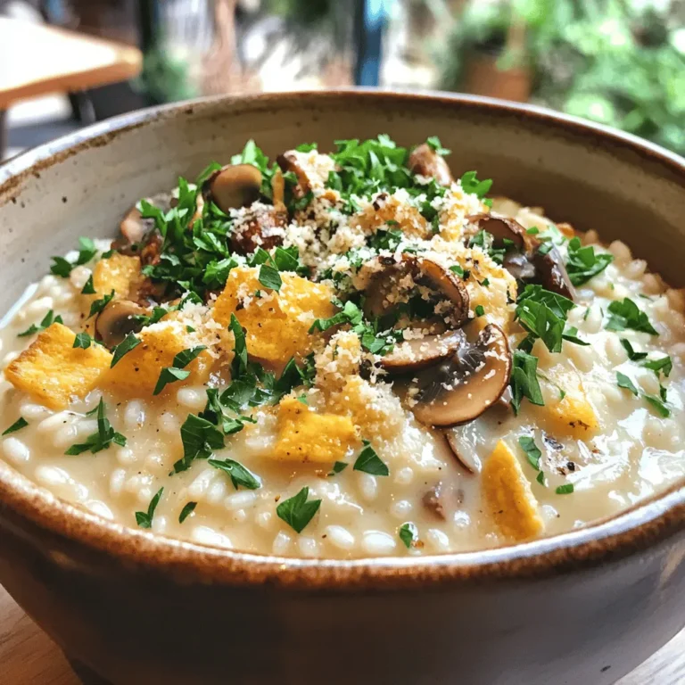 To create a delightful mushroom risotto, gather these key ingredients: - 1 ½ cups Arborio rice - 5 cups vegetable broth (homemade or low-sodium) - 1 cup wild mushrooms (like chanterelles, morels, or shiitake), cleaned and sliced - 1 medium onion, finely chopped - 2 cloves garlic, minced - ½ cup grated Parmesan cheese (plus extra for serving) - 3 tablespoons olive oil - 2 tablespoons unsalted butter - 1 cup fresh spinach, chopped - 1 teaspoon fresh thyme leaves - Salt and pepper to taste - Fresh parsley, chopped (for garnish) You can enhance your risotto with these optional ingredients: - A splash of white wine for acidity - Lemon zest for a fresh kick - Crushed red pepper for heat - Peas or asparagus for color and texture The choice of mushrooms makes a big impact. I recommend these varieties: - Chanterelles: They have a fruity taste and firm texture. - Morels: These mushrooms are nutty and earthy. - Shiitake: They add a rich, smoky flavor. - Button: These are easy to find and mild in taste. Using a mix of these mushrooms can elevate your dish. Experiment with what you like best! For the full recipe, check out the detailed instructions to create your creamy wild mushroom risotto. Start by warming the vegetable broth. Pour 5 cups into a medium saucepan. Heat it over low flame. Keep it warm as you cook the risotto. The warm broth helps the rice cook evenly. In a large skillet, add 2 tablespoons of olive oil and 1 tablespoon of butter. Heat this over medium heat. Once the butter melts, add 1 finely chopped onion. Cook it for about 5 minutes until it turns soft and smells great. Next, add 2 minced garlic cloves and 1 cup of sliced wild mushrooms. Stir this mixture and cook for 5 to 7 minutes. The mushrooms should soften and release some moisture. Season with salt, pepper, and 1 teaspoon of fresh thyme. Now it's time to add the Arborio rice. Pour in 1 ½ cups of rice and mix it well with the veggies. Let the rice toast for around 2 minutes. Stir often until the edges of the rice grains look slightly clear. Now, it’s time to add the warm broth. Use a ladle to pour in the broth one scoop at a time. Stir constantly as you add it. Wait until most of the liquid is soaked up before adding the next ladle. This step takes about 20 to 25 minutes. It’s key for that creamy texture you want. When the rice is creamy and cooked to al dente, turn off the heat. Stir in 1 cup of chopped fresh spinach, the last tablespoon of butter, and ½ cup of grated Parmesan cheese. Mix everything well. Taste it and adjust the seasoning. Remove the skillet from heat and let it sit for a couple of minutes. This helps the flavors blend nicely. Now, you can check out the full recipe to see all the steps in one place! - Use Arborio rice: This rice has a high starch content. It helps create that creamy texture. - Warm your broth: Always keep the broth warm. Adding cold broth can slow cooking. - Stir often: Stirring helps release the starches in the rice. This makes your risotto creamy. - Add broth gradually: Pour in one ladle at a time. Wait until it absorbs before adding more. - Season as you go: Add salt and pepper during cooking. This builds layers of flavor. - Skipping the toasting step: Don’t skip toasting the rice. It adds a nutty flavor. - Adding too much broth at once: This can lead to mushy rice. Take your time. - Neglecting the resting phase: Let the risotto sit after cooking. This helps the flavors meld. - Not tasting as you cook: Always taste. Adjust seasoning for the best flavor. - Using low-quality cheese: Invest in good Parmesan. It makes a big difference in taste. - Butter and cheese are key: Stir in butter and Parmesan at the end. This adds richness and creaminess. - Don’t rush: Allow the rice to absorb the broth slowly. This is crucial for texture. - Consider adding cream: A splash of cream can enhance creaminess, but it’s not necessary. - Incorporate starchy vegetables: Adding pureed butternut squash or pumpkin can boost creaminess. - Use fresh herbs: Fresh herbs not only add flavor but can also enhance the overall texture. For more on making this dish, check the Full Recipe. {{image_4}} If you want a tasty vegetarian option, this risotto is perfect. Just skip the meat and focus on the rich, earthy flavors of mushrooms. You can use any type of mushrooms you love. Morels, shiitakes, and button mushrooms work well. The creaminess comes from the cheese, which adds a nice touch. You can follow the Full Recipe for a great base. For a vegan twist, leave out the cheese and butter. You can use coconut cream to add richness. Nutritional yeast is a great substitute for cheese. It gives a cheesy flavor without any animal products. Use vegetable broth as the base. This version is still rich and creamy, keeping the comforting feel intact. You can easily change the flavor of your risotto. Add fresh herbs like basil or parsley for a fresh taste. Nuts like pine nuts or walnuts can add crunch. A splash of white wine gives a nice zing. You can also try adding lemon zest for brightness. Each of these choices makes the dish unique and personal. Experiment and find your favorite combination! To store leftover risotto, first let it cool down. Place it in an airtight container. Make sure to seal it well to keep out air. You can keep it in the fridge for up to three days. If you want to save it longer, consider freezing. When reheating risotto, add a splash of broth or water. This helps bring back its creamy texture. Heat it slowly in a pan over low heat. Stir often to avoid sticking. You can also use the microwave. Just cover it and heat in short bursts. To freeze risotto, portion it into smaller containers. This makes it easier to heat later. Make sure to label each container with the date. Frozen risotto will last up to three months. When you’re ready to eat, thaw it in the fridge overnight before reheating. Enjoy a warm bowl of comfort with minimal effort. For the full recipe, check out the Mushroom Risotto Delightful Creamy Comfort Food. The classic way to make risotto starts with high-starch rice. Arborio rice is most common. You cook the rice slowly, adding warm broth bit by bit. This helps the rice release its starch, creating a creamy texture. Start by sautéing onions and garlic in oil. Add the rice and toast it for a few minutes. Gradually stir in the broth until the rice is tender. Finish with cheese and butter for a rich flavor. For a detailed guide, check the Full Recipe. Yes, you can use different types of rice, but results vary. Arborio rice is best for its creamy texture. Carnaroli rice is also great; it has a firmer bite. If you try long-grain rice, it won’t be as creamy. It’s all about starch content. Stick with short or medium-grain types for the best results. Risotto lasts about three to four days in the fridge. Store it in an airtight container to keep it fresh. When ready to eat, reheat it gently on the stove. Add a splash of broth or water to restore its creaminess. Don’t microwave if you want to keep the texture smooth. Mushroom risotto is a simple dish with rich flavors. We covered its key ingredients, including tasty mushrooms and optional spices. Followed step-by-step instructions to make it creamy and delicious. I shared tips to avoid common mistakes and achieve the perfect texture. You can also explore vegetarian and vegan variations to suit your taste. In the end, this dish is all about balance and personal touch. Enjoy your cooking adventure with mushroom risotto!