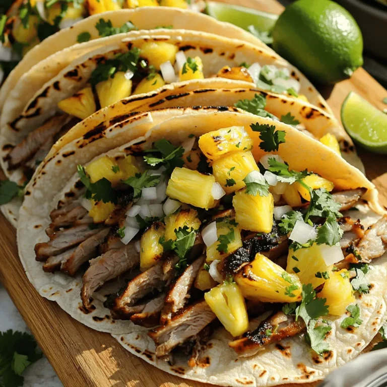 - 1 lb pork shoulder, thinly sliced - 1/2 cup pineapple juice - 2 tablespoons apple cider vinegar - 3 cloves garlic, minced - 1 tablespoon chili powder - 1 tablespoon ground cumin - 1 teaspoon smoked paprika - 1 teaspoon dried oregano - 1/2 teaspoon salt - 1/4 teaspoon black pepper - 1 medium onion, diced - 1 cup fresh pineapple, diced - 1/2 cup fresh cilantro, finely chopped - 8 small corn tortillas - Lime wedges for serving The pork shoulder is the star of this dish. It becomes tender and juicy when cooked. Pineapple juice adds a sweet and tangy flavor. It also helps to tenderize the meat. Apple cider vinegar enhances the taste and adds a nice zing. Garlic, chili powder, and cumin bring depth to the flavor. Smoked paprika gives a subtle smokiness, while oregano adds a hint of earthiness. The onion and fresh pineapple provide crunch and sweetness, balancing all the flavors. Fresh cilantro brightens each bite, and the lime wedges add a burst of citrus. When picking pork, look for bright pink color and good marbling. This means it will be juicy. Choose 100% pure pineapple juice without added sugar or preservatives for best flavor. Fresh garlic should feel firm and have no soft spots. For spices, check the date; fresher spices will taste better. When selecting onions, go for firm ones without sprouting. Pineapples should smell sweet and feel heavy for their size. For cilantro, pick bright green leaves with no wilting. Fresh tortillas should be soft and pliable. These tips will ensure you get the best taste from your tacos. For the full recipe, check out the details above! To make the best tacos al pastor, follow these steps carefully. First, mix the marinade. In a bowl, whisk the pineapple juice, apple cider vinegar, garlic, chili powder, cumin, smoked paprika, oregano, salt, and black pepper. This blend gives the pork its rich flavor. Next, add the sliced pork shoulder. Make sure each piece is covered well. Cover this bowl with plastic wrap and refrigerate it for at least 2 hours. For the best taste, let it marinate overnight. When you’re ready to cook, heat your grill or skillet to medium-high heat. Remove the pork from the fridge and throw away the marinade. Grill the pork slices for about 2-3 minutes on each side. You want a nice char and for the pork to be fully cooked. In another skillet, sauté the diced onion over medium heat. Cook it until it’s soft and golden, which should take about 5-7 minutes. Once your pork is done, let it rest for a few minutes. Chop it into bite-sized pieces. Warm the corn tortillas on the grill or in the skillet for about 30 seconds on each side. Now, assemble your tacos! Place the grilled pork on each tortilla and top it with the sautéed onion and fresh pineapple. Add cilantro for a touch of freshness. Don’t forget to serve lime wedges on the side for a zesty kick. Using the right techniques makes a big difference. Marinating the pork is essential. It lets the flavors soak in. Always grill over high heat to get a nice sear. This keeps the juices inside, making the meat tender. When grilling, flip the pork only once. This helps create a good char. Make sure your tortillas are warm. Soft tortillas enhance the taco experience. You can warm them on the grill or in a pan. Lastly, layering the toppings is key. Start with meat, then add onion and pineapple. Finish with cilantro. This order brings out the best flavors. Timing is crucial for perfect tacos al pastor. Slice your pork thinly, about 1/4 inch thick. This helps it cook quickly and evenly. Grill for 2-3 minutes per side. Keep an eye on it to avoid overcooking. The pork should be juicy but not pink inside. Let the grilled meat rest for a few minutes before chopping. This allows the juices to redistribute. The result? Tender, flavorful pork in your tacos. By following these timing tips, you'll enjoy tasty tacos al pastor every time you cook them. For a full recipe, check out the full recipe above. When making Tacos Al Pastor, avoid using too much marinade. It can overpower the pork. Don't skip marinating the meat overnight. This step boosts flavor and tenderness. Also, make sure to grill the pork in small batches. Crowding the grill leads to steaming instead of grilling. Lastly, warm your tortillas properly. Cold tortillas make your tacos less enjoyable. To get the best flavor in your tacos, focus on your marinade. Use fresh ingredients like garlic and spices. Let the pork soak in the marinade for at least two hours. For an extra kick, add a bit more chili powder. Grilling the pork until it’s slightly charred adds depth. Don't forget to balance the flavors with fresh pineapple and cilantro. Presentation is key for tasty tacos. Serve your tacos on a colorful platter. Add extra cilantro for a fresh look. Thinly sliced radishes also bring a nice crunch and color. A sprinkle of lime juice right before serving brightens the dish. You can even add some diced avocado for creaminess. These garnishes make your tacos not just tasty but beautiful too. For a delicious recipe, check out the Full Recipe here. {{image_4}} Tacos Al Pastor come from Mexico, but they differ by region. In Mexico City, they often use marinated pork cooked on a vertical spit. In Puebla, they might add more spices or different meats. Each area has its twist on the classic recipe. You can try adding local flavors or spices to make your tacos unique. Explore variations based on your favorite tastes. You can create a tasty veggie version of Tacos Al Pastor. Use mushrooms or jackfruit instead of pork. Both options absorb flavors well and have a meaty texture. Marinate them with the same mix of pineapple juice, garlic, and spices. Grilling adds a nice smoky flavor. Serve these veggie tacos with similar toppings for a delicious twist. Toppings can elevate your tacos to new heights. Try adding pickled red onions for a tangy crunch. Fresh avocado slices or guacamole add creaminess. A drizzle of chipotle mayo gives a spicy kick. You can also use fresh jalapeños for heat or radishes for extra crunch. Don't be afraid to experiment with flavors and textures. Your tacos can be as creative as you want! For the full recipe, check out the details above. Store leftover tacos in an airtight container. Keep the pork, tortillas, and toppings separate. This helps maintain the texture and flavor. Place the container in the fridge and consume within three days for the best taste. To reheat, warm the pork in a skillet over medium heat. This method keeps it juicy. Heat the tortillas on a dry skillet for about 30 seconds. This makes them soft again. Assemble your tacos as you like after reheating. If you want to freeze, cool the pork first. Place it in a freezer-safe bag or container. Remove as much air as possible. You can freeze the pork for up to three months. Defrost it in the fridge overnight before reheating. Keep tortillas separate and use fresh ones when serving. For the full recipe, check the cooking instructions. Tacos Al Pastor come from Mexico. They use marinated pork that gets grilled. The pork is usually served on corn tortillas. Tacos are topped with onion and pineapple. The flavors blend perfectly, creating a mouthwatering dish. The marinade is key. It includes pineapple juice, vinegar, and spices. This gives the pork a sweet and savory taste. The name "Al Pastor" means "shepherd style." It reflects its Lebanese roots, where shawarma is popular. Yes, you can use different meats. Chicken, beef, or lamb work well. Each meat brings its own flavor. If you choose chicken, marinate it the same way as pork. For beef, consider using flank steak. Just remember to adjust cooking time for each type. Lamb gives a rich taste and pairs nicely with the spices. Experiment with your favorite meats! To spice up Tacos Al Pastor, add more chili powder. You can also use fresh jalapeños or serrano peppers. Blend these into your marinade for heat. Slicing fresh peppers as a topping adds flavor too. Consider using hot sauce when serving. A splash of lime juice can balance the heat. Adjust the spice level to your taste for a perfect meal. You learned how to make tasty Tacos Al Pastor from fresh ingredients to cooking steps. I shared tips to avoid common mistakes and enhance flavor. You also discovered fun variations and storage methods to enjoy later. Tacos Al Pastor offer a delicious meal with endless possibilities. I hope you try these tips and make your own mouth-watering tacos soon. Enjoy every bite!