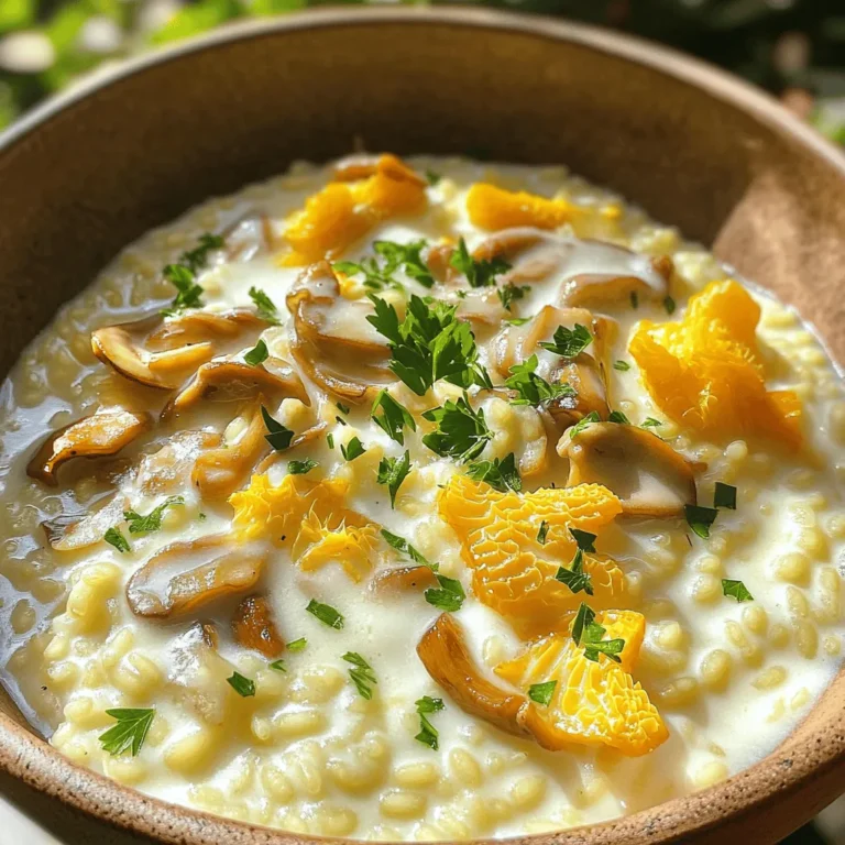 - 1 cup Arborio rice - 4 cups vegetable broth - 1 cup fresh mushrooms (such as cremini or shiitake), sliced - 1 small onion, finely chopped - 2 cloves garlic, minced - ½ cup freshly grated Parmesan cheese - 2 tablespoons olive oil - 2 tablespoons unsalted butter - ½ cup heavy cream - Salt and freshly ground black pepper to taste - Fresh parsley, chopped (for garnish) For a creamy mushroom risotto, these ingredients create a rich and tasty dish. Use Arborio rice; its starch gives risotto its signature creaminess. Fresh mushrooms add depth and flavor, while the Parmesan cheese makes it rich and savory. Don't forget the fresh parsley for a pop of color! - Large heavy-bottomed skillet - Medium saucepan - Wooden spoon or spatula - Ladle - Measuring cups and spoons - Knife and cutting board These tools help you make the perfect risotto. A heavy skillet allows even heating, while a wooden spoon helps stir the rice gently. A ladle makes it easy to add broth one cup at a time. - Arborio rice: You can use Carnaroli or Vialone Nano rice. - Vegetable broth: Chicken broth works well too. - Fresh mushrooms: You can swap with dried mushrooms. Just rehydrate them first. - Heavy cream: Use half and half for a lighter version. These substitutions keep the dish flavorful and creamy. Adjust them based on what you have at home. Don't worry; the risotto will still taste amazing. For the full recipe, refer to the section above. Start by gathering all your ingredients. This makes cooking smooth and easy. Measure 1 cup of Arborio rice and set it aside. Slice 1 cup of fresh mushrooms, like cremini or shiitake. Finely chop 1 small onion and mince 2 cloves of garlic. Grate ½ cup of Parmesan cheese. Lastly, have your vegetable broth ready, warming it in a saucepan over low heat. In a large skillet, heat 2 tablespoons of olive oil and 1 tablespoon of unsalted butter over medium heat. When the butter melts, add the chopped onion. Cook for about 5 minutes until it looks clear. Don’t rush; this step builds flavor. Next, stir in the minced garlic and sliced mushrooms. Cook for another 5 minutes. Wait until the mushrooms are soft and brown. Add a pinch of salt and pepper to bring out their taste. Now, it’s time to add the Arborio rice. Stir it in and toast it for 1-2 minutes. This helps the rice soak up all the lovely flavors. Start adding the warm vegetable broth one ladle at a time. Stir it often and wait until most of the liquid is gone before adding more. Keep this up for about 18-20 minutes. You want the rice creamy and tender but still firm. When the rice is just right, take the skillet off the heat. Mix in the last tablespoon of butter, heavy cream, and grated Parmesan cheese. Stir until everything is smooth and creamy. Taste it, and add more salt or pepper if you like. Let the risotto sit for a couple of minutes to thicken slightly. For a beautiful finish, serve the risotto in shallow bowls. Top each bowl with fresh parsley and extra Parmesan. A drizzle of olive oil will make it shine. Enjoy your creamy mushroom risotto! For a full recipe, check out the [Full Recipe]. To get that rich, creamy texture in your risotto, use Arborio rice. This rice type has a high starch content. As you cook, stir the rice often. This stirring helps release the starch, making the dish creamy. Always add warm broth slowly, one ladle at a time. Wait until most of the liquid absorbs before adding more. This method keeps the rice cooked evenly and absorbs flavors well. Mixing in heavy cream and Parmesan cheese at the end adds richness and depth. One common mistake is to rush the cooking process. Don't add all the broth at once. This can lead to uneven cooking and a grainy texture. Another mistake is not stirring enough. Stirring helps develop creaminess, so don’t skip it. Also, avoid using cold broth. Keeping your broth warm helps maintain the cooking temperature. Lastly, do not skip the resting time at the end. Letting the risotto sit for a few minutes helps it thicken properly. For a stunning presentation, serve the risotto in shallow bowls. Top with freshly chopped parsley and extra Parmesan. A drizzle of olive oil adds shine and flavor. Pair it with a crisp green salad or crusty bread to balance the meal. If you want to impress, serve with a glass of white wine. You can find the full recipe for this dish to make it easy for your dinner guests! {{image_4}} To make a vegan version, swap the butter and cheese. Use plant-based butter and nutritional yeast. These changes keep the creamy texture and add a nutty flavor. Replace heavy cream with coconut cream or unsweetened almond milk for richness. This vegan creamy mushroom risotto keeps all the delicious taste. If you need a gluten-free option, use gluten-free vegetable broth. The Arborio rice is naturally gluten-free, so it works perfectly. Check that any added ingredients, like broth, are also gluten-free. You can still enjoy a creamy risotto without any gluten. Add more depth to your risotto with different herbs. Fresh thyme or rosemary can enhance the flavors. You can also mix in a splash of white wine before adding broth for a hint of acidity. For a spicy kick, try red pepper flakes. Experiment with these additions to find your perfect combination. For the full recipe, check out the original instructions, and enjoy a creamy mushroom risotto that suits your taste! To store leftover risotto, first let it cool. Place it in an airtight container. This keeps the risotto fresh and prevents it from drying out. You can store it in the fridge for up to three days. If you want to keep it longer, freezing is a great option. When you're ready to enjoy leftover risotto, add a splash of broth or water. Heat it gently on the stove over low heat. Stir often to keep it creamy. You can also use the microwave. Just cover the dish and heat in short bursts. Stir in between to avoid uneven heating. For freezing, portion the risotto into smaller containers. This makes it easy to thaw only what you need. Label each container with the date. Risotto can stay in the freezer for up to three months. To thaw, place it in the fridge overnight before reheating. This way, you can enjoy your creamy mushroom risotto whenever you crave it! For the full recipe, check the main section above. The best type of rice for risotto is Arborio rice. It has a high starch content. This starch makes your risotto creamy and rich. Other good options are Carnaroli and Vialone Nano. These varieties also provide great texture. You can find them in most grocery stores or online. You can make risotto in advance, but it may lose some creaminess. It’s best to serve risotto fresh. If you must make it ahead, cook it until just al dente. Store it in an airtight container and refrigerate. When ready to serve, reheat it gently and add a splash of broth or cream. This helps restore its creamy texture. You’ll know the risotto is done when it’s creamy and the rice is al dente. The rice should be tender but still have a slight bite. Stir the risotto as it cooks. This helps release the starch. Taste a bit towards the end of cooking. If it feels soft but firm, it’s ready. Follow the cooking time in the Full Recipe for best results. This blog post covered key elements for making delicious risotto. We explored essential ingredients, tools, and even how to make substitutions. I walked you through each step, from prepping to final touches. Tips and tricks helped ensure creamy perfection. We also discussed tasty variations and smart storage methods. Keep these insights in mind for your next risotto. Cooking can be fun and simple when you follow these steps. Enjoy creating your own unique risotto dishes!