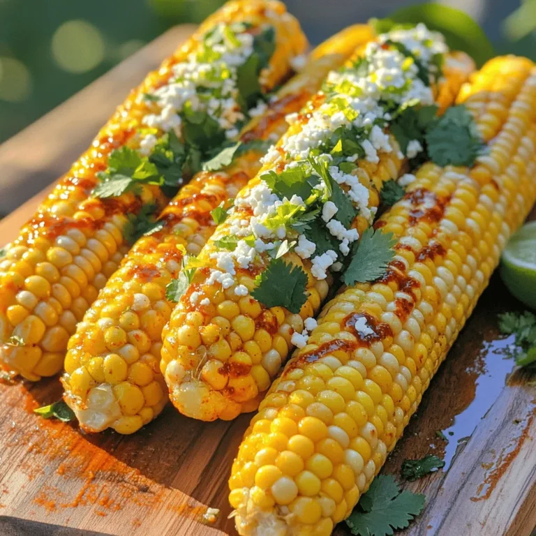 - 4 ears of sweet corn, husked - 2 tablespoons extra virgin olive oil - 1 teaspoon chili powder - 1/2 teaspoon garlic powder - 1/2 teaspoon smoked paprika - Zest and juice of 1 fresh lime - 1/4 cup cotija cheese, crumbled (or substitute with feta cheese) - A handful of fresh cilantro, finely chopped, for garnish - Sea salt and freshly ground black pepper, to taste - Lime wedges for serving - Additional spices for enhanced flavor Fresh sweet corn tastes better. It is sweet, juicy, and crisp. When you bite into it, you get a burst of flavor. Fresh lime adds brightness. Its zesty notes enhance the corn’s sweetness. Using fresh spices gives the dish depth. Spices like chili powder and smoked paprika add heat and smokiness. They make this dish exciting and full of life. When you use fresh ingredients, you create a dish that sings with flavor. You can check out the Full Recipe for more details on making Chili Lime Corn on the Cob. - Preheat your grill to medium-high heat. This is key for great charring. - In a small bowl, mix together the olive oil, chili powder, garlic powder, smoked paprika, lime zest, lime juice, sea salt, and black pepper. Whisk until smooth. This will be your chili lime dressing. - Take each ear of corn and coat it with about half of the dressing. Make sure all sides get flavor. - Place the corn on the grill. Cook for 10-12 minutes. Turn the corn every few minutes. You want nice char marks and tender kernels. - After grilling, remove the corn using tongs. Brush the rest of the chili lime dressing on each ear. This adds even more flavor. - While still hot, sprinkle crumbled cotija cheese on the corn. It will stick well to the dressing. - Finally, garnish with chopped cilantro. This adds a fresh touch. For a full recipe, check out the detailed instructions in the article. - To grill corn perfectly, soak the ears in water for 30 minutes. This helps keep them moist. - Use a medium-high heat for the grill. A hot grill gives you the best char. - Turn the corn every few minutes. This ensures all sides cook evenly and get that nice char. - Avoid cooking corn for too long. Overcooking makes it tough. Aim for 10-12 minutes on the grill. - Pair your chili lime corn with grilled chicken or fish. The flavors complement each other well. - Serve the corn on a rustic wooden board. It adds a nice touch to your summer table. - Add lime wedges on the side. Guests can squeeze extra lime juice on their corn. - For a pop of color, sprinkle more cilantro on top when serving. - For the perfect char, don’t rush. Let the corn sit on the grill for a few moments. - Make sure to coat the corn well with the dressing before grilling. This helps the cheese stick later. - If using cotija cheese, sprinkle it on while the corn is hot. The heat helps it adhere better. - Don’t forget to brush on more dressing after grilling. It boosts the flavor and keeps it moist. For more details on creating this dish, check out the Full Recipe. {{image_4}} To add heat, I love mixing in jalapeños. You can chop them finely and sprinkle them on top. You can also drizzle hot sauce over the corn for a spicy kick. Try using different chili powders like chipotle or cayenne for unique flavors. For a tasty twist, experiment with different cheeses. Feta adds a tangy bite, while Parmesan gives a nutty flavor. You can also mix in fresh herbs like basil or mint. These add brightness and depth to the dish. If you can't grill, try oven-roasting the corn. Preheat your oven to 400°F (200°C). Wrap the corn in foil and roast for about 20-25 minutes. You can also use a stovetop grill pan. Heat it over medium heat and follow the same cooking steps. Both methods create delicious results! For more detailed steps, check the Full Recipe. To keep leftover chili lime corn fresh, refrigeration is key. First, let the corn cool down. Then, wrap each ear in plastic wrap. This keeps moisture in and prevents it from drying out. You can also place the corn in an airtight container. This method protects the corn from strong smells in the fridge. When reheating, aim to keep the flavor intact. The best way is to use a grill. Preheat the grill to low. Place the corn on the grill for about 5 minutes, turning it often. This method revives the corn’s juicy taste. If you prefer the microwave, wrap the corn in a damp paper towel. Heat it for 30 seconds to 1 minute. Check often to avoid overcooking. For freezing, first, let the corn cool completely. Wrap each ear in plastic wrap. Then, place the wrapped corn in a freezer bag. Remove as much air as possible before sealing. When you're ready to enjoy it, take the corn out of the freezer. Thaw it in the fridge overnight. To reheat, follow the grilling method mentioned earlier. This helps bring back the fresh flavors. Chili lime corn on the cob is a delightful summer dish. It features sweet corn slathered in a spicy and tangy dressing. The mix of chili powder and fresh lime juice gives it a vibrant kick. This dish tastes bright and zesty, making it perfect for barbecues. The cotija cheese adds a creamy texture, balancing the spice. Fresh cilantro on top adds color and a fresh taste. Together, these flavors create a fun and tasty side dish. Yes, you can easily make this dish vegan. Instead of cotija cheese, use a plant-based cheese or skip it entirely. You can also replace the olive oil with avocado oil for a similar flavor. This way, you keep the dish tasty while making it dairy-free. Enjoy the zesty flavors without the cheese if you prefer. It still tastes great with the chili lime dressing. To boost the flavor, try adding more chili powder for extra heat. You can also mix in some cayenne pepper for a spicy kick. Squeeze more lime juice over the corn just before serving for added brightness. For a smoky twist, consider using smoked chili powder instead of regular. You can also add fresh herbs, like basil or mint, to create new flavor layers. Each change can make your corn on the cob even more exciting. This article shared a simple, tasty recipe for chili lime corn on the cob. You learned about essential and optional ingredients, the benefits of fresh items, and step-by-step cooking instructions. I also included tips for serving and common mistakes to avoid. Fresh, flavorful corn elevates your meals, while variations keep it exciting. Enjoy experimenting with this dish, making it your own, and sharing it with others. Happy grilling!