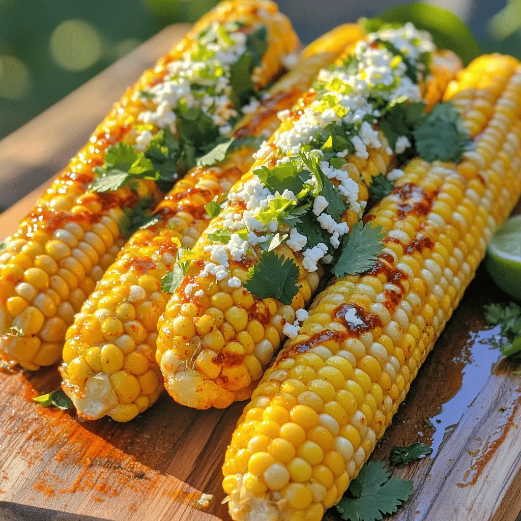 - 4 ears of sweet corn, husked - 2 tablespoons extra virgin olive oil - 1 teaspoon chili powder - 1/2 teaspoon garlic powder - 1/2 teaspoon smoked paprika - Zest and juice of 1 fresh lime - 1/4 cup cotija cheese, crumbled (or substitute with feta cheese) - A handful of fresh cilantro, finely chopped, for garnish - Sea salt and freshly ground black pepper, to taste - Lime wedges for serving - Additional spices for enhanced flavor Fresh sweet corn tastes better. It is sweet, juicy, and crisp. When you bite into it, you get a burst of flavor. Fresh lime adds brightness. Its zesty notes enhance the corn’s sweetness. Using fresh spices gives the dish depth. Spices like chili powder and smoked paprika add heat and smokiness. They make this dish exciting and full of life. When you use fresh ingredients, you create a dish that sings with flavor. You can check out the Full Recipe for more details on making Chili Lime Corn on the Cob. - Preheat your grill to medium-high heat. This is key for great charring. - In a small bowl, mix together the olive oil, chili powder, garlic powder, smoked paprika, lime zest, lime juice, sea salt, and black pepper. Whisk until smooth. This will be your chili lime dressing. - Take each ear of corn and coat it with about half of the dressing. Make sure all sides get flavor. - Place the corn on the grill. Cook for 10-12 minutes. Turn the corn every few minutes. You want nice char marks and tender kernels. - After grilling, remove the corn using tongs. Brush the rest of the chili lime dressing on each ear. This adds even more flavor. - While still hot, sprinkle crumbled cotija cheese on the corn. It will stick well to the dressing. - Finally, garnish with chopped cilantro. This adds a fresh touch. For a full recipe, check out the detailed instructions in the article. - To grill corn perfectly, soak the ears in water for 30 minutes. This helps keep them moist. - Use a medium-high heat for the grill. A hot grill gives you the best char. - Turn the corn every few minutes. This ensures all sides cook evenly and get that nice char. - Avoid cooking corn for too long. Overcooking makes it tough. Aim for 10-12 minutes on the grill. - Pair your chili lime corn with grilled chicken or fish. The flavors complement each other well. - Serve the corn on a rustic wooden board. It adds a nice touch to your summer table. - Add lime wedges on the side. Guests can squeeze extra lime juice on their corn. - For a pop of color, sprinkle more cilantro on top when serving. - For the perfect char, don’t rush. Let the corn sit on the grill for a few moments. - Make sure to coat the corn well with the dressing before grilling. This helps the cheese stick later. - If using cotija cheese, sprinkle it on while the corn is hot. The heat helps it adhere better. - Don’t forget to brush on more dressing after grilling. It boosts the flavor and keeps it moist. For more details on creating this dish, check out the Full Recipe. {{image_4}} To add heat, I love mixing in jalapeños. You can chop them finely and sprinkle them on top. You can also drizzle hot sauce over the corn for a spicy kick. Try using different chili powders like chipotle or cayenne for unique flavors. For a tasty twist, experiment with different cheeses. Feta adds a tangy bite, while Parmesan gives a nutty flavor. You can also mix in fresh herbs like basil or mint. These add brightness and depth to the dish. If you can't grill, try oven-roasting the corn. Preheat your oven to 400°F (200°C). Wrap the corn in foil and roast for about 20-25 minutes. You can also use a stovetop grill pan. Heat it over medium heat and follow the same cooking steps. Both methods create delicious results! For more detailed steps, check the Full Recipe. To keep leftover chili lime corn fresh, refrigeration is key. First, let the corn cool down. Then, wrap each ear in plastic wrap. This keeps moisture in and prevents it from drying out. You can also place the corn in an airtight container. This method protects the corn from strong smells in the fridge. When reheating, aim to keep the flavor intact. The best way is to use a grill. Preheat the grill to low. Place the corn on the grill for about 5 minutes, turning it often. This method revives the corn’s juicy taste. If you prefer the microwave, wrap the corn in a damp paper towel. Heat it for 30 seconds to 1 minute. Check often to avoid overcooking. For freezing, first, let the corn cool completely. Wrap each ear in plastic wrap. Then, place the wrapped corn in a freezer bag. Remove as much air as possible before sealing. When you're ready to enjoy it, take the corn out of the freezer. Thaw it in the fridge overnight. To reheat, follow the grilling method mentioned earlier. This helps bring back the fresh flavors. Chili lime corn on the cob is a delightful summer dish. It features sweet corn slathered in a spicy and tangy dressing. The mix of chili powder and fresh lime juice gives it a vibrant kick. This dish tastes bright and zesty, making it perfect for barbecues. The cotija cheese adds a creamy texture, balancing the spice. Fresh cilantro on top adds color and a fresh taste. Together, these flavors create a fun and tasty side dish. Yes, you can easily make this dish vegan. Instead of cotija cheese, use a plant-based cheese or skip it entirely. You can also replace the olive oil with avocado oil for a similar flavor. This way, you keep the dish tasty while making it dairy-free. Enjoy the zesty flavors without the cheese if you prefer. It still tastes great with the chili lime dressing. To boost the flavor, try adding more chili powder for extra heat. You can also mix in some cayenne pepper for a spicy kick. Squeeze more lime juice over the corn just before serving for added brightness. For a smoky twist, consider using smoked chili powder instead of regular. You can also add fresh herbs, like basil or mint, to create new flavor layers. Each change can make your corn on the cob even more exciting. This article shared a simple, tasty recipe for chili lime corn on the cob. You learned about essential and optional ingredients, the benefits of fresh items, and step-by-step cooking instructions. I also included tips for serving and common mistakes to avoid. Fresh, flavorful corn elevates your meals, while variations keep it exciting. Enjoy experimenting with this dish, making it your own, and sharing it with others. Happy grilling!