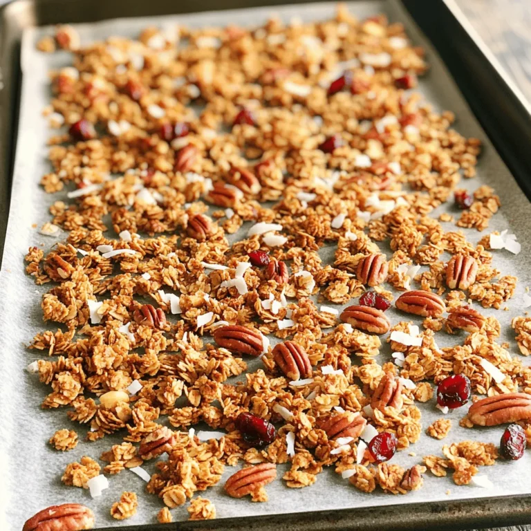 - 2 cups rolled oats - 1 cup pecans, roughly chopped - 1/2 cup pure maple syrup These key ingredients create the base for your granola. Rolled oats give it a hearty texture, while chopped pecans add a rich, nutty flavor. The pure maple syrup acts as a natural sweetener. It brings a lovely, warm taste that pairs perfectly with the nuts. - 1/2 cup shredded coconut - 1/2 cup dried cranberries or raisins Adding shredded coconut gives a tropical twist. If you want some sweetness, mix in dried cranberries or raisins. These optional ingredients add texture and bursts of flavor to your granola. Using pure maple syrup is crucial. It enhances flavor and is healthier than processed sugars. Fresh nuts and oats are also important. They provide better taste and crunch. Always check for freshness when you shop. Good ingredients lead to great meals. You can find the full recipe that brings all these flavors together, making your granola truly special. 1. Preheat your oven to 300°F (150°C). This helps the granola bake evenly. 2. Line a large baking sheet with parchment paper. This ensures no sticking. 3. In a large bowl, combine: - 2 cups rolled oats - 1 cup pecans, roughly chopped - 1/2 cup shredded coconut (optional) - 1/2 teaspoon ground cinnamon - 1/4 teaspoon sea salt 4. Mix well until all the dry ingredients are combined. 1. In a separate bowl, whisk together: - 1/2 cup pure maple syrup - 1/4 cup melted coconut oil - 1/2 teaspoon pure vanilla extract 2. Stir until smooth and well mixed. 3. Drizzle this wet mixture over the dry ingredients. 4. Mix thoroughly until everything is coated. 1. Spread the granola mix onto the prepared baking sheet. 2. Press it down gently to form a compact layer. This helps with crunchiness. 3. Bake for 25-30 minutes. Stir halfway through to toast it evenly. 4. Watch for a golden brown color and a rich aroma. 5. Once done, remove it from the oven and let it cool completely. 6. As it cools, it hardens into a satisfying crunch. 7. If using, mix in dried cranberries or raisins once cool. 8. Store your granola in an airtight container for freshness. For the full recipe, check the [Full Recipe]. To get that perfect crunch in your granola, spacing on the baking sheet is key. Spread your granola out in a thin, even layer. This allows hot air to circulate and crisp all the pieces. Stirring the granola while it bakes also helps. At the halfway mark, give it a gentle stir. This ensures every bit gets that golden toast. You can easily adjust the sweetness of your granola. If you like it sweeter, add more maple syrup. If you prefer less, just cut back a bit. Adding nuts or seeds brings more variety to your mix. Try walnuts, almonds, or even pumpkin seeds for a different crunch. Granola is great on its own, but you can make it even better. Pair it with yogurt or milk for a tasty breakfast. You can also sprinkle it on smoothies for added texture. The options are endless! For more ideas, check out the Full Recipe. {{image_4}} You can change up the flavor of your Maple Pecan Granola to keep it exciting. One fun option is to add chocolate chips. Just mix in about 1/2 cup of dark chocolate chips after baking. This gives you a sweet twist. Another idea is to add spices like nutmeg or cardamom. Start with 1/4 teaspoon of each spice. These spices can make your granola warm and cozy. They add depth and make each bite special. If you need a gluten-free option, use certified gluten-free oats. This way, everyone can enjoy your crunchy treat. Just check the label to be sure. For vegan modifications, replace the honey with extra maple syrup. You can also use a plant-based oil. This keeps the recipe vegan and just as delicious. Maple Pecan Granola is very versatile. You can use it as a topping for desserts. Sprinkle it over ice cream or yogurt for added crunch. It makes your desserts feel fancy and fun. Another great way to enjoy granola is to add it to breakfast bowls. Mix it with yogurt and fresh fruit. This creates a tasty and healthy breakfast. You can also enjoy it with milk for a quick snack. Feel free to explore these variations to make your Maple Pecan Granola your own! For the full recipe, check out the steps I shared earlier. To keep your maple pecan granola fresh, use an airtight container. Glass jars work great. They help keep out air and moisture. Store your granola at room temperature. A cool, dry place in your kitchen is best. Avoid direct sunlight to keep the flavors intact. Homemade granola lasts about two weeks when stored properly. After that, it may lose its taste and crunch. Look for signs of spoilage, like a stale smell or off flavors. If you see mold or any color changes, throw it away. If your granola loses its crunch, don’t fret! You can easily fix it. Spread the granola on a baking sheet. Bake it at 300°F (150°C) for about 10 minutes. Keep an eye on it to avoid burning. This method brings back the crunchiness, making your snack enjoyable again! To make this granola, first gather your ingredients. You need rolled oats, chopped pecans, and pure maple syrup. I mix dry ingredients in one bowl and wet ones in another. Then, I combine both and spread them on a baking sheet. Bake at 300°F for 25-30 minutes, stirring halfway. Let it cool completely, and it will get crunchy. You can add many fun mix-ins to your granola! Here are some ideas: - Shredded coconut - Dried cranberries - Raisins - Chocolate chips - Pumpkin seeds Feel free to get creative! You can mix and match to find your favorite combination. Yes, Maple Pecan Granola has many health benefits. Here’s why: - Rolled oats provide fiber, which helps digestion. - Pecans add healthy fats and protein. - Pure maple syrup offers natural sweetness without refined sugar. - Coconut contributes healthy fats and adds flavor. These ingredients make this snack both tasty and good for you. Maple pecan granola is simple and fun to make. We covered key ingredients like rolled oats and pure maple syrup. You learned how to combine them and achieve the right crunch. Remember to store your granola properly for the best taste. Try different flavors and add-ins to make it your own. Enjoy your delicious, homemade granola with yogurt or in snacks. It's a great treat that you can adapt to your style. Happy cooking!