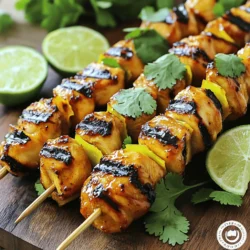 - 1 pound boneless, skinless chicken thighs, cut into 1-inch cubes - 1/4 cup coconut milk - 2 tablespoons soy sauce - 2 tablespoons honey - 1 tablespoon sriracha sauce (adjust to your spice preference) - 1 tablespoon fish sauce - 1 teaspoon freshly grated ginger - 2 garlic cloves, finely minced - 1 teaspoon fresh lime juice For this recipe, I love using boneless, skinless chicken thighs. They stay juicy and tender when grilled. The marinade is where the magic happens. Coconut milk gives a creamy base, while soy sauce adds umami. Honey brings sweetness, and sriracha adds heat. Fish sauce adds depth to the flavor. - A handful of fresh cilantro leaves, for garnish - Lime wedges, for an additional zing Garnishes make a big difference in how your dish looks and tastes. Fresh cilantro adds a burst of color and freshness. Lime wedges give a tangy kick that brightens the flavors of the skewers. I always encourage you to use them! - Wooden or metal skewers - Grill or grill pan You can use either wooden or metal skewers, but if you choose wooden ones, soak them in water first. This stops them from burning on the grill. A grill or grill pan is essential for that perfect char on the chicken. It gives the skewers a delicious smoky flavor that everyone will love. For the full recipe, check out the details above! To make the chicken juicy and tasty, we need a good marinade. Start by mixing these ingredients in a bowl: - 1/4 cup coconut milk - 2 tablespoons soy sauce - 2 tablespoons honey - 1 tablespoon sriracha sauce - 1 tablespoon fish sauce - 1 teaspoon freshly grated ginger - 2 garlic cloves, finely minced - 1 teaspoon fresh lime juice Whisk them well until smooth. Next, add 1 pound of cubed chicken thighs to the marinade. Stir to coat the chicken evenly. Cover the bowl and put it in the fridge. Marinate for at least 1 hour for good flavor. If you have time, let it sit for up to 4 hours. This wait makes the chicken more flavorful and tender. If you’re using wooden skewers, soak them in water for 30 minutes. This step stops them from burning on the grill. While they soak, preheat your grill to medium-high heat. Once soaked, take the skewers out of the water. Start threading the marinated chicken pieces onto the skewers. Make sure to leave a small gap between each piece. This gap helps the chicken cook evenly. Now it's time to grill! Place the skewers on the hot grill. Grill for about 10 to 12 minutes. Be sure to turn them occasionally. This helps them cook evenly and get those nice grill marks. To check if the chicken is done, use a meat thermometer. The chicken should reach an internal temperature of 165°F. When it is cooked, take the skewers off the grill and let them rest for a few minutes. This resting time makes the chicken juicy and delicious. Serve your sweet and spicy Thai chicken skewers with garnishes like fresh cilantro and lime wedges. Enjoy these tasty bites! For the full recipe, check out the detailed instructions above. To get the best taste, marinate the chicken for at least one hour. For deeper flavors, aim for four hours. This lets the chicken soak up the marinade. If you like more heat, add extra sriracha. Just a little can boost the spice without overpowering the dish. If grilling isn’t an option, you can bake or broil the skewers. Baking works well at 400°F for about 20 minutes. Broiling gives a nice char; just keep an eye on them. Make sure to turn the skewers halfway through cooking. This ensures even cooking and great flavor. For a festive look, serve the skewers on a bright plate. Arrange lime wedges and cilantro around them. This adds color and freshness. You can also use skewers to create shapes or patterns on the plate. Garnishes like sesame seeds or sliced chilies can add a fun touch, too. {{image_4}} You can switch up the protein for a new taste. Shrimp or tofu work great in this recipe. Shrimp cooks quickly and adds a nice flavor. Tofu soaks in the marinade well and is perfect for a vegetarian option. If you want to change the marinade, you can try a peanut sauce. Just mix peanut butter, soy sauce, and a bit of lime juice. This adds a creamy texture and nutty flavor to your skewers. Or, use a teriyaki sauce for a sweeter taste. Both options keep the dish exciting and fresh. These skewers pair well with rice or noodles. Serving them on a bed of jasmine rice soaks up the sauce. You can also toss them with stir-fried noodles for a hearty meal. Adding vegetables to the skewers makes them colorful and healthy. Bell peppers, onions, or zucchini work well. Just cut them into bite-sized pieces and add them to the skewers. This not only adds flavor but also makes the dish more appealing. You can find the full recipe [here]. After enjoying your sweet and spicy Thai chicken skewers, you may have some leftovers. First, let the skewers cool down to room temperature. This step is important. Placing hot food directly into the fridge can raise the temperature inside, which is not safe. For storage, use airtight containers. Glass or plastic containers work well. Make sure they are sealed tightly to keep the chicken fresh. Store the skewers in the fridge for up to three days. If you want to keep them longer, consider freezing them. Wrap each skewer in plastic wrap and place them in a freezer bag. They can last up to three months in the freezer. To enjoy your leftover skewers, reheating them properly is key. The best method is to use an oven or an air fryer. Preheat your oven to 350°F. Place the skewers on a baking sheet. Heat them for about 10-15 minutes. This method keeps the chicken juicy. If you use an air fryer, set it to 350°F as well. Heat the skewers for about 5-7 minutes. Both methods help maintain the texture and flavor of your chicken skewers. Avoid using a microwave, as it can make the chicken rubbery. For extra flavor, drizzle a bit of lime juice over the reheated skewers. This simple touch can brighten the dish and enhance the taste. Yes, you can use chicken breast. Chicken breast is leaner, so it cooks faster. This means it can dry out if overcooked. Chicken thighs are juicier and more forgiving. They stay tender and flavorful, even if cooked a bit longer. If you choose breast, watch the cooking time closely. You can marinate the chicken for 1 to 4 hours. Marinating for at least 1 hour lets the flavors soak in. For a bolder taste, go for 4 hours. However, don’t marinate for more than 12 hours. The meat can become too soft and mushy if left too long. These skewers pair well with many sides. Here are some tasty options: - Jasmine rice or coconut rice - Stir-fried veggies or a fresh salad - Peanut sauce or sweet chili sauce for dipping - Cold beer or Thai iced tea to drink For a full recipe, check out the Sweet and Spicy Thai Chicken Skewers. Enjoy! You now know how to make delicious sweet and spicy Thai chicken skewers. Start with boneless chicken thighs and a tasty marinade of coconut milk, honey, and sriracha sauce. After marinating, grill your skewers and add fresh garnishes like cilantro and lime. Remember, you can swap ingredients and pair them with rice or veggies. Store leftovers carefully and reheat to keep them tasty. Enjoy making this dish for any occasion. Your friends and family will love it!