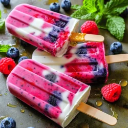 - 2 cups mixed berries (strawberries, blueberries, raspberries) - 1 cup Greek yogurt (plain or vanilla) - 1 cup almond milk (or milk of choice) The main ingredients in these popsicles are simple. Mixed berries pack a fruity punch. You can use fresh or frozen berries. Strawberries add sweetness, while blueberries and raspberries add tang. Greek yogurt makes the popsicles creamy and thick. You can choose plain yogurt for a neutral taste or vanilla for extra flavor. Almond milk keeps the mixture light, but you can swap it for any milk you like. - 2 tablespoons honey or maple syrup - 1 teaspoon pure vanilla extract For sweetness, I use honey or maple syrup. Both sweeteners blend well and add a nice taste. Adjust the amount based on how sweet you want the popsicles. The vanilla extract brings out the berry flavors. It makes each bite more enjoyable. - Fresh mint leaves Garnishing adds a lovely touch. Fresh mint leaves brighten up the popsicles. They also add a hint of freshness. You can sprinkle them on top before serving. This small step makes a big difference in presentation. For the full recipe, check the details above. First, set up your blender. Add the mixed berries, Greek yogurt, almond milk, honey, and vanilla extract. Blend all the ingredients on high. You want a smooth and creamy texture. Stop to scrape down the sides. This helps mix everything well. Taste it. If you want it sweeter, add more honey or maple syrup. Blend again until it’s just right. Next, pour the smoothie mixture into popsicle molds. Use a spoon to fill each mold to the top. Leave a little space at the top. This allows the popsicle to expand as it freezes. Once filled, take popsicle sticks and insert them right into the center. This stops them from wobbling while they freeze. Now, it’s time to freeze your popsicles. Place the molds in the freezer for at least 4 to 6 hours. This is the best time for them to freeze solid. To check if they are ready, just touch the popsicle. If it feels firm and solid, it’s done. If not, leave them in the freezer a bit longer. Once they're ready, your berry smoothie popsicles are good to go! When picking berries, fresh is best. Seasonal berries taste the sweetest. In summer, strawberries shine. Blueberries are great in late spring. Raspberries are perfect for early summer. To select ripe berries, look for bright colors. Avoid any with soft spots or mold. Smell them too; ripe berries have a sweet scent. If you can, buy local. Fresh picked berries have the best taste. Taste your smoothie mix before freezing. If it’s not sweet enough, add more honey or maple syrup. Stir well to blend in the sweetness. Start with a little, and keep tasting. You can always add, but it’s hard to take away. If you want alternatives, try agave syrup or stevia. These can offer a different flavor. Adjust until you find what you like best. For creamy popsicles, blend well. If your mix feels too thick, add a bit more milk. Blend again until smooth. If you see chunks, keep blending. If your popsicles freeze too hard, it means too much liquid. If they are icy, they may not have enough yogurt. Finding the right balance is key. Testing your mix helps you learn what works. {{image_4}} You can mix and match different fruits with your berry smoothie popsicles. Try adding bananas for creaminess. Or, use peaches for a sweet twist. Pineapple adds a tropical flair. For a berry blend, use blackberries or cranberries. You can also switch your yogurt type. Greek yogurt has a nice thick texture. If you prefer something lighter, try regular yogurt. For a tangy kick, use coconut yogurt. Each option changes the flavor and texture slightly. To make these popsicles dairy-free, substitute Greek yogurt with coconut yogurt or almond yogurt. Use oat milk or soy milk instead of almond milk. These alternatives keep the popsicles creamy without dairy. For vegan-friendly versions, ensure your sweeteners are plant-based. Use maple syrup or agave nectar. This swap keeps the recipe completely vegan while still tasting great. Want to boost nutrition? Add a handful of spinach or kale to your blend. Both greens blend well and add vitamins without changing the taste much. You can also toss in chia seeds or flaxseeds for extra fiber. Nuts like almonds or walnuts add healthy fats and a nice crunch. Just remember to keep the balance in mind, so your popsicles stay yummy! You can find the full recipe for these refreshing treats to get started. To keep your Berry Smoothie Popsicles fresh, place them in an airtight container. This helps prevent freezer burn. You can also wrap each popsicle in plastic wrap, making it easy to grab one when you want. Write the date on the container. This way, you always know how long they have been stored. These popsicles taste best when enjoyed within two months. After that, they may lose flavor and texture. Check for ice crystals on the surface. If you see these, it means they are not fresh anymore. Also, if they smell off, it’s best to toss them out. To remove popsicles from molds, run warm water on the outside of the mold for a few seconds. This helps loosen the popsicles. Gently pull on the sticks to release them. For best results, let them sit at room temperature for a couple of minutes before serving. This makes them easier to bite into! Yes, you can use frozen berries! They are often picked at peak ripeness. This means they are just as tasty as fresh berries. Frozen berries also save time. They blend smoothly and chill your popsicles faster. Just remember to let them thaw a bit before blending. This helps your blender work better. These popsicles can last up to three months in the freezer. To keep them fresh, store them in an airtight container or wrap them well. This helps prevent freezer burn. If they start to taste off or have ice crystals, it’s time to toss them. Absolutely! You can skip added sugar and still enjoy these popsicles. Use ripe fruits for natural sweetness. You can also add mashed bananas or applesauce to sweeten them. If you want a little sweetness, use stevia or monk fruit as a zero-calorie option. Berry smoothie popsicles pack a healthy punch! Here are some benefits: - Vitamins and Minerals: Berries are rich in vitamins C and K. They help boost your immune system. - Fiber: The Greek yogurt adds protein and probiotics. This supports gut health and keeps you full. - Low-Calorie Treat: Compared to store-bought pops, these are lower in sugar and calories. - Antioxidants: Berries contain antioxidants that fight inflammation and help your body. These popsicles are not just a treat; they are a smart choice for snacking! For the full recipe, check out the Berry Bliss Smoothie Popsicles. You now know how to make berry smoothie popsicles with ease. Start with fresh mixed berries and choose your favorite yogurt. Adjust the sweetness to your taste and have fun with different flavors. Remember to store them right for long-lasting treats. These popsicles are not just delicious; they also provide health benefits. Try adding greens or nuts for more nutrition. Enjoy this cool, tasty snack all summer long!