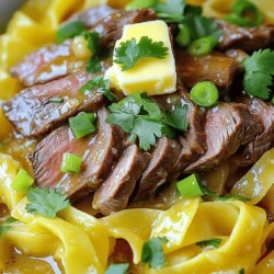 - 8 oz (230g) egg noodles - 1 lb (450g) flank steak, thinly sliced against the grain - 4 tablespoons unsalted butter, divided - 4 cloves garlic, minced - 2 tablespoons soy sauce - 1 tablespoon oyster sauce - 1 tablespoon honey - 1 teaspoon crushed red pepper flakes (adjust to taste) - 2 green onions, sliced diagonally - Salt and pepper, to taste - Fresh cilantro, for garnish (optional) If you can't find flank steak, you can use sirloin or ribeye instead. These cuts work well and stay tender. For the noodles, you can swap egg noodles with rice noodles or even spaghetti if needed. If you want to skip oyster sauce, use more soy sauce or a mix of soy and hoisin sauce. For a lighter meal, replace butter with olive oil. - 1 tablespoon = 3 teaspoons - 1 cup = 8 ounces - 1 lb = 16 ounces - 1 ounce = 28.35 grams This garlic butter steak noodles recipe is a quick and tasty meal that you can whip up anytime. It’s packed with flavor and easy to make. For the full recipe, check out the detailed instructions later in the article! To start, boil a pot of salted water. This helps season the noodles. Add 8 oz of egg noodles to the pot. Cook them according to the package instructions until they are al dente. This usually takes about 6-8 minutes. Drain the noodles, but save about ¼ cup of the pasta water. Set the noodles aside for later. While your noodles cook, take 1 lb of flank steak. Cut it into thin slices against the grain. Season the steak with salt, pepper, and 1 teaspoon of crushed red pepper flakes. Let it marinate for about 10 minutes. This will help the flavors soak in. In a large skillet, heat 2 tablespoons of unsalted butter over medium-high heat. Once it’s hot, add the steak slices. Sear them for 2-3 minutes on each side. You want a nice brown crust. When done, remove the steak from the skillet. Leave the juices in the pan; they add great flavor. In the same skillet, lower the heat to medium. Add the remaining 2 tablespoons of butter. Let it melt, then add 4 cloves of minced garlic. Sauté the garlic for about 30 seconds. Stir it constantly so it doesn’t burn. When it smells good, you’re ready for the next step. Now, add 2 tablespoons of soy sauce, 1 tablespoon of oyster sauce, and 1 tablespoon of honey to the skillet. Stir everything to mix well. Let it simmer for a minute. It should smell amazing! Toss in the cooked noodles next. Mix them well so they are coated in the sauce. If they seem dry, add a splash of the reserved pasta water. Finally, return the seared steak to the skillet. Use tongs to toss everything together gently. Make sure the steak and noodles are well mixed and heated through. Taste it! Adjust the seasoning with more salt, pepper, or crushed red pepper flakes if you like it spicier. Serve the garlic butter steak noodles hot. Garnish with sliced green onions and fresh cilantro for color and flavor. Enjoy your meal! For the full recipe, check out the recipe section. To get the best steak, start with good quality flank steak. Thin slices help the meat cook evenly. Season the meat well with salt and pepper. Let it sit for about 10 minutes. This step adds flavor and helps keep the juices inside. When you cook, use a hot skillet. This gives a nice brown crust. Sear for 2-3 minutes on each side. Aim for medium-rare for that juicy texture. Garlic butter makes this dish shine. Use fresh garlic for a strong taste. Don’t rush the garlic in the skillet; it only needs about 30 seconds. This keeps it fragrant and tasty. Add soy sauce and oyster sauce for a savory kick. Honey balances out the saltiness. If you like heat, adjust the crushed red pepper flakes to suit your taste. Toss the noodles well to coat them in the sauce. A large skillet is key for this recipe. It gives enough space for the steak to sear without crowding. A good pair of tongs helps flip the steak easily. Use a pot for boiling the noodles. This setup ensures you cook everything at the right time. A spatula is handy for mixing the noodles and steak, making it easier to serve. Check out the Full Recipe for more insights! {{image_4}} You can swap flank steak for chicken or shrimp. Chicken breast or thighs work well. Simply slice them thin and follow the same steps. For shrimp, use large, peeled ones. Sear them for about 2-3 minutes until they turn pink. The garlic butter sauce will still shine with these proteins. Adding veggies boosts flavor and nutrition. Snap peas, bell peppers, or broccoli are great choices. You can toss them in during the noodle cooking phase or sauté them with the steak. This way, you get a colorful dish that tastes amazing and is good for you. If you need a gluten-free dish, choose gluten-free noodles. Rice noodles or zucchini noodles are excellent choices. Adjust the sauces too. Use tamari instead of soy sauce. This keeps the flavors intact while making it safe for gluten-free diets. For the full recipe, check out Garlic Butter Steak Noodles. Enjoy these tasty variations! To keep your garlic butter steak noodles fresh, place them in an airtight container. Make sure to cool them down to room temperature before sealing. Store the container in the fridge. They will last for up to three days this way. When you're ready to enjoy your leftovers, reheat them gently. You can use a pan on low heat. Add a splash of water or broth to keep the noodles moist. Stir often until heated through. You can also use a microwave. Heat in short bursts, stirring in between, until warm. If you want to save some for later, freezing is a great option. Place the cooled noodles and steak in freezer bags. Squeeze out as much air as possible, then seal. They can stay in the freezer for up to three months. When you're ready to eat, thaw them in the fridge overnight before reheating. For the best texture, try to avoid freezing the dish for too long. You can use sirloin steak, ribeye, or even chicken. Each option offers a unique taste. If you want a lighter meal, try chicken breast. For a richer flavor, go for ribeye. Just remember to adjust cooking times based on the meat you choose. Yes, you can prepare the garlic butter steak noodles ahead of time. Cook the noodles and steak, then store them separately in the fridge. When ready to eat, reheat them in a skillet with a bit of butter. This keeps everything fresh and tasty. To change the spice level, simply add or reduce crushed red pepper flakes. If you want it milder, skip the flakes. Want more heat? Add a bit of chili oil or a dash of hot sauce to the sauce. Absolutely! You can swap in rice noodles, udon noodles, or even spaghetti. Just make sure to cook the noodles according to their package instructions. Each type will bring a different texture to the dish. For sides, try a simple salad or steamed veggies. The freshness will balance the rich flavors. You can also serve with garlic bread or a light soup for a complete meal. This blog post covered all the steps to make a great garlic butter steak noodle dish. We discussed key ingredients, helpful substitutions, and how to cook noodles and steak perfectly. You now have tips for flavor and storage. Remember, you can easily mix in other proteins or veggies to make this meal your own. Enjoy the cooking process and the tasty results! Cook well and share it with friends and family.
