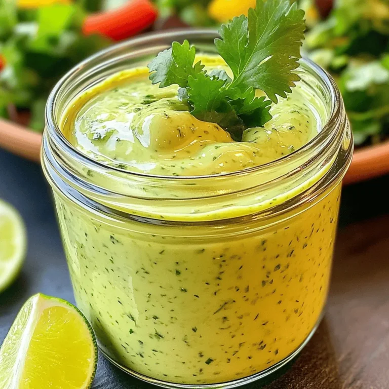 - 1 cup fresh cilantro leaves, tightly packed - 1/2 cup Greek yogurt - 1/4 cup mayonnaise - 2 tablespoons freshly squeezed lime juice - 1 tablespoon lime zest - 1 small garlic clove, finely minced - 1 teaspoon honey or agave syrup - Sea salt and freshly cracked black pepper - Water for desired consistency Choosing fresh cilantro is key. Look for bright green leaves without any wilting. The stems are also good to use; they add flavor. If you can't find Greek yogurt, plain yogurt works too. For a lighter option, use low-fat mayo or skip it for a healthier twist. You can swap mayonnaise with more yogurt for a zesty kick. - Wash and chop cilantro: Start by rinsing the cilantro under cold water. Make sure to remove any dirt. Shake off the water and chop the leaves into smaller pieces. This helps them blend better. - Prepare other ingredients: Gather the rest of your ingredients. You will need Greek yogurt, mayonnaise, lime juice, lime zest, minced garlic, honey, sea salt, and pepper. - Combine and blend ingredients: In a blender, add the chopped cilantro and the rest of the ingredients. Blend on high until the mix is smooth and creamy. You want everything well combined for the best flavor. - Adjusting thickness with water: If the dressing is too thick, add water. Start with one tablespoon. Blend again after each addition until you reach your desired creaminess. - Taste and season: After blending, taste the dressing. Add sea salt and freshly cracked black pepper if needed. Blend briefly to mix in the seasonings. - Storing and chilling the dressing: Pour the dressing into a clean jar. Seal it tightly. Chill in the fridge for at least 30 minutes. This allows the flavors to come together nicely. Be sure to check out the Full Recipe for all the details! To make your cilantro lime dressing smooth, focus on your blending technique. Start by chopping the cilantro before adding it to the blender. This helps the blades mix everything well. Blend on high speed until everything looks creamy. If it feels thick, add water one tablespoon at a time. Blend again until you reach your perfect texture. You can also adjust flavors to match your taste. If you want it tangier, add more lime juice. For sweetness, add a bit more honey. Always taste as you go. This way, you can create a dressing that’s just right for you. Cilantro lime dressing pairs well with many dishes. Drizzle it over fresh salads for a bright kick. It also works great on grilled chicken or fish. Try using it as a dip for crispy veggies or chips, too. You can even mix it into grain bowls for extra flavor. Get creative! Use this dressing in tacos or burrito bowls. You can also use it to marinate meats or tofu before cooking. This dressing adds a zesty touch to any meal. For the full recipe, check out the Full Recipe section above. {{image_4}} You can make this dressing vegan by using plant-based yogurt instead of Greek yogurt. It gives the same creamy texture. Try almond or coconut yogurt for a unique taste. You can also swap the mayonnaise with nut-based options. Cashew cream works well and adds a nice flavor. Want to spice things up? Add a pinch of cayenne pepper or smoked paprika. These spices give the dressing an extra kick. You can also infuse the dressing with different herbs. Try basil or parsley for a fresh twist. Adding zest from other citrus fruits, like orange or lemon, can brighten the flavor too. Each variation adds a new layer of taste to your creamy cilantro lime dressing. To keep your creamy cilantro lime dressing fresh, use a glass jar or an airtight container. These containers help seal in flavor and keep your dressing safe from air and moisture. When stored properly, your dressing lasts up to one week in the fridge. To avoid spoilage, always use a clean spoon when serving. Can you freeze cilantro lime dressing? Yes, you can freeze it! Just pour the dressing into an ice cube tray. Once frozen, pop the cubes into a freezer-safe bag. This way, you can thaw just what you need. To thaw, place the cubes in the fridge overnight or set them on the counter for a few hours. Use the thawed dressing on salads or as a dip for fresh veggies. Enjoy the vibrant flavor even after freezing! What can I use if I don't have cilantro? If you don't have cilantro, parsley works well. You can also try mint or basil. These herbs add a fresh taste, but they change the flavor. How long does this dressing last in the fridge? This dressing lasts about one week in the fridge. Keep it in an airtight jar for best results. Always check for any off smells before using it. Can I use dried cilantro instead of fresh? You can use dried cilantro, but fresh is best. Dried herbs have less flavor. If you use dried, use about one tablespoon for every cup. Caloric content per serving Each serving of this dressing has about 50 calories. It is light yet full of flavor. Health benefits of the ingredients used - Cilantro: Rich in antioxidants, it helps with digestion. - Greek yogurt: A good source of protein and calcium. - Lime juice: High in vitamin C, it boosts your immune system. - Garlic: Known for its heart health benefits. In summary, you've learned how to make a tasty cilantro lime dressing. We discussed the fresh ingredients, step-by-step instructions, and tips for the best flavor. Remember to try variations and serving ideas to mix things up. Store your dressing properly to enjoy it longer. With this guide, you can create a delicious dressing that enhances any meal. Enjoy your cooking and have fun experimenting with flavors!