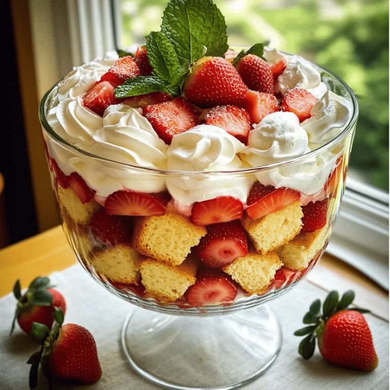 - 2 cups fresh strawberries, hulled and sliced - 2 tablespoons granulated sugar - 1 teaspoon vanilla extract - 1 pound store-bought pound cake or sponge cake, cut into bite-sized cubes - 2 cups heavy whipping cream - 1/4 cup powdered sugar - 1 teaspoon vanilla extract - Fresh mint leaves for garnish - Optional: Extra strawberries for garnish - Alternatives for fresh strawberries: You can use frozen strawberries. Just thaw and drain them well. - Options for sugar replacement: Try honey or agave syrup in place of granulated sugar. - Dairy-free cream options: Use coconut cream or almond cream for a dairy-free version. Each ingredient plays a key role in making this tasty trifle. The fresh strawberries give a sweet and juicy burst. Sugar helps those strawberries shine and enhances their flavor. The vanilla adds a warm, inviting note to the cream. The cake forms a soft base, while the whipped cream brings a light, airy touch. If you want to change things up, you can easily swap ingredients. Using frozen strawberries can save you time. Just make sure to let them drain. Honey or agave syrup can keep the sweetness but add a unique twist. For a dairy-free treat, coconut cream works well and adds a nice flavor. These simple swaps let you enjoy this dessert no matter your taste or dietary needs. Each choice still leads to a delightful Strawberry Shortcake Trifle. For the full recipe, check the earlier section. Enjoy! First, grab 2 cups of fresh strawberries. Hull and slice them into thin pieces. Place the sliced strawberries in a large bowl. Add 2 tablespoons of granulated sugar and 1 teaspoon of vanilla extract. Toss the strawberries gently until they are well coated. Let them sit for 15 to 20 minutes. This resting time allows the sugar to draw out the juice from the strawberries. You’ll see the strawberries start to glisten as they macerate. Next, take 2 cups of heavy whipping cream. In a clean mixing bowl, combine the cream with 1/4 cup of powdered sugar and 1 teaspoon of vanilla extract. Use an electric mixer on medium-high speed. Beat the mixture for about 3 to 5 minutes. Stop once you see stiff peaks form. Be careful not to overbeat, or your cream could turn grainy. The goal is fluffy and smooth whipped cream. Now it’s time to layer your trifle. Choose a clear trifle bowl or individual glasses for serving. Start with a layer of bite-sized cubes of pound cake. Spoon a layer of whipped cream over the cake. Then, add a layer of your macerated strawberries along with their juices. Repeat this layering process until you reach the top. Make sure the last layer is a generous amount of whipped cream. The clear dish will show off your beautiful layers. After assembling, cover the trifle with plastic wrap. Place it in the fridge to chill. This chilling time enhances the flavor. I suggest chilling for at least 2 hours. This allows the cake to soak up strawberry juice. The flavors will blend beautifully, making each bite a delight. To make great whipped cream, avoid overbeating. Look for stiff peaks, not grainy lumps. Start with cold cream for the best results. Mix heavy cream, powdered sugar, and vanilla together. Beat on medium-high speed for 3 to 5 minutes. Stop when peaks form and the cream is thick and smooth. This silky texture makes the trifle shine. Use clear glass cups or jars when serving. This way, guests see the beautiful layers inside. Add a sprig of mint on top for color and flavor. You can also place a few extra strawberry slices on the cream. This adds a fun touch and makes the dessert more inviting. Pair your trifle with refreshing summer drinks. Lemonade or iced tea goes well with this treat. Think about serving it at summer picnics or birthday parties. The light, fresh flavors make it perfect for warm days. For a fun twist, serve it at brunch with friends. Everyone will love this delightful dessert! For the complete recipe, check the Full Recipe section. {{image_4}} You can swap strawberries for other berries like blueberries, raspberries, or blackberries. Each fruit brings its own taste and color. For a seasonal twist, try peaches or cherries in summer. These fruits mix well with cream and cake, creating a fun new dessert. Want to change the flavor? Consider adding extracts. Almond or lemon extracts can brighten the taste. You can also add liqueurs like Amaretto or fruit-flavored syrups for extra zest. Just a little can make a big difference in flavor. For gluten-free options, use gluten-free cake or biscuits. There are many great brands to choose from. If you want a vegan version, swap heavy cream for coconut cream. Use vegan cake instead of regular cake. These swaps keep the trifle tasty while meeting dietary needs. Try these variations to create your perfect strawberry shortcake trifle. For the complete recipe, check the Full Recipe section. To keep your Strawberry Shortcake Trifle fresh, store it in the fridge. Use a large, airtight container to prevent it from drying out. If you have a trifle bowl, cover it tightly with plastic wrap. This will keep the flavors intact. If you plan to save single servings, clear glass jars work great, too. Your trifle will stay fresh in the fridge for 2 to 3 days. The flavors blend better over time, but the cake may lose some texture. To avoid sogginess, you can freeze layers before assembly. This way, you can enjoy a fresh trifle anytime you want. Just thaw the layers before putting them together. For best results, assemble the trifle the same day you plan to serve it. A Strawberry Shortcake Trifle lasts about 2-3 days in the fridge. Store it in an airtight container. The layers may soften over time, but the flavors remain tasty. Yes, you can make the trifle a day ahead. Prepare it and chill it in the fridge overnight. This allows the flavors to blend well. Just remember to add any fresh garnishes right before serving. Serve the trifle with light dishes like fruit salad or a simple green salad. Pair it with refreshing drinks such as lemonade or iced tea. These will balance the sweetness of the trifle. Yes, you can use frozen strawberries! Thaw them first and drain any extra juice. They may not be as firm, but they still taste great. Adjust the sugar based on their sweetness. Pound cake is dense and buttery, while sponge cake is light and airy. If you want a rich flavor, use pound cake. For a lighter texture, choose sponge cake. Both work well for this trifle. For the full recipe, check out the details above. This blog post detailed how to make a delicious Strawberry Shortcake Trifle. We covered essential ingredients, step-by-step instructions, and helpful tips for great results. We also explored variations and storage info to enhance your enjoyment. As you create your trifle, remember to have fun and experiment. Each layer can shine with fresh flavors. Enjoy each bite, and share this sweet treat at your next gathering! Your guests will love it, and you’ll feel proud of your creation.