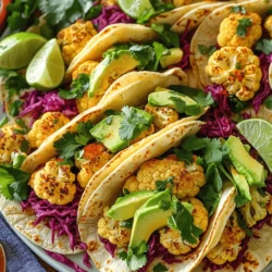 For these tasty tacos, you need just a few main ingredients: - 1 large head of cauliflower, cut into bite-sized florets - 8 small corn or flour tortillas, warmed - 1 ripe avocado, sliced into thin wedges - 1 cup red cabbage, finely shredded - 1/2 cup fresh cilantro, chopped - 1 lime, cut into wedges To make the cauliflower flavorful, use these seasonings: - 2 tablespoons extra virgin olive oil - 1 teaspoon smoked paprika - 1 teaspoon ground cumin - 1/2 teaspoon garlic powder - 1/2 teaspoon onion powder - Salt and freshly ground black pepper to taste The combination makes the cauliflower shine. When you roast it, these flavors will blend beautifully. Feel free to add some fun toppings: - Hot sauce for a spicy kick - Additional lime wedges for extra zest You can serve the tacos on a bright platter. Adding more cilantro on top makes it look great. This dish is simple but so satisfying. For the full recipe, check out the instructions above. First, set your oven to 425°F (220°C). This high heat helps the cauliflower roast well. While the oven warms, prepare your ingredients. Cut the cauliflower into bite-sized florets. Place them in a large bowl for seasoning. Drizzle 2 tablespoons of extra virgin olive oil over the florets. Sprinkle in 1 teaspoon of smoked paprika, 1 teaspoon of ground cumin, 1/2 teaspoon of garlic powder, and 1/2 teaspoon of onion powder. Add salt and pepper to taste. Toss them well until each floret is coated. Line a baking sheet with parchment paper for easy cleanup. Spread the cauliflower in a single layer on the sheet. Roast for 25-30 minutes. Stir halfway through for even browning. The cauliflower should be tender and golden brown when done. While the cauliflower roasts, heat a skillet over medium heat. Take your tortillas and warm each side for about 30 seconds. This makes them soft and flexible. You want them just warm enough to hold your tasty filling. Once the cauliflower is roasted, grab your warm tortillas. On each tortilla, place a generous scoop of the roasted cauliflower. Add sliced avocado, a handful of shredded red cabbage, and a sprinkle of chopped cilantro. Serve with lime wedges for a zesty touch. If you like it spicy, add some hot sauce on the side. For the full recipe, check out the section above. Enjoy your beautiful, tasty tacos! To make cauliflower tacos great, start by cutting the cauliflower into small, even florets. This helps them cook evenly. Roasting at 425°F (220°C) gives you a nice, crispy texture. I like to toss the florets with olive oil and spices. This coating helps them get golden and flavorful. Stir them halfway through roasting. This ensures every piece cooks well and develops a nice color. These tacos shine when served with fresh sides. I love adding a simple salad with greens and a zesty dressing. You can also try black beans for protein. They add a nice contrast in flavor and texture. If you want something crunchy, add tortilla chips with salsa. For a cooling touch, a dollop of vegan sour cream works well too. For the perfect meal, consider pairing these tacos with rice. Cilantro lime rice adds a nice twist. You can also serve roasted vegetables for added nutrients. If you enjoy a bit of heat, spicy pickled jalapeños can give your meal a kick. These additions make the meal more exciting and satisfying. For the full recipe, dive deeper into these delicious vegan cauliflower tacos! {{image_4}} You can switch up the filling to keep things fresh. Try using roasted chickpeas or black beans for added protein. Both options pack a flavor punch and add texture. You could also use jackfruit for a pulled meat-style taco. It absorbs seasonings well and gives a meaty feel. Each option brings new taste and nutrition to your meal. If you need gluten-free tacos, corn tortillas are the best choice. They are tasty and safe for those with gluten issues. You can also use lettuce wraps for a crunchy, low-carb option. Just remove the stems from large lettuce leaves. Fill them with roasted cauliflower, and you have a fresh, gluten-free taco. Want to spice things up? Add more heat with jalapeños or a spicy salsa. You could also use different seasonings like chili powder or curry powder for a unique twist. For a smoky flavor, try chipotle powder or smoked salt. Mix and match to create your perfect bite. Each change offers a new taste adventure! Check the Full Recipe for more ideas. After enjoying your vegan cauliflower tacos, you may have some leftovers. To store them, place the tacos in an airtight container. Make sure to keep the tortillas and fillings separate. This helps prevent sogginess. Store the container in the fridge for up to three days. When you're ready to enjoy your leftover tacos, reheating is simple. Heat a skillet over medium heat. Place the taco fillings in the pan and warm them for about 5 minutes. For the tortillas, you can wrap them in foil and place them in the oven at 350°F (175°C) for 10 minutes. This keeps them soft and warm. If you want to save your tacos for later, freezing is an option. To freeze, prepare the taco fillings but do not warm the tortillas. Place the cooled filling in a freezer-safe bag. Squeeze out the air and seal it tightly. You can freeze the filling for up to two months. When you're ready to eat, thaw the filling in the fridge overnight. Then, warm it up and serve it with fresh tortillas. Enjoy your tasty vegan cauliflower tacos straight from your freezer! Check out the Full Recipe for more details. Cauliflower is packed with nutrients. It is low in calories but high in fiber. This makes it great for digestion and weight loss. It also has vitamins C and K, which help your body fight illness. Cauliflower contains antioxidants, which protect your cells from damage. Plus, it is a good source of folate, which supports healthy cell growth. Yes, you can prepare these tacos ahead. Roast the cauliflower and store it in the fridge for up to three days. When you are ready to eat, reheat the cauliflower in the oven or microwave. Warm the tortillas just before serving. This way, you can enjoy fresh-tasting tacos in no time. You can easily adjust the recipe for various diets. For gluten-free eaters, use corn tortillas instead of flour. You can also swap cauliflower with other veggies like mushrooms or sweet potatoes. If you want more protein, add black beans or lentils to the filling. Make sure to check the seasoning to keep it flavorful. If you want to change up the tortillas, try lettuce wraps for a low-carb option. You could also use rice paper for a unique twist. If you prefer a grain base, use quinoa or brown rice. Each option brings its own taste and texture, making your tacos fun and exciting. These vegan cauliflower tacos offer a fun and tasty meal. We covered main ingredients, seasoning, and toppings. I shared step-by-step instructions for roasting and assembling. You learned tips for the best texture and meal pairings. We explored variations, storage methods, and even answered common questions. In closing, enjoy creating these delicious tacos. Mix and match ingredients to make them your own. Cooking should be fun and easy!