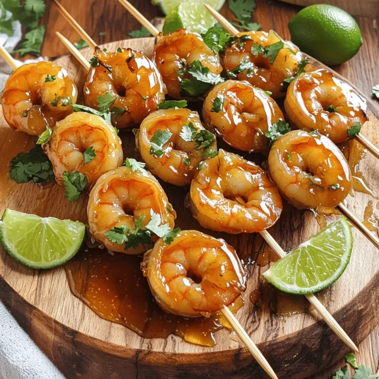 To make honey garlic shrimp skewers, you need fresh ingredients. Here’s what you will need: - 1 lb large shrimp, peeled and deveined - 1/4 cup honey - 1/4 cup low-sodium soy sauce (or regular if preferred) - 4 cloves garlic, minced - 1 tablespoon fresh ginger, finely grated - 1 tablespoon sesame oil - 1 tablespoon fresh lime juice - 1/4 teaspoon red pepper flakes (optional, for heat) - Salt and freshly ground black pepper to taste - Fresh cilantro, finely chopped (for garnish) - Wooden skewers (soaked in water for at least 30 minutes to prevent burning) These ingredients create a sweet and savory flavor that makes your shrimp shine. If you want to enhance the flavor, try these optional add-ins: - Chopped green onions - Zest of one lime - A splash of rice vinegar - Sesame seeds for garnish - A dash of chili sauce for extra heat These can add layers of taste to your skewers and make the dish your own. For the best results, choose high-quality shrimp. I recommend using: - Large or jumbo shrimp for a meaty bite - Wild-caught shrimp for flavor and sustainability - Fresh shrimp if available; frozen works well too Make sure the shrimp are peeled and deveined for ease. This way, you can focus on grilling and enjoying your meal. For the full recipe, check the detailed cooking instructions to get started on your honey garlic shrimp skewers! To create honey garlic shrimp skewers, start by gathering your ingredients. You will need shrimp, honey, soy sauce, garlic, ginger, sesame oil, lime juice, red pepper flakes, salt, and pepper. This mix makes a tasty marinade that adds rich flavors to the shrimp. 1. First, mix the honey, soy sauce, garlic, ginger, sesame oil, lime juice, and red pepper flakes in a bowl. Whisk until smooth. 2. Next, add the shrimp to the marinade. Season with salt and pepper. Toss gently to coat each shrimp well. 3. Cover the bowl with plastic wrap. Place it in the fridge for at least 30 minutes. This helps the shrimp absorb all the great flavors. The marinade is the key to these skewers. It has sweet and savory notes that blend perfectly. Honey gives a rich sweetness, while soy sauce adds saltiness. Garlic and ginger bring warmth and depth. The lime juice adds a refreshing touch. Red pepper flakes can give your dish a bit of heat if you like. Make sure to mix your marinade well. A smooth blend will coat the shrimp evenly. Letting the shrimp sit in the marinade allows the flavors to seep in. This process makes every bite delicious. Grilling the skewers right makes a big difference. Preheat your grill or grill pan over medium-high heat. Oil the grill grates lightly to stop the shrimp from sticking. When threading the shrimp onto the soaked skewers, leave space between each piece. This helps them cook evenly. Grill the shrimp for about 2-3 minutes on each side. Look for that bright pink color and opaque look. This means they are done. Let the skewers rest for a few minutes off the heat. This helps keep them juicy. Drizzle any leftover marinade over the top for extra flavor. Then, garnish with fresh cilantro before serving. You can find the full recipe in the earlier section. Enjoy your honey garlic shrimp skewers! To make your honey garlic shrimp skewers shine, focus on the marinade. Use fresh garlic and ginger for the best taste. Honey and soy sauce create a sweet and salty mix. The lime juice adds a zesty kick. Let the shrimp soak in the marinade for at least 30 minutes. This step helps the shrimp absorb all that yummy flavor. If you want some spice, add red pepper flakes. One common mistake is overcooking the shrimp. Shrimp cook fast, so watch them closely. Grill them for just 2-3 minutes on each side. They are done when they turn pink and opaque. Also, remember to soak your wooden skewers in water. This prevents them from burning on the grill. Lastly, don’t crowd the shrimp on the skewers. Leave a little space between each piece for even cooking. For this recipe, you need a few simple tools. Grab a medium mixing bowl for the marinade. A whisk helps mix the ingredients well. Use a grill or grill pan to cook the shrimp. A spatula can help flip the skewers easily. I also recommend using a meat thermometer for perfect cooking. Aim for a shrimp internal temperature of 120°F. For best results, have some fresh cilantro ready for garnish. Check out the Full Recipe for all the steps and tips! {{image_4}} You can switch up the marinade to suit your taste. Here are a few fun ideas: - Teriyaki Sauce: Use teriyaki sauce instead of soy sauce for a sweet kick. - Citrus Blend: Add orange juice and zest for a fresh twist. - Spicy Chipotle: Mix in chipotle sauce for heat and depth. - Herb Infusion: Blend fresh herbs like basil or thyme for a garden flavor. Each of these marinades brings out new tastes in your shrimp, making every meal special. Grilling is great, but you can cook these skewers in different ways. Here are some options: - Oven Baking: Place the skewers on a baking sheet and bake at 400°F for 10-12 minutes. - Stovetop Searing: Heat a skillet over medium heat and cook the shrimp for about 2-3 minutes per side. - Broiling: Set your oven to broil and cook the skewers for 2-3 minutes, turning once. These methods work well if you can't grill, and they still keep your shrimp juicy. Pairing sides with your honey garlic shrimp can elevate the meal. Here are some tasty ideas: - Steamed Rice: Serve with jasmine or brown rice to soak up the sauce. - Grilled Vegetables: Add bell peppers, zucchini, or asparagus for color and crunch. - Fresh Salad: A light cucumber and avocado salad balances the flavors. - Dipping Sauce: Consider a spicy mayo or extra honey garlic sauce for dipping. These sides not only add flavor but also make your meal look beautiful. Enjoy your cooking adventure! To keep your honey garlic shrimp skewers fresh, place them in an airtight container. Make sure the skewers cool down first. You can store them in the fridge for up to three days. This keeps the shrimp tasty and safe to eat. When you're ready to enjoy the leftovers, reheating is key. I recommend using a skillet or grill for the best flavor. Heat the skillet over medium heat. Add a bit of oil to keep the shrimp moist. Cook for 3-4 minutes until they’re warm. Avoid using the microwave, as it can make the shrimp tough. If you want to keep your skewers longer, freezing is a great option. Wrap each skewer in plastic wrap or foil. Place them in a freezer bag and remove as much air as possible. They can last up to three months in the freezer. When you're ready to eat, thaw them overnight in the fridge. Then, reheat as mentioned earlier for the best taste. For the full recipe, refer to the earlier section. You can use coconut aminos as a great soy sauce alternative. It has a sweet taste and is less salty. This option is perfect for those avoiding soy or gluten. You can also try tamari, a gluten-free soy sauce. It works well in this recipe. I recommend marinating the shrimp for at least 30 minutes. This time helps the shrimp soak up all the tasty flavors. You can marinate them for up to two hours for even more flavor. Just avoid marinating too long, as the shrimp might become mushy. Yes, you can use chicken, beef, or tofu as a protein swap. Just cut them into similar sizes for even cooking. Adjust the marinating time based on the protein. For chicken, marinate for 1-2 hours. For tofu, about 20-30 minutes works best. Each option will bring its own unique taste to the skewers. For the complete recipe, refer to the Full Recipe section. This post covers how to make honey garlic shrimp skewers. We discussed key ingredients, cooking steps, and helpful tips. You learned how to prepare marinade, grill effectively, and avoid common mistakes. We explored meal variations and storage methods to keep leftovers fresh. Remember, shrimp can be marinated longer for extra flavor. Feel free to try other proteins too. Enjoy the tasty skewers with your favorite sides. Happy cooking!