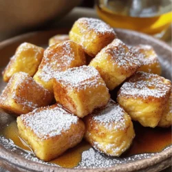 To make these tasty bites, you need some simple ingredients: - 1 can (12.5 oz) refrigerated cinnamon rolls - 2 large eggs - 1/4 cup milk - 1 teaspoon vanilla extract - 1 teaspoon ground cinnamon - 1 tablespoon granulated sugar - 2 tablespoons unsalted butter (for frying) - Maple syrup, for serving - Powdered sugar, for dusting These ingredients create a perfect blend of flavors. The cinnamon rolls give a sweet base, while the egg mixture adds a nice custard-like texture. You can make your bites look even better with some fun garnishes. Try these ideas: - Fresh berries (strawberries, blueberries) - A sprig of mint - A drizzle of caramel or chocolate sauce These add color and extra flavor. Serve maple syrup in a small bowl for easy dipping. Everyone loves to dunk! If you don’t have something on hand, here are some swaps: - Use almond milk instead of regular milk for a dairy-free option. - Try a plant-based butter if you want a vegan twist. - Replace granulated sugar with brown sugar for a richer taste. These substitutions work well and keep the recipe delicious. You can easily adapt it to fit your taste or diet needs. Check out the Full Recipe for more details! Start by preheating your skillet over medium heat. I like using a large skillet or griddle for this recipe. Add two tablespoons of unsalted butter to the skillet. Watch it melt and coat the bottom evenly. This step is key to getting that crispiness. Next, open the can of refrigerated cinnamon rolls. Be careful as you separate each roll. With a sharp knife, cut each roll into quarters. This creates bite-sized pieces that are perfect for French toast. Keep the pieces about the same size to ensure even cooking. In a medium bowl, whisk together the eggs, milk, vanilla extract, ground cinnamon, and granulated sugar. Make sure the mixture is smooth and well combined. This egg mixture will coat the cinnamon roll pieces. It adds flavor and helps them crisp up nicely. Now, take each quartered piece and dip it into the egg mixture. Make sure all sides are coated, but don’t let them soak too long. Shake off any excess liquid before cooking. Place them in the preheated skillet in a single layer. Leave enough space between each piece to avoid overcrowding. Cook for about 3-4 minutes on each side. You want them golden brown and crispy. When it's time to flip, use tongs to turn each bite carefully. Once cooked, transfer the bites to a plate lined with paper towels. This helps absorb extra grease. Just before serving, dust the warm bites with powdered sugar. Serve them with maple syrup for that sweet touch. Enjoy your Cinnamon Roll French Toast Bites! For the full recipe, check out the ingredients and instructions above. To get perfectly golden bites, watch your heat. Medium heat works best. Too high of heat can burn the outside before the inside cooks. Make sure you let each side cook for about 3-4 minutes. Look for that rich golden color. You want a crispy edge and soft inside. If you find some bites are cooking too fast, lower the heat. When flipping the bites, use tongs. This keeps them intact. Gently lift each piece to avoid splattering. Wait until they get a good color on the first side before flipping. If they stick, let them cook longer. They will release more easily when ready. Always flip carefully, as they are soft and can break apart. You can add your touch to these bites. Try mixing in chocolate chips for a sweet twist. You might also enjoy nuts for crunch. For a savory option, add herbs or cheese. You can even switch the milk for a nut milk for a different taste. Feel free to explore flavors that you love. Your bites can be as unique as you! For the full recipe, check out the main section above. {{image_4}} You can easily boost your cinnamon roll French toast bites with fun flavors. Try adding chocolate chips for a sweet twist. Just sprinkle them over the batter before cooking. They melt and make each bite extra special. You can also include nuts like chopped pecans or walnuts. Nuts add crunch and a rich taste. Mix them into the egg mixture or sprinkle them on top while cooking. If you want something less sweet, make savory bites. Use cheese and herbs for a tasty change. You can replace a few ingredients with cheese like cheddar or mozzarella. Mix in chopped green onions or fresh herbs like thyme. This gives you a new way to enjoy French toast bites. Serve with a side of ranch or herb dip for a fun snack. Maple syrup is classic, but you can try other toppings. A yogurt drizzle adds creaminess and tang. Just mix plain yogurt with a bit of honey or maple syrup. You can also use fruit preserves for a fruity flavor. They add sweetness and a nice color. Try fresh berries or banana slices on top for extra freshness. I love dusting them with powdered sugar for a pretty look. For the complete recipe, check out the Full Recipe. Store any leftover cinnamon roll French toast bites in an airtight container. This keeps them fresh and moist. Place them in the fridge within two hours of cooking. They will stay good for up to three days. If you want to enjoy them later, it is best to separate layers with parchment paper. This prevents sticking. To reheat your cinnamon roll bites, use a skillet. Heat it over low to medium heat. Add a little butter to the pan. This will help them regain their crispy texture. Cook for about 3-4 minutes on each side until warm. You can also use a microwave. Place them on a plate and cover with a damp paper towel. Heat in 30-second bursts until warmed through. You can freeze those tasty bites too! First, let them cool completely. Then, place them in a single layer on a baking sheet. Freeze for about an hour. Once frozen, transfer them to a freezer-safe bag. Remove as much air as possible. They can stay in the freezer for up to two months. When ready to eat, thaw in the fridge overnight before reheating. Check out the Full Recipe for more ideas on serving! Yes, you can prepare the bites ahead. You can cut the cinnamon rolls and mix the egg mixture earlier. Store them in the fridge until you're ready to cook. This helps save time on busy mornings. Look for a golden brown color on both sides. Each bite should feel firm and have a crispy texture. If you notice any doughy parts, give them another minute. The bites should be fully cooked and delicious. These bites pair well with many sides. Try fresh berries for a fruity touch. You can also add whipped cream or yogurt for creaminess. Maple syrup is a must for drizzling. Absolutely! Homemade cinnamon rolls add a unique flavor. Just make sure they are fully baked before cutting. This way, you will get the same tasty bites without losing any goodness. Cinnamon Roll French Toast Bites are fun and easy to make. You learned about their main ingredients, tasty garnishes, and how to prepare them step by step. I shared tips for perfect bites and fun flavor ideas. You can store leftovers safely and heat them up easily. Try making these bites today. Enjoy them with friends or family. These bites will surely impress everyone at the table!