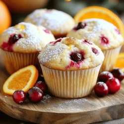 - 1 ½ cups all-purpose flour - ½ cup whole wheat flour - 1 cup fresh or frozen cranberries - ¾ cup granulated sugar - ½ cup freshly squeezed orange juice - Powdered sugar for dusting - Coconut oil or softened butter - 2 teaspoons baking powder - ½ teaspoon baking soda - ¼ teaspoon salt - 1 tablespoon orange zest - ½ cup plain Greek yogurt - 1 large egg - ½ teaspoon vanilla extract When I make cranberry orange muffins, I love using these fresh and simple ingredients. The mix of all-purpose and whole wheat flour gives them great texture. I often choose fresh cranberries for their tartness, but frozen ones work well too. The orange juice adds a bright taste. For a sweet finish, I sometimes dust the tops with powdered sugar. If I want a richer flavor, I use coconut oil or softened butter. Now, let’s talk baking. I always keep baking powder, baking soda, and salt on hand. The orange zest makes a huge difference. Adding Greek yogurt keeps the muffins moist. The egg binds everything, while vanilla extract adds warmth. You can find the full recipe later, but this ingredient list is your key to creating delicious muffins that everyone will love! - Preheat the oven to 375°F (190°C). - Prepare your muffin tin with liners or grease each cup lightly. - In a large bowl, combine: - 1 ½ cups all-purpose flour - ½ cup whole wheat flour - ¾ cup granulated sugar - 2 teaspoons baking powder - ½ teaspoon baking soda - ¼ teaspoon salt - 1 tablespoon orange zest Whisk these ingredients until they blend well. This mix gives your muffins a rich flavor. - In a separate bowl, whisk together: - ½ cup freshly squeezed orange juice - ½ cup plain Greek yogurt - 1 large egg - ½ teaspoon vanilla extract - ¼ cup melted coconut oil This mix will add moisture and tang to your muffins. - Create a well in the center of the dry mix. - Pour the wet mix into this well. - Gently fold in: - 1 cup fresh or frozen cranberries Mix gently until just combined. It’s okay if the batter is a bit lumpy. - Fill each muffin cup about three-quarters full with the batter. - Bake in your preheated oven for 18 to 20 minutes. The tops should be golden brown. - After baking, cool the muffins in the pan for 5 minutes. - Then, transfer them to a wire rack to cool completely. For a special touch, dust with powdered sugar before serving. This recipe is all about bright, fresh flavors! You can find the full recipe for these delightful muffins above. To make the best cranberry orange muffins, avoid overmixing the batter. Mix just until combined. This keeps your muffins light and fluffy. Using fresh cranberries is key for the best taste. They add bright flavor and a nice texture. If using frozen cranberries, do not thaw them. This way, they stay juicy. Enjoy these muffins warm. A pat of butter adds richness. You can also sprinkle some powdered sugar on top for a sweet touch. Pair these muffins with coffee or tea. The flavors of orange and cranberry blend well with warm drinks. For a lovely display, arrange the muffins on a rustic wooden platter. This adds charm to your table. Garnish the muffins with fresh cranberries and orange slices. This not only looks pretty but also gives a hint of the flavors inside. You can find the complete recipe for these delightful muffins in the Full Recipe section. {{image_4}} You can easily make these muffins gluten-free. Just substitute the all-purpose flour with a gluten-free blend. Look for blends that contain xanthan gum. This will help the muffins rise and hold their shape. You won't lose any flavor or texture! To make these muffins vegan, replace the egg and yogurt with plant-based alternatives. Use a flaxseed egg or applesauce for the egg. For yogurt, try coconut yogurt or any dairy-free yogurt. The muffins will still taste great and be nice and fluffy. Get creative with flavors! You can add nuts for a crunchy bite or chocolate chips for sweetness. Walnuts or pecans work well in this recipe. Mix in about a half cup for a tasty twist. These changes will give you different textures and flavors in every bite. For the full recipe, check out the detailed instructions above! Store your cranberry orange muffins in an airtight container. They stay fresh for up to 3 days. This method keeps them soft and tasty. If you want your muffins to last longer, refrigerate them. They can stay fresh for up to a week. Just make sure they are well-wrapped to keep moisture in. For longer storage, freeze the muffins. Wrap each one in plastic wrap to avoid freezer burn. You can freeze them for up to 3 months. When you're ready to eat, thaw them at room temperature before serving. This keeps them just as delicious as when they were fresh. Yes, you can use frozen cranberries without thawing. They work well in the batter. Using them frozen helps keep the muffins moist and adds a nice burst of flavor. To make your muffins less sweet, reduce the amount of sugar by up to ¼ cup. This change allows the tartness of the cranberries to shine through. You can use sour cream or a dairy-free yogurt alternative. Both options will keep the muffins moist and tender. This blog post covered how to make delicious cranberry muffins. We talked about the main ingredients, step-by-step instructions, and helpful tips. You learned about storage options and fun variations such as gluten-free or vegan choices. Remember, perfecting your muffin baking skill takes practice. Use fresh ingredients, and don't rush the mixing process. With these tips, your cranberry muffins will shine at any meal or gathering! Enjoy the baking journey!