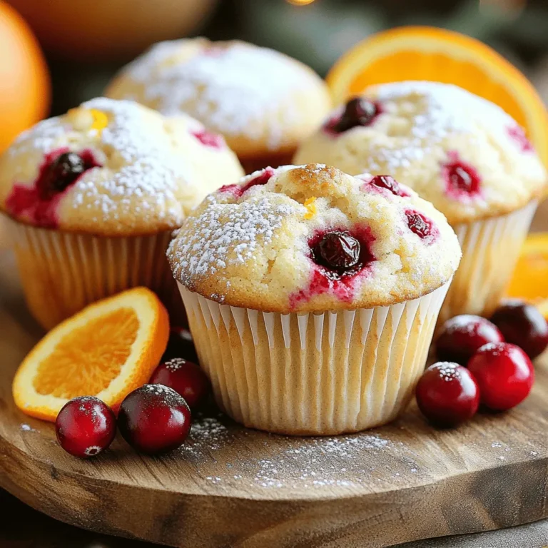 - 1 ½ cups all-purpose flour - ½ cup whole wheat flour - 1 cup fresh or frozen cranberries - ¾ cup granulated sugar - ½ cup freshly squeezed orange juice - Powdered sugar for dusting - Coconut oil or softened butter - 2 teaspoons baking powder - ½ teaspoon baking soda - ¼ teaspoon salt - 1 tablespoon orange zest - ½ cup plain Greek yogurt - 1 large egg - ½ teaspoon vanilla extract When I make cranberry orange muffins, I love using these fresh and simple ingredients. The mix of all-purpose and whole wheat flour gives them great texture. I often choose fresh cranberries for their tartness, but frozen ones work well too. The orange juice adds a bright taste. For a sweet finish, I sometimes dust the tops with powdered sugar. If I want a richer flavor, I use coconut oil or softened butter. Now, let’s talk baking. I always keep baking powder, baking soda, and salt on hand. The orange zest makes a huge difference. Adding Greek yogurt keeps the muffins moist. The egg binds everything, while vanilla extract adds warmth. You can find the full recipe later, but this ingredient list is your key to creating delicious muffins that everyone will love! - Preheat the oven to 375°F (190°C). - Prepare your muffin tin with liners or grease each cup lightly. - In a large bowl, combine: - 1 ½ cups all-purpose flour - ½ cup whole wheat flour - ¾ cup granulated sugar - 2 teaspoons baking powder - ½ teaspoon baking soda - ¼ teaspoon salt - 1 tablespoon orange zest Whisk these ingredients until they blend well. This mix gives your muffins a rich flavor. - In a separate bowl, whisk together: - ½ cup freshly squeezed orange juice - ½ cup plain Greek yogurt - 1 large egg - ½ teaspoon vanilla extract - ¼ cup melted coconut oil This mix will add moisture and tang to your muffins. - Create a well in the center of the dry mix. - Pour the wet mix into this well. - Gently fold in: - 1 cup fresh or frozen cranberries Mix gently until just combined. It’s okay if the batter is a bit lumpy. - Fill each muffin cup about three-quarters full with the batter. - Bake in your preheated oven for 18 to 20 minutes. The tops should be golden brown. - After baking, cool the muffins in the pan for 5 minutes. - Then, transfer them to a wire rack to cool completely. For a special touch, dust with powdered sugar before serving. This recipe is all about bright, fresh flavors! You can find the full recipe for these delightful muffins above. To make the best cranberry orange muffins, avoid overmixing the batter. Mix just until combined. This keeps your muffins light and fluffy. Using fresh cranberries is key for the best taste. They add bright flavor and a nice texture. If using frozen cranberries, do not thaw them. This way, they stay juicy. Enjoy these muffins warm. A pat of butter adds richness. You can also sprinkle some powdered sugar on top for a sweet touch. Pair these muffins with coffee or tea. The flavors of orange and cranberry blend well with warm drinks. For a lovely display, arrange the muffins on a rustic wooden platter. This adds charm to your table. Garnish the muffins with fresh cranberries and orange slices. This not only looks pretty but also gives a hint of the flavors inside. You can find the complete recipe for these delightful muffins in the Full Recipe section. {{image_4}} You can easily make these muffins gluten-free. Just substitute the all-purpose flour with a gluten-free blend. Look for blends that contain xanthan gum. This will help the muffins rise and hold their shape. You won't lose any flavor or texture! To make these muffins vegan, replace the egg and yogurt with plant-based alternatives. Use a flaxseed egg or applesauce for the egg. For yogurt, try coconut yogurt or any dairy-free yogurt. The muffins will still taste great and be nice and fluffy. Get creative with flavors! You can add nuts for a crunchy bite or chocolate chips for sweetness. Walnuts or pecans work well in this recipe. Mix in about a half cup for a tasty twist. These changes will give you different textures and flavors in every bite. For the full recipe, check out the detailed instructions above! Store your cranberry orange muffins in an airtight container. They stay fresh for up to 3 days. This method keeps them soft and tasty. If you want your muffins to last longer, refrigerate them. They can stay fresh for up to a week. Just make sure they are well-wrapped to keep moisture in. For longer storage, freeze the muffins. Wrap each one in plastic wrap to avoid freezer burn. You can freeze them for up to 3 months. When you're ready to eat, thaw them at room temperature before serving. This keeps them just as delicious as when they were fresh. Yes, you can use frozen cranberries without thawing. They work well in the batter. Using them frozen helps keep the muffins moist and adds a nice burst of flavor. To make your muffins less sweet, reduce the amount of sugar by up to ¼ cup. This change allows the tartness of the cranberries to shine through. You can use sour cream or a dairy-free yogurt alternative. Both options will keep the muffins moist and tender. This blog post covered how to make delicious cranberry muffins. We talked about the main ingredients, step-by-step instructions, and helpful tips. You learned about storage options and fun variations such as gluten-free or vegan choices. Remember, perfecting your muffin baking skill takes practice. Use fresh ingredients, and don't rush the mixing process. With these tips, your cranberry muffins will shine at any meal or gathering! Enjoy the baking journey!