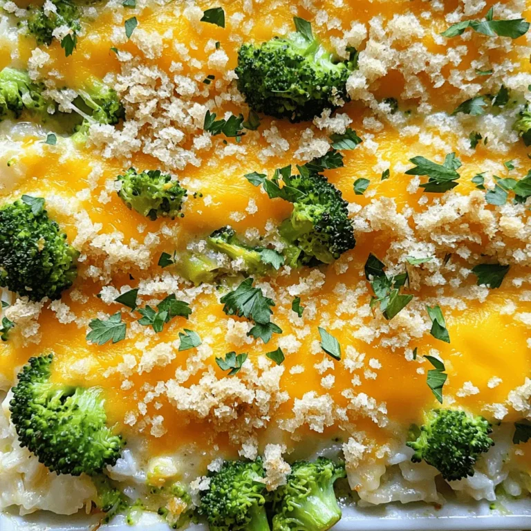 - 2 cups cooked rice - 2 cups fresh broccoli florets - 1 cup sharp cheddar cheese, shredded - 1 cup cream of mushroom soup - 1/2 cup milk - 1 small onion, finely chopped - 2 cloves garlic, minced - 1 teaspoon paprika - Optional toppings: breadcrumbs, fresh parsley When making Cheddar Broccoli Rice Casserole, I focus on simple ingredients that pack big flavor. The cooked rice serves as a hearty base, giving the dish a comforting feel. I like using fresh broccoli florets for that bright green color and crisp texture. Sharp cheddar cheese is my go-to for that rich, cheesy flavor. I always add cream of mushroom soup for creaminess and depth. Milk helps to loosen the mixture, making it smooth. Chopping onion and garlic finely ensures they blend well, adding a sweet and savory note. I recommend paprika for a hint of warmth. You can also top with breadcrumbs for a crunchy finish. Fresh parsley adds a nice touch of color and freshness when serving. This combination makes a dish that is not just tasty but also easy to prepare. For the complete recipe, check out the Full Recipe. - Preheat the oven to 350°F (175°C). - Sauté 1 small chopped onion and 2 cloves minced garlic in olive oil. Start by heating some olive oil in a large skillet. Add the chopped onion and cook for about 3-4 minutes. You want the onion to become soft and clear. Then, add the minced garlic and cook for another minute. This step makes your kitchen smell amazing! - Incorporate 2 cups of broccoli florets and sauté briefly. - Mix 2 cups cooked rice, the sautéed vegetables, 1 cup cream of mushroom soup, 1/2 cup milk, and spices. Next, add the broccoli florets to the skillet. Sauté them for 2-3 minutes. We want them tender but still bright green. After this, take a big bowl. Combine the cooked rice, sautéed veggies, cream of mushroom soup, milk, and 1 teaspoon paprika. Don’t forget to season with salt and black pepper. Mix it all up until well combined. - Transfer mixture to a baking dish. - Top with reserved cheddar cheese and optional breadcrumbs. - Bake for 25-30 minutes until golden brown. Now, pour the mixture into a greased baking dish. Spread it evenly. Sprinkle the remaining cheddar cheese on top. If you like some crunch, add breadcrumbs. Place it in the oven and bake for 25-30 minutes. Look for that golden brown color on top. Your Cheddar Broccoli Rice Casserole will be warm and cheesy, ready to enjoy! To cook rice just right, I suggest using the absorption method. This method gives you fluffy rice without clumps. Use two cups of water for every cup of rice. Bring water to a boil, add the rice, cover, and simmer on low. This helps the rice absorb water evenly. For broccoli, keep it vibrant by sautéing it briefly. Cook it for just 2-3 minutes until it turns bright green. This way, it stays crisp and colorful in the casserole. To boost flavor, try adding spices like garlic powder or onion powder. A sprinkle of red pepper flakes can add a nice kick. Fresh herbs like thyme or basil can also brighten the dish. When it comes to cheese, sharp cheddar is great, but consider mixing it up. Gouda or Monterey Jack can add a creamy touch. For a strong flavor, try blue cheese. Serve the casserole hot from the oven for the best taste. If you want to impress, scoop it onto colorful plates. A drizzle of cream or an extra sprinkle of parsley makes it look lovely. Pair your casserole with a side salad for a fresh crunch. Garlic bread or steamed veggies also work well. These sides balance the cheesy goodness of the casserole. {{image_4}} You can easily make this dish fit your needs. For a gluten-free option, swap the cream of mushroom soup for a gluten-free brand. This way, you keep the same creamy taste without the gluten. If you want a vegan dish, use plant-based cheese instead of cheddar. You can also make a homemade vegan cream of mushroom soup. This keeps the flavor rich and warm without dairy. Feel free to change up the veggies. You can add carrots, peas, or bell peppers for more color and taste. If you want to switch the cheese, try mozzarella or gouda. Each cheese gives the dish a unique flavor. Just remember, sharper cheeses often add a stronger taste. Using seasonal produce can really elevate this dish. In spring, add fresh asparagus or peas. In the fall, consider using roasted squash for a sweet touch. To make a festive version for the holidays, add cranberries or nuts on top. This not only adds flavor but also creates a colorful presentation. For more detailed cooking tips, check [Full Recipe]. Let your casserole cool down before storing. This helps keep it fresh. To cool properly, leave it on the counter for about 30 minutes. Once it’s cool, cover it well with plastic wrap or foil. This keeps moisture in and prevents drying out. Store it in the fridge for up to three days. To reheat your casserole, use either an oven or microwave. For the oven, preheat it to 350°F (175°C). Place the casserole in a baking dish and cover it with foil. Heat for about 20 minutes or until hot. In the microwave, use a microwave-safe dish. Heat in 1-minute intervals, stirring in between. This keeps the flavors intact. If you want to save leftovers, freezing is a great option. First, let the casserole cool completely. Then, cut it into portions for easy meals later. Wrap each portion tightly in plastic wrap and place them in a freezer bag. This way, it can last for up to three months. To thaw, place it in the fridge overnight. Reheat as mentioned before for best results. Now you can enjoy Cheddar Broccoli Rice Casserole whenever you want! To keep your casserole moist, use enough liquid. You can add more milk or soup. Cover the dish with foil while baking to trap steam. This helps cook it evenly. Remove the foil for the last few minutes to brown the top. Check your casserole a few minutes early. If it looks dry, add a splash of milk. Yes, frozen broccoli works well in this dish. Just thaw it before use. Drain any excess water to avoid a soggy casserole. Cook it briefly in a pan to keep its bright color. This method helps the broccoli stay tender and flavorful. You can save time and still enjoy great taste. This casserole pairs well with many dishes. For protein, serve grilled chicken or baked fish. A fresh salad adds a nice crunch. Roasted vegetables make a colorful side. You can also try garlic bread for a cozy feel. Each option complements the creamy, cheesy flavor of the casserole. If you need a substitute, try cream of chicken soup or a homemade version. You can blend cooked mushrooms with cream for a fresh taste. Another option is to mix sour cream with chicken broth. This gives you a creamy texture without the mushrooms. Choose what fits your taste best for the perfect dish. In summary, we’ve explored a delicious Cheddar Broccoli Rice Casserole recipe. I walked you through the main ingredients, step-by-step instructions, and helpful tips to ensure perfect results. You learned about variations, storage tips, and frequent questions. This dish is versatile and fits many diets. I encourage you to try it with different ingredients. Happy cooking and enjoy sharing this tasty meal with your loved ones!