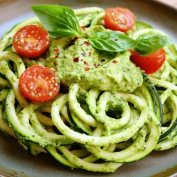 Here’s what you need to make zucchini noodles with pesto. Each ingredient adds a unique taste and texture. - Zucchini: 4 medium zucchinis, spiralized - Pesto Components: 1 ripe avocado, 1 cup fresh basil leaves, 2 tablespoons lemon juice - Nuts: 1/4 cup walnuts or pine nuts - Flavor Enhancers: 1 garlic clove, 1/4 teaspoon red pepper flakes, sea salt, black pepper - Finishing Touches: 2 tablespoons olive oil, cherry tomatoes, extra basil leaves These ingredients blend together to create a bold and flavorful dish. The zucchini serves as a great base, while the creamy avocado pesto brings richness. You can customize the nuts and spices to match your taste. For the full recipe, check out the section above. To make zucchini noodles, you need to spiralize the zucchinis. Use a spiralizer or a julienne peeler. Aim for long, thin strands. This method gives your dish a fun, noodle-like shape. Once you spiralize the zucchinis, place them in a colander. Sprinkle a pinch of sea salt over them. This step draws out moisture. Let the noodles rest for about 10 minutes. After that, gently pat them dry with a paper towel. This helps keep your dish from becoming soggy. For the pesto, gather your ingredients. Place one ripe avocado, fresh basil leaves, lemon juice, walnuts, and minced garlic in a food processor. If you want a little heat, add red pepper flakes. Drizzle in the olive oil, too. Blend the mixture until smooth. Stop to scrape down the sides if needed. If your pesto is too thick, add a splash of water. Taste it and season with salt and pepper. You want it to be rich and flavorful. Heat a large skillet over medium heat. Add the prepared zucchini noodles. Cook them for about 2-3 minutes. You want them tender but still crisp. This quick cooking keeps the noodles fresh. Remove the skillet from heat. Spoon the creamy avocado pesto over the zucchini noodles. Toss the noodles gently in the pesto. Make sure every strand is coated well. Plate the zucchini noodles right away for the best texture. Garnish with halved cherry tomatoes and extra basil leaves. This adds color and flavor to your dish. For more details, check the Full Recipe. Substituting Nuts for Different Tastes You can switch nuts in your pesto for a new flavor. If you want a rich taste, use pine nuts instead of walnuts. For a crunchier bite, try almonds. Each nut adds a unique twist, so feel free to explore. Suggested Seasoning Variations Add spices to boost flavor. A pinch of smoked paprika gives a warm touch. For a kick, try more red pepper flakes. Fresh lemon zest brightens the dish and enhances the taste. Don't hesitate to play with herbs too; chives or parsley can add freshness. Meal Prep Strategies for Quick Assembly You can make zucchini noodles in advance. Spiralize the zucchinis and store them in an airtight container. Keep them in the fridge for up to two days. To save time, prepare the avocado pesto too. Store it in a jar with a layer of olive oil on top to keep it fresh. This way, you can whip up dinner quickly. Ways to Enhance the Dish Aesthetically Make your dish look inviting. Serve the zucchini noodles in shallow bowls for a nice touch. Add a drizzle of olive oil around the edges for flair. Scatter halved cherry tomatoes on top for color. Finish with fresh basil leaves for a pop of green. Beautiful food is more fun to eat! For the full recipe, check out Zesty Zucchini Noodles with Avocado Pesto. {{image_4}} You can make zucchini noodles even better by adding protein. Grilled chicken or shrimp pairs well with the creamy avocado pesto. - Grilled Chicken: Season chicken breast with salt and pepper. Grill until cooked through. Slice it and toss it over your noodles. - Shrimp: Season shrimp with your favorite spices. Sauté in a pan for just a few minutes. Toss them on top of the zucchini noodles for a tasty twist. If you need a dairy-free option, use nutritional yeast in place of cheese in your pesto. This keeps the flavor rich and savory. - Nutritional Yeast: It adds a cheesy flavor without dairy. Just blend it into the pesto. You can also add extra nuts for creaminess. - Tofu or Tempeh: Cube and sauté tofu or tempeh for added protein. This keeps your meal fully vegan while still being satisfying. Using seasonal veggies can enhance your dish. Try adding bell peppers, carrots, or spinach. Here’s how to incorporate them: - Bell Peppers: Chop and sauté them along with the zucchini noodles for added crunch and color. - Carrots: Spiralize or julienne them for a sweet, crunchy addition. - Spinach: Toss fresh spinach in right before serving. It wilts quickly and adds nutrients. These variations make your zucchini noodles with pesto fun and exciting! Check out the Full Recipe to see how to create this bold dish at home. To keep your leftover zucchini noodles fresh, store them in an airtight container. Place a paper towel inside to absorb extra moisture. This method helps keep them crisp. You can store them in the fridge for up to three days. If you notice any signs of spoilage, it’s best to toss them out. Yes, you can freeze zucchini noodles and pesto! For freezing, blanch the noodles first. Boil them for just one minute, then cool them in ice water. Drain and dry them well. Place the noodles in freezer bags, removing as much air as possible. Pesto can also freeze well. Use ice cube trays to store small portions. Once frozen, transfer the cubes to a bag. Both can last in the freezer for up to three months. You can get creative with leftover pesto! It makes a great spread on sandwiches or wraps. Mix it into salads for extra flavor. You can also use it as a dip for veggies or crackers. If you have leftover zucchini noodles, try adding them to soups. They can also be sautéed with other veggies for a quick side dish. You can easily make zucchini noodles without a spiralizer using a vegetable peeler. Just peel the zucchini lengthwise into thin strips. You can also use a box grater. Simply grate the zucchini on the large holes, creating noodle-like strands. Both methods work well, but the peeler gives you wider noodles. If you're looking for a substitute for avocado, try using cooked and cooled white beans. They provide creaminess and a good texture. You can also use sunflower seeds or tahini to create a nut-free version. These options keep the pesto rich and flavorful. Zucchini noodles will last about 3 to 5 days in the fridge. Keep them in an airtight container to maintain freshness. Check for any signs of spoilage, like a slimy texture or a bad smell. If they look or smell off, it's best to toss them. Serve zucchini noodles in shallow bowls for a nice touch. Top them with fresh cherry tomatoes and basil for color and flavor. A drizzle of olive oil adds a lovely shine. You can also sprinkle some cheese or nuts for extra texture and taste. Yes, you can make pesto ahead of time. Store it in an airtight container in the fridge. To keep it fresh, drizzle a thin layer of olive oil on top. This helps prevent browning. Pesto can last about a week in the fridge. You can also freeze it for longer storage. Just pour it into ice cube trays, freeze, and transfer the cubes to a bag. This way, you’ll have ready-to-use pesto for your next meal. We explored making delicious zucchini noodles topped with creamy avocado pesto. You learned about the ingredients, step-by-step instructions, and helpful tips for the best results. The flexibility of this dish shines through with options for added protein or seasonal vegetables. You can easily store leftovers or repurpose them creatively. I hope you feel inspired to try this recipe. Healthy eating can be simple and tasty with just a few tweaks! Enjoy your cooking adventure!