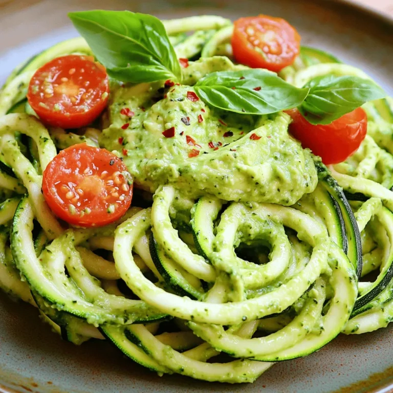 Here’s what you need to make zucchini noodles with pesto. Each ingredient adds a unique taste and texture. - Zucchini: 4 medium zucchinis, spiralized - Pesto Components: 1 ripe avocado, 1 cup fresh basil leaves, 2 tablespoons lemon juice - Nuts: 1/4 cup walnuts or pine nuts - Flavor Enhancers: 1 garlic clove, 1/4 teaspoon red pepper flakes, sea salt, black pepper - Finishing Touches: 2 tablespoons olive oil, cherry tomatoes, extra basil leaves These ingredients blend together to create a bold and flavorful dish. The zucchini serves as a great base, while the creamy avocado pesto brings richness. You can customize the nuts and spices to match your taste. For the full recipe, check out the section above. To make zucchini noodles, you need to spiralize the zucchinis. Use a spiralizer or a julienne peeler. Aim for long, thin strands. This method gives your dish a fun, noodle-like shape. Once you spiralize the zucchinis, place them in a colander. Sprinkle a pinch of sea salt over them. This step draws out moisture. Let the noodles rest for about 10 minutes. After that, gently pat them dry with a paper towel. This helps keep your dish from becoming soggy. For the pesto, gather your ingredients. Place one ripe avocado, fresh basil leaves, lemon juice, walnuts, and minced garlic in a food processor. If you want a little heat, add red pepper flakes. Drizzle in the olive oil, too. Blend the mixture until smooth. Stop to scrape down the sides if needed. If your pesto is too thick, add a splash of water. Taste it and season with salt and pepper. You want it to be rich and flavorful. Heat a large skillet over medium heat. Add the prepared zucchini noodles. Cook them for about 2-3 minutes. You want them tender but still crisp. This quick cooking keeps the noodles fresh. Remove the skillet from heat. Spoon the creamy avocado pesto over the zucchini noodles. Toss the noodles gently in the pesto. Make sure every strand is coated well. Plate the zucchini noodles right away for the best texture. Garnish with halved cherry tomatoes and extra basil leaves. This adds color and flavor to your dish. For more details, check the Full Recipe. Substituting Nuts for Different Tastes You can switch nuts in your pesto for a new flavor. If you want a rich taste, use pine nuts instead of walnuts. For a crunchier bite, try almonds. Each nut adds a unique twist, so feel free to explore. Suggested Seasoning Variations Add spices to boost flavor. A pinch of smoked paprika gives a warm touch. For a kick, try more red pepper flakes. Fresh lemon zest brightens the dish and enhances the taste. Don't hesitate to play with herbs too; chives or parsley can add freshness. Meal Prep Strategies for Quick Assembly You can make zucchini noodles in advance. Spiralize the zucchinis and store them in an airtight container. Keep them in the fridge for up to two days. To save time, prepare the avocado pesto too. Store it in a jar with a layer of olive oil on top to keep it fresh. This way, you can whip up dinner quickly. Ways to Enhance the Dish Aesthetically Make your dish look inviting. Serve the zucchini noodles in shallow bowls for a nice touch. Add a drizzle of olive oil around the edges for flair. Scatter halved cherry tomatoes on top for color. Finish with fresh basil leaves for a pop of green. Beautiful food is more fun to eat! For the full recipe, check out Zesty Zucchini Noodles with Avocado Pesto. {{image_4}} You can make zucchini noodles even better by adding protein. Grilled chicken or shrimp pairs well with the creamy avocado pesto. - Grilled Chicken: Season chicken breast with salt and pepper. Grill until cooked through. Slice it and toss it over your noodles. - Shrimp: Season shrimp with your favorite spices. Sauté in a pan for just a few minutes. Toss them on top of the zucchini noodles for a tasty twist. If you need a dairy-free option, use nutritional yeast in place of cheese in your pesto. This keeps the flavor rich and savory. - Nutritional Yeast: It adds a cheesy flavor without dairy. Just blend it into the pesto. You can also add extra nuts for creaminess. - Tofu or Tempeh: Cube and sauté tofu or tempeh for added protein. This keeps your meal fully vegan while still being satisfying. Using seasonal veggies can enhance your dish. Try adding bell peppers, carrots, or spinach. Here’s how to incorporate them: - Bell Peppers: Chop and sauté them along with the zucchini noodles for added crunch and color. - Carrots: Spiralize or julienne them for a sweet, crunchy addition. - Spinach: Toss fresh spinach in right before serving. It wilts quickly and adds nutrients. These variations make your zucchini noodles with pesto fun and exciting! Check out the Full Recipe to see how to create this bold dish at home. To keep your leftover zucchini noodles fresh, store them in an airtight container. Place a paper towel inside to absorb extra moisture. This method helps keep them crisp. You can store them in the fridge for up to three days. If you notice any signs of spoilage, it’s best to toss them out. Yes, you can freeze zucchini noodles and pesto! For freezing, blanch the noodles first. Boil them for just one minute, then cool them in ice water. Drain and dry them well. Place the noodles in freezer bags, removing as much air as possible. Pesto can also freeze well. Use ice cube trays to store small portions. Once frozen, transfer the cubes to a bag. Both can last in the freezer for up to three months. You can get creative with leftover pesto! It makes a great spread on sandwiches or wraps. Mix it into salads for extra flavor. You can also use it as a dip for veggies or crackers. If you have leftover zucchini noodles, try adding them to soups. They can also be sautéed with other veggies for a quick side dish. You can easily make zucchini noodles without a spiralizer using a vegetable peeler. Just peel the zucchini lengthwise into thin strips. You can also use a box grater. Simply grate the zucchini on the large holes, creating noodle-like strands. Both methods work well, but the peeler gives you wider noodles. If you're looking for a substitute for avocado, try using cooked and cooled white beans. They provide creaminess and a good texture. You can also use sunflower seeds or tahini to create a nut-free version. These options keep the pesto rich and flavorful. Zucchini noodles will last about 3 to 5 days in the fridge. Keep them in an airtight container to maintain freshness. Check for any signs of spoilage, like a slimy texture or a bad smell. If they look or smell off, it's best to toss them. Serve zucchini noodles in shallow bowls for a nice touch. Top them with fresh cherry tomatoes and basil for color and flavor. A drizzle of olive oil adds a lovely shine. You can also sprinkle some cheese or nuts for extra texture and taste. Yes, you can make pesto ahead of time. Store it in an airtight container in the fridge. To keep it fresh, drizzle a thin layer of olive oil on top. This helps prevent browning. Pesto can last about a week in the fridge. You can also freeze it for longer storage. Just pour it into ice cube trays, freeze, and transfer the cubes to a bag. This way, you’ll have ready-to-use pesto for your next meal. We explored making delicious zucchini noodles topped with creamy avocado pesto. You learned about the ingredients, step-by-step instructions, and helpful tips for the best results. The flexibility of this dish shines through with options for added protein or seasonal vegetables. You can easily store leftovers or repurpose them creatively. I hope you feel inspired to try this recipe. Healthy eating can be simple and tasty with just a few tweaks! Enjoy your cooking adventure!
