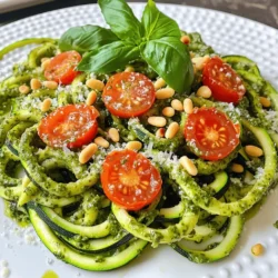 To make zucchini noodles with pesto, gather these main ingredients: - 4 medium zucchinis, spiralized into noodles - 2 cups fresh basil leaves, packed - 1/2 cup pine nuts, lightly toasted - 1/2 cup grated Parmesan cheese (or substitute with nutritional yeast for a vegan option) - 2 cloves garlic, peeled - 1/2 cup extra-virgin olive oil - Salt and freshly ground black pepper, to taste These ingredients create a fresh, tasty meal. The zucchini provides a nice crunch. The basil adds a fragrant touch. Pine nuts give the pesto a creamy texture, while Parmesan adds depth. You can jazz up your dish with these optional garnishes and add-ins: - 1 cup cherry tomatoes, halved (for garnish) - Extra fresh basil leaves, for garnish These add color and extra flavor to the dish. You can also mix in grilled chicken or shrimp for protein. Try adding a squeeze of lemon juice for a zesty kick. This dish is light yet filling. Each serving contains: - Calories: Approximately 250 - Protein: 8 grams - Fat: 20 grams - Carbohydrates: 10 grams - Fiber: 3 grams Zucchini noodles with pesto fits well into a healthy diet. They are low in calories but high in flavor. This makes them a great choice for lunch or dinner. For the full recipe, check the section above. To start, grab your spiralizer. Use it to turn each zucchini into long, noodle-like strands. After spiralizing, place the noodles in a colander and sprinkle them with salt. Let them sit for about 10 minutes. This step removes excess moisture. If you skip this, your dish may end up watery. Now, let’s make the pesto. In your food processor, combine the fresh basil leaves, toasted pine nuts, grated Parmesan cheese, and peeled garlic cloves. Pulse these ingredients together until they are finely chopped. This helps mix the flavors well. Next, with the processor running, slowly pour in the extra-virgin olive oil. Blend until the mixture is smooth and creamy. If it feels too thick, add a splash of water. Finally, season with salt and black pepper to taste. Heat a large skillet over medium heat. Once it’s hot, add the drained zucchini noodles. Sauté them for 2-3 minutes. You want them slightly soft but still crunchy. After cooking, remove the skillet from heat. Immediately add the pesto to the warm zucchini noodles. Toss them together until every noodle is coated. For a fun finish, transfer the pesto-coated noodles to serving plates. Top each plate with halved cherry tomatoes and extra basil leaves for a colorful look. This dish is fresh and flavorful, showcasing the beauty of simple ingredients. Enjoy your cooking adventure with this full recipe! To make great zucchini noodles, you need a good spiralizer. Start with firm, fresh zucchinis. Cut off both ends before spiralizing. This helps the zucchini stay steady. Once you spiralize, let the noodles rest in a colander. Sprinkle them with salt to draw out some moisture. This step keeps your dish vibrant and prevents sogginess. If you have extra pesto, store it in the fridge. Use an airtight container to keep it fresh. Pour a thin layer of olive oil on top. This oil helps seal in flavor and prevents browning. Your pesto will stay good for about a week, so enjoy it in other dishes too! Zucchini noodles are versatile! Serve them as a light main dish or side. Add grilled chicken or shrimp for protein. Cherry tomatoes add a pop of color and flavor. You can also sprinkle red pepper flakes for a little heat. For a unique touch, try adding nuts or seeds on top. They give a nice crunch and extra nutrients. For the full recipe, check out the Zesty Zucchini Noodles with Fresh Basil Pesto. {{image_4}} If you want a vegan version of zucchini noodles with pesto, it’s easy! Replace Parmesan cheese with nutritional yeast. This swap gives you a cheesy flavor without dairy. You can also use sunflower seeds instead of pine nuts. They add a nice crunch and are often cheaper. Want to boost your dish? You can add extra veggies! Try bell peppers or spinach for more color and nutrients. Adding chickpeas can give you some protein. They work well with the pesto and make your meal heartier. Pesto isn’t just for basil. You can mix things up! Use arugula or kale for different tastes. For a spicy kick, add crushed red pepper. If you love garlic, toss in an extra clove. Experimenting with flavors makes cooking fun! Check out the Full Recipe for more ideas on how to customize your dish. To store your zucchini noodles, place them in an airtight container. Keep them in the fridge. They stay fresh for up to three days. If you want to keep them longer, you can freeze them. Just make sure to pat them dry to remove excess moisture. Pesto sauce is best stored in a glass jar. Pour a thin layer of olive oil on top to keep it fresh. Seal the jar tightly and store it in the fridge. Pesto can last about a week this way. For longer storage, freeze the pesto in ice cube trays. Once frozen, transfer the cubes to a zip-top bag. When reheating zucchini noodles, use a skillet over medium heat. Add a splash of water to prevent sticking. Stir gently for about two minutes until heated through. For pesto, simply warm it in the microwave or on the stove. Mix it with the noodles right before serving. This keeps the flavors bright and fresh. You can check out the full recipe for zucchini noodles with pesto for more tips! Zucchini noodles cook quickly. You want them to be tender but still slightly firm. Cook them for about 2-3 minutes in a hot skillet. Stir them gently to avoid overcooking. If they bend easily but still hold shape, they are done! Yes, you can use store-bought pesto. It saves time and still tastes great. Just make sure to choose a high-quality brand. Look for a pesto with fresh ingredients like basil, garlic, and olive oil. It can make your meal prep easier. To prevent soggy noodles, salt them first. After spiralizing, sprinkle salt on the noodles and let them rest in a colander for 10 minutes. This step helps draw out excess moisture. Avoid cooking them for too long, and you’ll keep that nice crunch. Zucchini noodles with pesto are easy, tasty, and healthy. We explored main ingredients, optional add-ins, and nutritional facts. I shared steps to make zoodles, create pesto, and combine them. We covered tips for spiralizing, storing, and serving. I also gave you variations for vegan diets and more flavor. You can store zoodles and pesto with ease. Try these ideas for a fun meal tonight. Enjoy experimenting with different flavors and ingredients. Cooking should be fun and tasty!