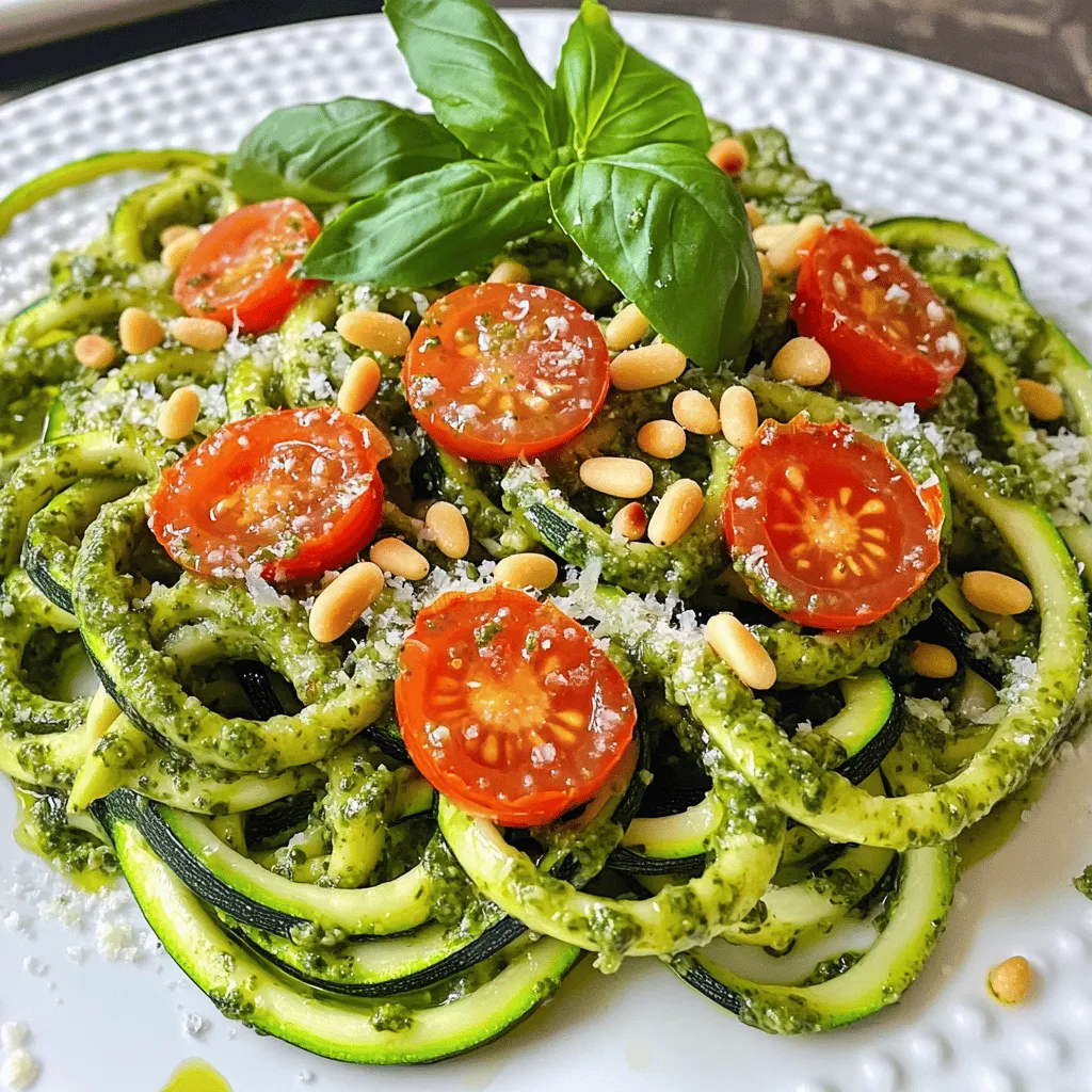 To make zucchini noodles with pesto, gather these main ingredients: - 4 medium zucchinis, spiralized into noodles - 2 cups fresh basil leaves, packed - 1/2 cup pine nuts, lightly toasted - 1/2 cup grated Parmesan cheese (or substitute with nutritional yeast for a vegan option) - 2 cloves garlic, peeled - 1/2 cup extra-virgin olive oil - Salt and freshly ground black pepper, to taste These ingredients create a fresh, tasty meal. The zucchini provides a nice crunch. The basil adds a fragrant touch. Pine nuts give the pesto a creamy texture, while Parmesan adds depth. You can jazz up your dish with these optional garnishes and add-ins: - 1 cup cherry tomatoes, halved (for garnish) - Extra fresh basil leaves, for garnish These add color and extra flavor to the dish. You can also mix in grilled chicken or shrimp for protein. Try adding a squeeze of lemon juice for a zesty kick. This dish is light yet filling. Each serving contains: - Calories: Approximately 250 - Protein: 8 grams - Fat: 20 grams - Carbohydrates: 10 grams - Fiber: 3 grams Zucchini noodles with pesto fits well into a healthy diet. They are low in calories but high in flavor. This makes them a great choice for lunch or dinner. For the full recipe, check the section above. To start, grab your spiralizer. Use it to turn each zucchini into long, noodle-like strands. After spiralizing, place the noodles in a colander and sprinkle them with salt. Let them sit for about 10 minutes. This step removes excess moisture. If you skip this, your dish may end up watery. Now, let’s make the pesto. In your food processor, combine the fresh basil leaves, toasted pine nuts, grated Parmesan cheese, and peeled garlic cloves. Pulse these ingredients together until they are finely chopped. This helps mix the flavors well. Next, with the processor running, slowly pour in the extra-virgin olive oil. Blend until the mixture is smooth and creamy. If it feels too thick, add a splash of water. Finally, season with salt and black pepper to taste. Heat a large skillet over medium heat. Once it’s hot, add the drained zucchini noodles. Sauté them for 2-3 minutes. You want them slightly soft but still crunchy. After cooking, remove the skillet from heat. Immediately add the pesto to the warm zucchini noodles. Toss them together until every noodle is coated. For a fun finish, transfer the pesto-coated noodles to serving plates. Top each plate with halved cherry tomatoes and extra basil leaves for a colorful look. This dish is fresh and flavorful, showcasing the beauty of simple ingredients. Enjoy your cooking adventure with this full recipe! To make great zucchini noodles, you need a good spiralizer. Start with firm, fresh zucchinis. Cut off both ends before spiralizing. This helps the zucchini stay steady. Once you spiralize, let the noodles rest in a colander. Sprinkle them with salt to draw out some moisture. This step keeps your dish vibrant and prevents sogginess. If you have extra pesto, store it in the fridge. Use an airtight container to keep it fresh. Pour a thin layer of olive oil on top. This oil helps seal in flavor and prevents browning. Your pesto will stay good for about a week, so enjoy it in other dishes too! Zucchini noodles are versatile! Serve them as a light main dish or side. Add grilled chicken or shrimp for protein. Cherry tomatoes add a pop of color and flavor. You can also sprinkle red pepper flakes for a little heat. For a unique touch, try adding nuts or seeds on top. They give a nice crunch and extra nutrients. For the full recipe, check out the Zesty Zucchini Noodles with Fresh Basil Pesto. {{image_4}} If you want a vegan version of zucchini noodles with pesto, it’s easy! Replace Parmesan cheese with nutritional yeast. This swap gives you a cheesy flavor without dairy. You can also use sunflower seeds instead of pine nuts. They add a nice crunch and are often cheaper. Want to boost your dish? You can add extra veggies! Try bell peppers or spinach for more color and nutrients. Adding chickpeas can give you some protein. They work well with the pesto and make your meal heartier. Pesto isn’t just for basil. You can mix things up! Use arugula or kale for different tastes. For a spicy kick, add crushed red pepper. If you love garlic, toss in an extra clove. Experimenting with flavors makes cooking fun! Check out the Full Recipe for more ideas on how to customize your dish. To store your zucchini noodles, place them in an airtight container. Keep them in the fridge. They stay fresh for up to three days. If you want to keep them longer, you can freeze them. Just make sure to pat them dry to remove excess moisture. Pesto sauce is best stored in a glass jar. Pour a thin layer of olive oil on top to keep it fresh. Seal the jar tightly and store it in the fridge. Pesto can last about a week this way. For longer storage, freeze the pesto in ice cube trays. Once frozen, transfer the cubes to a zip-top bag. When reheating zucchini noodles, use a skillet over medium heat. Add a splash of water to prevent sticking. Stir gently for about two minutes until heated through. For pesto, simply warm it in the microwave or on the stove. Mix it with the noodles right before serving. This keeps the flavors bright and fresh. You can check out the full recipe for zucchini noodles with pesto for more tips! Zucchini noodles cook quickly. You want them to be tender but still slightly firm. Cook them for about 2-3 minutes in a hot skillet. Stir them gently to avoid overcooking. If they bend easily but still hold shape, they are done! Yes, you can use store-bought pesto. It saves time and still tastes great. Just make sure to choose a high-quality brand. Look for a pesto with fresh ingredients like basil, garlic, and olive oil. It can make your meal prep easier. To prevent soggy noodles, salt them first. After spiralizing, sprinkle salt on the noodles and let them rest in a colander for 10 minutes. This step helps draw out excess moisture. Avoid cooking them for too long, and you’ll keep that nice crunch. Zucchini noodles with pesto are easy, tasty, and healthy. We explored main ingredients, optional add-ins, and nutritional facts. I shared steps to make zoodles, create pesto, and combine them. We covered tips for spiralizing, storing, and serving. I also gave you variations for vegan diets and more flavor. You can store zoodles and pesto with ease. Try these ideas for a fun meal tonight. Enjoy experimenting with different flavors and ingredients. Cooking should be fun and tasty!