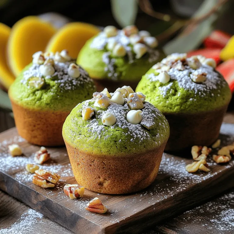 To make matcha green tea muffins, gather these key ingredients: - 1 ½ cups all-purpose flour - 1 tablespoon matcha green tea powder - ½ cup granulated sugar - ½ cup brown sugar, packed - 1 tablespoon baking powder - ½ teaspoon salt - 2 large eggs - ¾ cup milk (dairy or non-dairy) - ⅓ cup vegetable oil - 1 teaspoon vanilla extract - ½ cup white chocolate chips (optional) - ¼ cup chopped nuts (e.g., walnuts or almonds, optional) You can add some fun flavors and textures with optional ingredients. Try: - ½ cup white chocolate chips for sweetness. - ¼ cup chopped nuts like walnuts or almonds for crunch. If you need to swap ingredients, here are some ideas: - Use gluten-free flour instead of all-purpose flour for a gluten-free version. - Almond milk or oat milk can replace regular milk for a dairy-free option. - Coconut oil can stand in for vegetable oil if you prefer a different flavor. These ingredients come together to create a tasty muffin that is both simple and delightful. For the full recipe, check the recipe section. First, preheat your oven to 375°F (190°C). This step is key for even baking. It ensures your muffins rise perfectly. While the oven warms, prepare your muffin tin. Line it with paper liners or grease it well with non-stick spray. In a large mixing bowl, whisk together the dry ingredients. Add 1 ½ cups of all-purpose flour, 1 tablespoon of matcha green tea powder, ½ cup of granulated sugar, and ½ cup of packed brown sugar. Next, mix in 1 tablespoon of baking powder and ½ teaspoon of salt. Whisking well helps spread the matcha evenly. In another bowl, crack 2 large eggs and beat them lightly. Add ¾ cup of milk, ⅓ cup of vegetable oil, and 1 teaspoon of vanilla extract. Stir these until smooth. This mixture brings moisture to the muffins. Now, pour the wet mixture into the dry ingredients. Use a spatula or wooden spoon to mix gently. Stop when the batter just comes together. Overmixing can lead to tough muffins, so be careful. If you want a little extra sweetness, fold in ½ cup of white chocolate chips and ¼ cup of chopped nuts, like walnuts or almonds. These add great texture. Be gentle while mixing to prevent breaking the chocolate. Using a spoon or cookie scoop, divide the batter among the muffin cups. Fill each cup about ¾ full. This allows space for the muffins to rise without spilling over. Place the muffin tin in the oven and bake for 18-20 minutes. To check if they are done, insert a toothpick in the center of a muffin. If it comes out clean or with a few crumbs, they are ready. Once baked, remove the muffins from the oven. Let them cool in the pan for about 5 minutes. Then, carefully transfer them to a wire rack. This cooling method helps keep the muffins nice and fluffy. Enjoy your Matcha Magic Muffins! For the full recipe, refer to the details above. To get that perfect muffin texture, mix the dry and wet ingredients gently. Overmixing can make them dense and tough. Aim for a few lumps in the batter. Also, use room temperature eggs and milk for better mixing. This helps the batter blend smoothly. Letting the batter sit for a few minutes can also improve the texture. If you have leftover muffins, store them in an airtight container. Keep them at room temperature for up to three days. For longer storage, wrap them well and freeze. They can last for about a month in the freezer. Just thaw them at room temperature or warm them in the oven before serving. Serve your matcha muffins warm for the best flavor. A sprinkle of matcha powder or powdered sugar can make them look fancy. Pair them with fresh fruit or yogurt for a nice breakfast. You can also enjoy them with tea or coffee for a cozy snack. For extra sweetness, add a drizzle of honey or maple syrup on top. If you like, check the Full Recipe for more ideas! {{image_4}} You can make vegan matcha muffins easily. Replace the eggs with flax eggs. Mix 1 tablespoon of ground flaxseed with 2.5 tablespoons of water. Let it sit for 5 minutes to thicken. Use almond or soy milk instead of dairy milk. This keeps the muffins moist and tasty. The flavor remains rich and delicious, just like the original! If you need gluten-free muffins, you can use almond flour or a gluten-free flour blend. Adjust the amounts since these flours behave differently than all-purpose flour. Make sure your baking powder is also gluten-free. This way, everyone can enjoy your muffins without worry. They will still rise and taste great! You can add fun flavors to your matcha muffins. Try folding in some berries, like blueberries or raspberries. They add a sweet burst in every bite. For a twist, mix in coconut flakes or orange zest. This adds a bright taste that complements the matcha well. You can also play with spices, like cinnamon or ginger, for extra warmth. These creative touches can make your muffins even more special. Check out the Full Recipe for more ideas! To keep your Matcha Magic Muffins fresh, store them in an airtight container. This helps maintain moisture and flavor. You can place a piece of bread inside the container to absorb excess moisture. Keep them at room temperature for up to three days. If you want them to last longer, the fridge is a good option. Just remember, refrigeration can change the texture slightly. If you want to save some muffins for later, freezing works well. Let the muffins cool completely first. Then, wrap each muffin tightly in plastic wrap. After that, place them in a freezer bag or container. They can last in the freezer for up to three months. When you’re ready to eat, just thaw them in the fridge overnight. To enjoy your muffins warm, preheat your oven to 350°F (175°C). Place the muffins on a baking sheet and heat them for about 10 minutes. You can also use a microwave for a quick warm-up. Heat them for about 15-20 seconds. This will bring back their soft texture. Enjoy your muffins fresh out of the oven or microwave! For the full recipe, check out the Matcha Magic Muffins details above. Matcha green tea is a special type of green tea. It comes from Japan. The tea leaves are ground into a fine powder. This powder gives a bright green color and rich flavor. When you drink matcha, you consume the whole leaf. This makes it more potent than regular green tea. To boost the flavor of your muffins, try adding spices. Cinnamon or nutmeg works well. You can also mix in zest from citrus fruits like lemon or orange. Adding vanilla extract deepens the sweetness. If you like chocolate, fold in some dark chocolate chips for richness. Yes, you can make these muffins ahead of time. Bake them and let them cool completely. Store them in an airtight container. They stay fresh for up to three days. You can also freeze them for up to three months. Just remember to wrap them well. Matcha is rich in antioxidants. These help fight free radicals in your body. It may boost your metabolism and enhance your mood. Some studies say it can improve brain function. Matcha also has less caffeine than coffee, providing a calm alertness. You can find quality matcha at health food stores or specialty tea shops. Online retailers often offer a wide selection. Look for brands that list "ceremonial grade" for the best quality. Read reviews to ensure you get a good product. This blog post covered all you need to bake perfect matcha muffins. We looked at key ingredients, helpful tips, and fun variations. You can use substitutes if needed and still create great muffins. Storing them properly keeps them fresh and tasty. Remember, feel free to experiment with flavors. Let your creativity shine. Happy baking! Your next batch of muffins will impress everyone!
