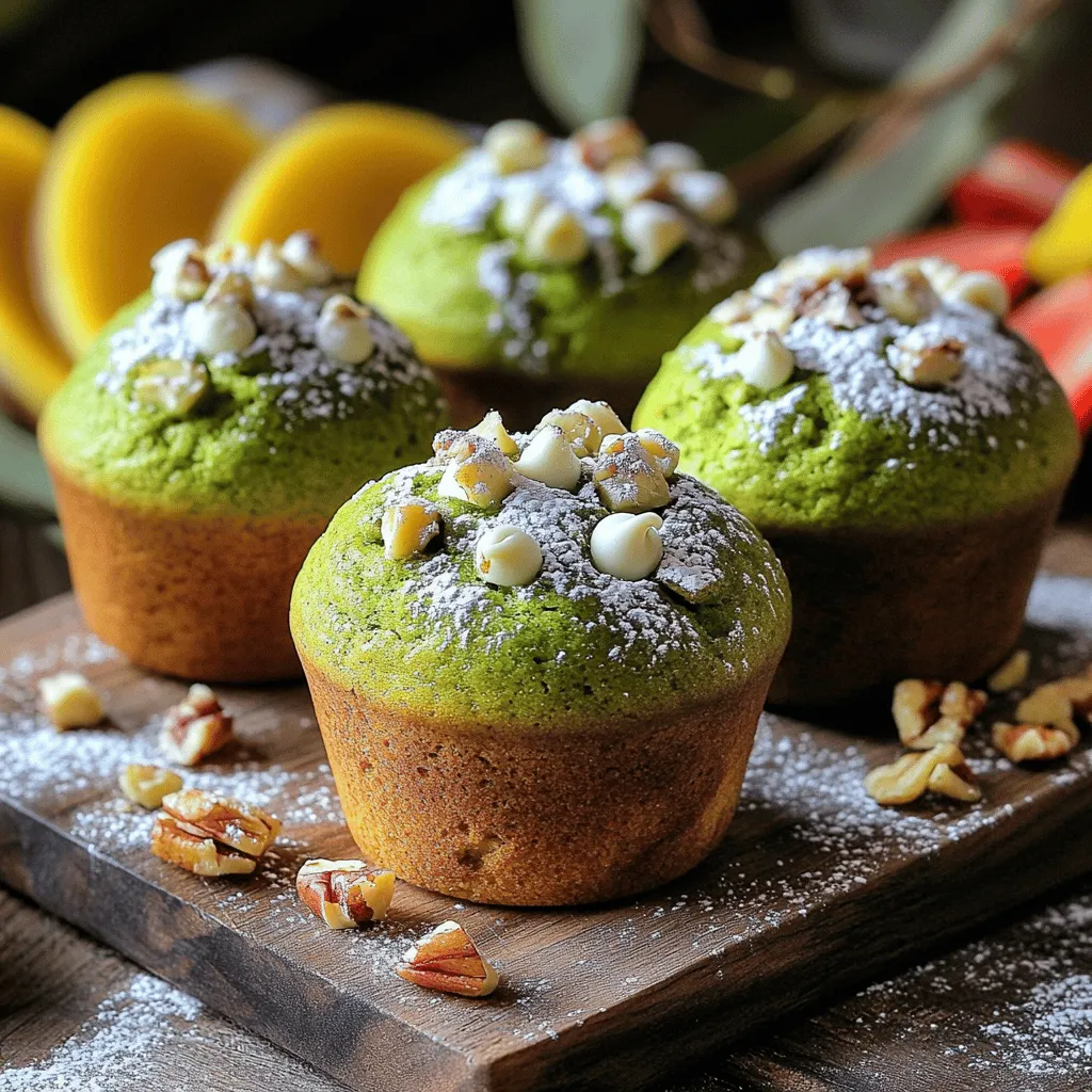 To make matcha green tea muffins, gather these key ingredients: - 1 ½ cups all-purpose flour - 1 tablespoon matcha green tea powder - ½ cup granulated sugar - ½ cup brown sugar, packed - 1 tablespoon baking powder - ½ teaspoon salt - 2 large eggs - ¾ cup milk (dairy or non-dairy) - ⅓ cup vegetable oil - 1 teaspoon vanilla extract - ½ cup white chocolate chips (optional) - ¼ cup chopped nuts (e.g., walnuts or almonds, optional) You can add some fun flavors and textures with optional ingredients. Try: - ½ cup white chocolate chips for sweetness. - ¼ cup chopped nuts like walnuts or almonds for crunch. If you need to swap ingredients, here are some ideas: - Use gluten-free flour instead of all-purpose flour for a gluten-free version. - Almond milk or oat milk can replace regular milk for a dairy-free option. - Coconut oil can stand in for vegetable oil if you prefer a different flavor. These ingredients come together to create a tasty muffin that is both simple and delightful. For the full recipe, check the recipe section. First, preheat your oven to 375°F (190°C). This step is key for even baking. It ensures your muffins rise perfectly. While the oven warms, prepare your muffin tin. Line it with paper liners or grease it well with non-stick spray. In a large mixing bowl, whisk together the dry ingredients. Add 1 ½ cups of all-purpose flour, 1 tablespoon of matcha green tea powder, ½ cup of granulated sugar, and ½ cup of packed brown sugar. Next, mix in 1 tablespoon of baking powder and ½ teaspoon of salt. Whisking well helps spread the matcha evenly. In another bowl, crack 2 large eggs and beat them lightly. Add ¾ cup of milk, ⅓ cup of vegetable oil, and 1 teaspoon of vanilla extract. Stir these until smooth. This mixture brings moisture to the muffins. Now, pour the wet mixture into the dry ingredients. Use a spatula or wooden spoon to mix gently. Stop when the batter just comes together. Overmixing can lead to tough muffins, so be careful. If you want a little extra sweetness, fold in ½ cup of white chocolate chips and ¼ cup of chopped nuts, like walnuts or almonds. These add great texture. Be gentle while mixing to prevent breaking the chocolate. Using a spoon or cookie scoop, divide the batter among the muffin cups. Fill each cup about ¾ full. This allows space for the muffins to rise without spilling over. Place the muffin tin in the oven and bake for 18-20 minutes. To check if they are done, insert a toothpick in the center of a muffin. If it comes out clean or with a few crumbs, they are ready. Once baked, remove the muffins from the oven. Let them cool in the pan for about 5 minutes. Then, carefully transfer them to a wire rack. This cooling method helps keep the muffins nice and fluffy. Enjoy your Matcha Magic Muffins! For the full recipe, refer to the details above. To get that perfect muffin texture, mix the dry and wet ingredients gently. Overmixing can make them dense and tough. Aim for a few lumps in the batter. Also, use room temperature eggs and milk for better mixing. This helps the batter blend smoothly. Letting the batter sit for a few minutes can also improve the texture. If you have leftover muffins, store them in an airtight container. Keep them at room temperature for up to three days. For longer storage, wrap them well and freeze. They can last for about a month in the freezer. Just thaw them at room temperature or warm them in the oven before serving. Serve your matcha muffins warm for the best flavor. A sprinkle of matcha powder or powdered sugar can make them look fancy. Pair them with fresh fruit or yogurt for a nice breakfast. You can also enjoy them with tea or coffee for a cozy snack. For extra sweetness, add a drizzle of honey or maple syrup on top. If you like, check the Full Recipe for more ideas! {{image_4}} You can make vegan matcha muffins easily. Replace the eggs with flax eggs. Mix 1 tablespoon of ground flaxseed with 2.5 tablespoons of water. Let it sit for 5 minutes to thicken. Use almond or soy milk instead of dairy milk. This keeps the muffins moist and tasty. The flavor remains rich and delicious, just like the original! If you need gluten-free muffins, you can use almond flour or a gluten-free flour blend. Adjust the amounts since these flours behave differently than all-purpose flour. Make sure your baking powder is also gluten-free. This way, everyone can enjoy your muffins without worry. They will still rise and taste great! You can add fun flavors to your matcha muffins. Try folding in some berries, like blueberries or raspberries. They add a sweet burst in every bite. For a twist, mix in coconut flakes or orange zest. This adds a bright taste that complements the matcha well. You can also play with spices, like cinnamon or ginger, for extra warmth. These creative touches can make your muffins even more special. Check out the Full Recipe for more ideas! To keep your Matcha Magic Muffins fresh, store them in an airtight container. This helps maintain moisture and flavor. You can place a piece of bread inside the container to absorb excess moisture. Keep them at room temperature for up to three days. If you want them to last longer, the fridge is a good option. Just remember, refrigeration can change the texture slightly. If you want to save some muffins for later, freezing works well. Let the muffins cool completely first. Then, wrap each muffin tightly in plastic wrap. After that, place them in a freezer bag or container. They can last in the freezer for up to three months. When you’re ready to eat, just thaw them in the fridge overnight. To enjoy your muffins warm, preheat your oven to 350°F (175°C). Place the muffins on a baking sheet and heat them for about 10 minutes. You can also use a microwave for a quick warm-up. Heat them for about 15-20 seconds. This will bring back their soft texture. Enjoy your muffins fresh out of the oven or microwave! For the full recipe, check out the Matcha Magic Muffins details above. Matcha green tea is a special type of green tea. It comes from Japan. The tea leaves are ground into a fine powder. This powder gives a bright green color and rich flavor. When you drink matcha, you consume the whole leaf. This makes it more potent than regular green tea. To boost the flavor of your muffins, try adding spices. Cinnamon or nutmeg works well. You can also mix in zest from citrus fruits like lemon or orange. Adding vanilla extract deepens the sweetness. If you like chocolate, fold in some dark chocolate chips for richness. Yes, you can make these muffins ahead of time. Bake them and let them cool completely. Store them in an airtight container. They stay fresh for up to three days. You can also freeze them for up to three months. Just remember to wrap them well. Matcha is rich in antioxidants. These help fight free radicals in your body. It may boost your metabolism and enhance your mood. Some studies say it can improve brain function. Matcha also has less caffeine than coffee, providing a calm alertness. You can find quality matcha at health food stores or specialty tea shops. Online retailers often offer a wide selection. Look for brands that list "ceremonial grade" for the best quality. Read reviews to ensure you get a good product. This blog post covered all you need to bake perfect matcha muffins. We looked at key ingredients, helpful tips, and fun variations. You can use substitutes if needed and still create great muffins. Storing them properly keeps them fresh and tasty. Remember, feel free to experiment with flavors. Let your creativity shine. Happy baking! Your next batch of muffins will impress everyone!