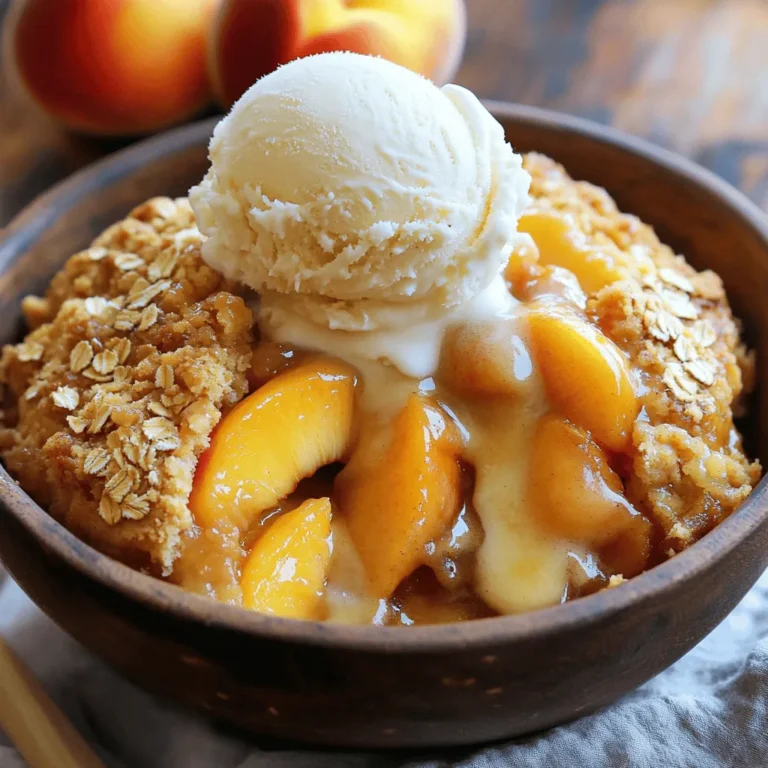 - Canned peaches - Brown sugar - Ground cinnamon - Yellow cake mix - Unsalted butter - Rolled oats (optional) In this Peach Cobbler Dump Cake, you only need a few simple ingredients. Canned peaches are the star of the show. They bring sweetness and moisture. Brown sugar adds depth, while ground cinnamon gives warmth. The yellow cake mix forms a perfect topping. Melted unsalted butter helps everything come together. If you want a crunchy twist, roll oats are a great choice. They add texture and flavor. - Vanilla ice cream - Whipped cream - Fresh fruit garnishes Serve this dessert warm for the best experience. A scoop of vanilla ice cream melts on top, creating a creamy contrast. Whipped cream also works well and adds lightness. For a fresh touch, use slices of peach or other fruits as garnishes. They make your dish pop with color and flavor. - 9x13 inch baking dish - Mixing bowl - Measuring cups and spoons To make this cake, you’ll need a few tools. A 9x13 inch baking dish is perfect for this recipe. Use a mixing bowl to combine your ingredients easily. Measuring cups and spoons help you get the right amounts. These tools make the process simple and fun, letting you enjoy cooking. For the full recipe, check out the details provided earlier. - Preheat the oven to 350°F (175°C). This helps the cake cook evenly. - Open your cans of peaches and drain them well. This keeps the cake from being too wet. - Grab a 9x13 inch baking dish. Make sure it is clean and ready for the cake. - Spread the drained peaches in the baking dish. Cover the bottom well with peaches. - Sprinkle brown sugar and ground cinnamon over the peaches. This adds great flavor and makes it sweet. - Carefully pour the yellow cake mix over the peaches. Spread it out but do not mix it in. - If you want extra crunch, sprinkle rolled oats over the cake mix. This is optional but tasty. - Drizzle the melted butter evenly across the cake mix. This helps it bake into a moist topping. - Put the baking dish in your preheated oven. Bake for 40-45 minutes. Look for a golden top and bubbly edges. Once baked, let it cool for a few minutes before serving. This helps the flavors mix well. You can find the Full Recipe in the earlier sections for more details. To get the best bake, keep an eye on the time. I usually bake for 40 to 45 minutes. You want the top to be golden brown. If it looks pale, add a few more minutes. To check doneness, look for bubbly edges. The center should feel firm but not dry. A toothpick can help too. Just insert it into the center. If it comes out clean, your cake is done! Using fresh peaches can change the game. They bring a bright, juicy taste. You can peel and slice about four ripe peaches. Replace the canned peaches with these fresh ones for a fun twist. Adjusting sweetness is easy. If you like it sweeter, add more brown sugar. If you prefer it less sweet, cut back a bit. Just remember, the peaches also add natural sweetness. Serve the dump cake warm. It tastes best right out of the oven. Scoop generous portions into bowls. Top each serving with a scoop of vanilla ice cream or a dollop of whipped cream. The cold cream pairs perfectly with the warm cake. For extra flair, add fresh peach slices or a sprinkle of cinnamon on top. This makes your dessert look and taste even better! For the full recipe, check out the Peach Paradise Dump Cake! {{image_4}} You can swap the peaches with other fruits. Try using cherries, blueberries, or apples. Each fruit brings a new taste. You can also mix different fruits together. For example, peaches and berries create a fresh and bright flavor. This adds fun to your dessert. If you need a gluten-free option, use a gluten-free cake mix. These mixes work well with the recipe. You can also make it vegan. Substitute the butter with coconut oil or vegan butter. For the cake mix, look for vegan options. This way, everyone can enjoy this treat. Adding spices can enhance the taste. Try mixing in some nutmeg or ginger for extra warmth. You can also include nuts like walnuts or pecans for crunch. If you love chocolate, sprinkle some chocolate chips on top. These additions make each bite special and unique. For the Full Recipe, refer to the section above. To store leftover peach cobbler dump cake, place it in an airtight container. This keeps it fresh and tasty. In the fridge, it stays good for about 3 to 4 days. If you want to enjoy it later, make sure to cover it well. Freezing peach cobbler dump cake is easy. First, let it cool completely. Then, slice the cake into portions. Wrap each slice in plastic wrap and then in aluminum foil. This helps to avoid freezer burn. You can keep it in the freezer for up to 3 months. When you’re ready to eat it, thaw in the fridge overnight. For the best texture, reheat in the oven at 350°F (175°C) for about 15 minutes. When you reheat the cake, check that it is warm throughout. I like to serve it with a scoop of vanilla ice cream or whipped cream. This adds a nice touch. If the cake seems dry, drizzle a little peach syrup over it. This helps to bring back some moisture. Enjoy your sweet treat! For the full recipe, check here: [Full Recipe]. To make Peach Cobbler Dump Cake, you start by preheating your oven to 350°F. Next, you layer drained sliced peaches in a baking dish. Then, sprinkle brown sugar and ground cinnamon over the peaches. Pour yellow cake mix on top but do not mix it. Drizzle melted butter across the cake mix and add oats if desired. Bake for 40 to 45 minutes until golden brown. Yes, you can use frozen peaches for this recipe. Just thaw and drain them before using. You may want to adjust the baking time by a few minutes, as frozen fruit can release more moisture. You can tell the cake is done when the top is golden brown and bubbly at the edges. A toothpick inserted in the center should come out clean. Keep an eye on it during the last few minutes of baking. This dessert pairs wonderfully with a scoop of vanilla ice cream or a dollop of whipped cream. Fresh peach slices also make a nice touch. For extra flavor, consider a drizzle of caramel sauce. Yes, you can prepare the ingredients ahead of time. Layer the peaches and toppings in the dish, then cover and refrigerate. Bake it just before serving for a warm and fresh dessert. In this article, we explored how to make a tasty peach cobbler dump cake. We covered the main ingredients, tools, and step-by-step instructions for baking. I shared tips for the perfect bake and ways to customize your cake, along with how to store leftovers properly. This dessert is flexible and easy to prepare. You can enjoy it warm with ice cream or make it your own with different fruits. Now, go ahead and bake your delicious peach cobbler dump cake!