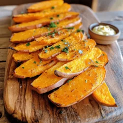 Let's gather everything you need for your baked sweet potato fries. These ingredients make a simple yet delicious snack that everyone loves. - Sweet potatoes - Olive oil - Spices and seasonings - Optional garnish and dipping sauces You will need two large sweet potatoes. They add a sweet flavor and a lovely color. Use extra virgin olive oil to coat the fries. This oil helps them become crispy. For seasoning, garlic powder, smoked paprika, ground cumin, fine sea salt, and black pepper create a flavorful mix. You can adjust spices based on your taste. Don’t forget optional garnishes! Fresh parsley makes the fries look pretty and adds freshness. You can serve them with your favorite dipping sauces like spicy mayo or classic ketchup. With these ingredients, you are ready to create crispy and flavorful sweet potato fries! For the full recipe, check out the detailed steps in the next section. Start by washing and peeling your sweet potatoes. Cut them into long, even strips. Aim for a uniform thickness. This helps them cook at the same rate. Next, place the fries in a large bowl. Drizzle in the extra virgin olive oil. Toss them gently until all fries are coated. This oil adds flavor and helps with crispiness. Now, let’s add some flavor! Sprinkle garlic powder, smoked paprika, ground cumin, fine sea salt, and pepper over the fries. Use about one teaspoon of each spice, except for salt and pepper. Toss the fries again to mix everything well. Make sure each fry gets a nice coating of the spices. This step is key to tasty fries. Prepare your baking sheet by lining it with parchment paper. Spread the seasoned fries in a single layer. Avoid stacking them; this helps them get crispy. Preheat your oven to 425°F (220°C). Bake for 25-30 minutes. Flip the fries halfway through to brown them evenly. Look for a golden color when they are done. Let them cool for a few minutes before serving. Garnish with chopped parsley for a nice touch. Enjoy your crispy, flavorful sweet potato fries! For the full recipe, check the details above. To get your sweet potato fries crispy, start by preheating your oven to 425°F (220°C). This hot temperature helps to crisp the fries quickly. Use a baking sheet lined with parchment paper. This helps fries brown evenly and reduces sticking. Also, avoid overcrowding the baking sheet. Give each fry space to breathe. This lets hot air circulate and keeps them crisp. Flip the fries halfway through cooking. This ensures they brown on both sides. You can change the flavor of your fries with different seasonings. Try adding cayenne pepper for heat or Italian herbs for a fresh taste. Mix and match to find what you love. Balance the flavors by tasting as you season. Add a little salt, then adjust according to your taste. You can also try a sweet twist. Sprinkle cinnamon and a bit of brown sugar for a sweeter fry. Sweet potato fries pair well with many dips. Spicy mayo adds a kick, while classic ketchup offers a familiar taste. For a twist, try a yogurt-based dip or a tangy barbecue sauce. When plating, stack the fries in a cone shape or line them up neatly on a plate. Garnish with fresh parsley for a pop of color. This makes your dish look as good as it tastes. Enjoy your crispy delight! For the full recipe, check out the detailed instructions above. {{image_4}} You can easily change up your sweet potato fries to keep things fun. Here are two great ideas: - Spicy sweet potato fries: Add a kick by mixing in cayenne pepper or chili powder. This heat pairs well with the natural sweetness of the potatoes. Just sprinkle it in with your spices. - Herb-infused fries: Fresh herbs can make a big difference. Try adding rosemary or thyme for a fragrant touch. Chop the herbs finely and toss them in with the fries before baking. Making your sweet potato fries fit your diet is simple. Here are two options: - Gluten-free options: Sweet potatoes are naturally gluten-free. You can enjoy these fries without worry. Just make sure your spices and dips are also gluten-free. - Vegan-friendly additions: This recipe is already vegan! You can enhance the flavor by adding nutritional yeast for a cheesy taste. Sprinkle it on right before serving. Sweet potato fries work well with many meals. Here are some ideas: - What meals to serve with sweet potato fries: Pair them with burgers, grilled chicken, or veggie wraps. They add a nice crunch and color to your plate. - Complementary dishes for a complete meal: Serve with a fresh salad or coleslaw for balance. A creamy dip, like ranch or avocado, also makes a great addition. For the full recipe, check the list of ingredients and instructions. You’ll love how easy it is to make these tasty fries! To keep your baked sweet potato fries fresh, follow these best practices: - Let them cool completely before storing. - Place fries in an airtight container. - You can also use a resealable bag for easy storage. Leftover fries can last in the fridge for about 3 to 5 days. Check for any signs of spoilage before eating. If they start to smell odd or look strange, it’s best to toss them. To reheat your sweet potato fries and keep them crispy, try these techniques: - Preheat your oven to 400°F (200°C). - Spread the fries out on a baking sheet in a single layer. - Bake for about 10 minutes, flipping halfway through. For best results, avoid using the microwave. It can make the fries soggy. If you have an air fryer, that’s another great option for reheating. Just set it to 350°F (175°C) and heat for 5-7 minutes. Enjoy your fries like they are fresh from the oven! For making sweet potato fries, I prefer using orange-fleshed sweet potatoes. They are sweet and have a nice texture. Japanese sweet potatoes also work well for a creamier taste. Both types give great flavor and crispiness. Yes, you can use an air fryer! Just follow these simple steps: - Cut the sweet potatoes into fries as usual. - Toss them with olive oil and seasonings. - Place them in the air fryer basket in a single layer. - Cook at 400°F (200°C) for about 15-20 minutes. - Shake the basket halfway through for even cooking. This method keeps them crispy while using less oil. To make your fries healthier, try these tips: - Use less oil. You can cut the olive oil by half and still get good results. - Bake instead of fry. Baking reduces calories and keeps them crispy. - Add spices instead of salt. Herbs and spices add flavor without extra sodium. - Serve with a healthy dip, like yogurt-based sauces or hummus. These changes keep your fries tasty while making them a better snack choice. Enjoy making your baked sweet potato fries! You can find the full recipe above. In this blog post, we explored how to make delicious sweet potato fries from start to finish. We listed key ingredients like sweet potatoes and olive oil, plus spices for flavor. I shared tips for perfect crispiness and variations to suit your taste. Remember to try different seasonings and serve with yummy sauces. Finally, always store leftovers properly to keep them tasty. Enjoy making these fries, and have fun experimenting with your favorites!