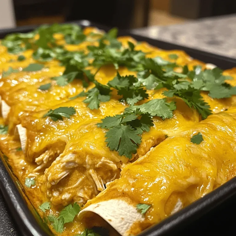 - 2 cups cooked chicken, shredded - 8 oz cream cheese, softened to room temperature - 1 cup shredded cheddar cheese, divided - 1 cup sour cream - 1 can (10 oz) enchilada sauce, divided - 8 small flour tortillas - 1 teaspoon garlic powder - 1 teaspoon ground cumin - ½ teaspoon chili powder - Salt and pepper to taste - Fresh cilantro leaves, for garnish To make these Easy Cream Cheese Chicken Enchiladas, you will first need the main ingredients. Shredded chicken gives you a great base. You can use leftover chicken or rotisserie chicken. Cream cheese brings creaminess. The cheddar adds a nice cheesy flavor. Sour cream helps bind everything together. The enchilada sauce adds spice and moisture. Next, you will want to mix in the seasonings. Garlic powder gives a rich taste. Ground cumin adds warmth. Chili powder brings a touch of heat. Adjust salt and pepper to your liking. Finally, don't forget the garnish! Fresh cilantro adds color and a burst of freshness. It makes the dish look and taste even better. You can find the full recipe above for step-by-step guidance on making these delicious enchiladas. - Preheat the Oven: Set your oven to 350°F (175°C). - Prepare the Baking Dish: Spread about ¼ cup of enchilada sauce on the bottom of a 9x13-inch baking dish. This helps keep the enchiladas from sticking. - Combine Ingredients: In a bowl, mix together the cooked chicken, softened cream cheese, ½ cup of shredded cheddar cheese, sour cream, garlic powder, cumin, chili powder, and a pinch of salt and pepper. - Mix Thoroughly: Stir until everything blends into a creamy filling. This part is key for great flavor. - Fill & Roll Tortillas: Take a flour tortilla and place about ¼ cup of the chicken mixture in the center. Roll it up tightly and place it seam-side down in the baking dish. - Arrange in Baking Dish: Repeat this process until all tortillas are filled and snugly fit in the dish. - Add Remaining Sauce and Cheese: Pour the rest of the enchilada sauce over the rolled tortillas. Make sure all are well covered. Then sprinkle the remaining cheddar cheese on top. - Baking Time: Bake in the oven for 25-30 minutes, until the cheese is bubbly and golden brown. - Cool and Slice: Once baked, take the dish out and let it cool for a few minutes. This makes it easier to slice. - Garnish and Serve: Before serving, add fresh cilantro on top for a nice touch. Follow these steps for a tasty meal! For full details, check out the Full Recipe. - Flour vs. Corn Tortillas: Which to use? I prefer flour tortillas for these enchiladas. They are soft and easy to roll. Corn tortillas are good too, but they can break. If you love corn, use them! - How to warm tortillas for easier rolling To warm tortillas, heat them in a pan for 10-15 seconds each side. You can also wrap them in a damp paper towel and microwave for 30 seconds. This makes them soft and easy to roll. - Adding Spice: Optional ingredients for heat If you like heat, add jalapeños or cayenne pepper to the filling. You can also use spicy enchilada sauce. This adds a nice kick! - Using Different Cheeses: Variations for cheese lovers Try mixing different cheeses for fun flavors. Pepper jack cheese adds spice. Mozzarella makes it super gooey. Experiment with what you love! - Substitutions: Low-fat cream cheese or chicken alternatives For a lighter dish, use low-fat cream cheese. You can also use shredded turkey for a leaner option. Both keep the creaminess but cut calories. - Add Vegetables: Mix in spinach or peppers Adding veggies boosts the nutrition. Spinach, bell peppers, or zucchini mix in well. You can sneak in extra greens without losing flavor. For more cooking tips, check out my [Full Recipe]. {{image_4}} - Replace Chicken with Beans: You can use black beans or pinto beans. This makes a tasty, meatless option. - Additional Veggies: Add zucchini, mushrooms, or bell peppers for extra flavor and nutrition. These veggies blend well with the creamy filling. - Adding Jalapeños: Slice fresh or pickled jalapeños into the filling. This adds a nice heat and flavor to your enchiladas. - Spicy Enchilada Sauce: Use a spicy store-bought sauce or make your own. A homemade blend can include tomatoes, chili powder, and garlic for a kick. - Extra Cheese Options: Try using pepper jack or mozzarella cheese. These cheeses melt beautifully and add depth to the dish. - Cheese Sauce Topping: For an ultra-creamy touch, drizzle cheese sauce over the enchiladas before baking. This option is great for cheese lovers! Feel free to mix and match these ideas to create your perfect enchiladas! You can explore more about these options in the Full Recipe. To store leftovers, place the enchiladas in an airtight container. This keeps them fresh and tasty. You can also cover them tightly with plastic wrap. Store them in the fridge. For the best taste, eat them within 3 to 4 days. The flavors will stay good, but the texture may change over time. If you want to keep the enchiladas longer, freezing is a great option. Wrap each enchilada in foil or plastic wrap. Place them in a freezer-safe bag. Make sure to remove as much air as possible. You can freeze them for up to 3 months. When you are ready to enjoy, simply thaw them overnight in the fridge. To reheat, you can bake them straight from frozen. Cover with foil and heat at 350°F (175°C) for about 30-40 minutes. If they are thawed, bake for 20 minutes until warm. These methods help keep your Easy Cream Cheese Chicken Enchiladas delicious and ready to eat! Yes, you can prepare these enchiladas in advance. Just follow these tips: - Assemble the enchiladas but do not bake them yet. - Cover the dish tightly with foil or plastic wrap to keep them fresh. - Store them in the fridge for up to 24 hours. When you are ready, uncover and bake them as directed. To create a balanced meal, consider these sides: - Mexican rice brings a nice texture. - Refried beans add protein and fiber. - Guacamole offers a creamy contrast. - Corn salad gives freshness and color. These options will make your meal fun and tasty. Absolutely! You can use other proteins like: - Ground turkey for a lighter option. - Shredded beef for a hearty flavor. - Black beans for a vegetarian choice. These alternatives fit well in this easy recipe. You can make your own enchilada sauce with simple ingredients. Here’s a quick recipe: - 1 can of tomato sauce - 1 tablespoon chili powder - 1 teaspoon cumin - Salt and pepper to taste Mix these and simmer for about 10 minutes. You can also use salsa if you need a quick substitute. Yes! You can easily make these enchiladas gluten-free: - Use corn tortillas instead of flour. - Check your enchilada sauce for gluten. Many brands are gluten-free. With these swaps, everyone can enjoy this dish. This recipe for Easy Cream Cheese Chicken Enchiladas offers tasty flavors with simple steps. We covered each ingredient, from the chicken to the spices, and how to assemble and bake the dish. I shared tips for storage, making it ahead of time, and even variations like vegetarian options. Whether you're feeding a crowd or just yourself, these enchiladas are sure to please. Enjoy the satisfaction of creating a delicious meal everyone will love!