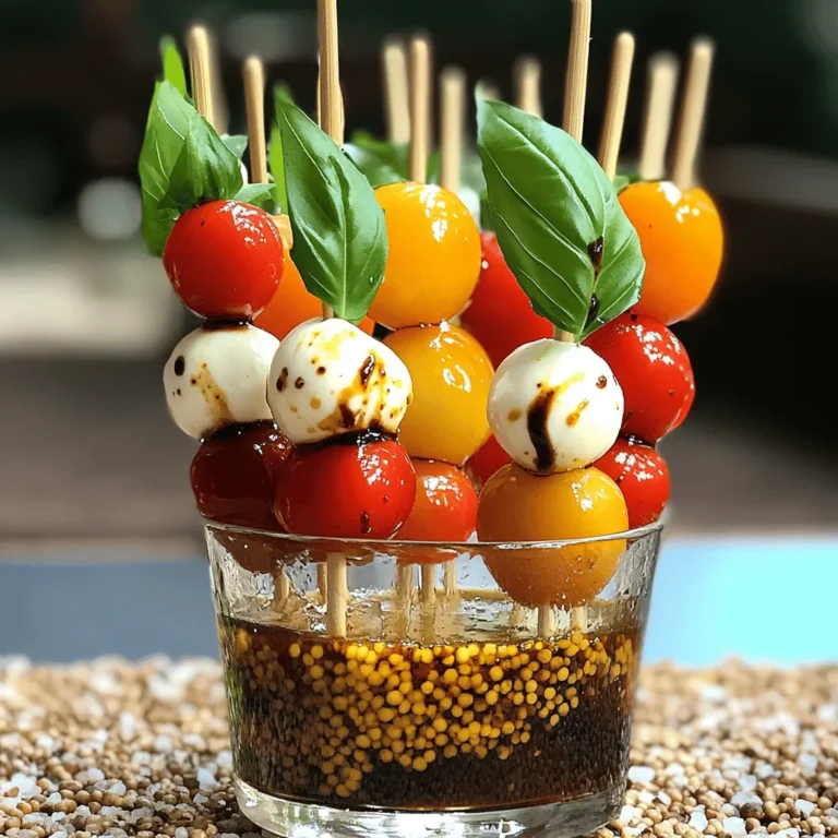 - 1 pint cherry tomatoes - 8 ounces fresh mozzarella balls (bocconcini) - A handful of fresh basil leaves - 2 tablespoons balsamic glaze - 1 tablespoon extra virgin olive oil - Salt and freshly cracked black pepper to taste - Skewers (6-8 inch) The main ingredients for our Caprese salad skewers are bright and fresh. Cherry tomatoes bring sweetness. Fresh mozzarella balls add creaminess. Basil leaves lend a wonderful aroma and flavor. Together, they create a burst of taste in every bite. For additional flavor, we drizzle balsamic glaze over the skewers. This adds a sweet tang. Extra virgin olive oil enhances the overall richness. A sprinkle of salt and black pepper brings all the flavors together. Lastly, use skewers that are 6-8 inches long for easy handling. This recipe is simple and quick. You can find the Full Recipe at the end of the article. The fresh ingredients make these skewers a perfect snack or appetizer for any gathering. They are not just delicious; they are colorful and fun to eat! - Rinse cherry tomatoes and basil leaves. - Pat dry to remove excess moisture. Start with fresh ingredients. The cherry tomatoes should be bright and firm. Fresh basil needs to be vibrant and fragrant. After rinsing, make sure to dry them well. Too much water can make the skewers soggy. - Thread cherry tomato, basil leaf, and mozzarella ball. - Repeat the pattern, leaving space at the ends. Grab a skewer and start with a cherry tomato. Next, add a basil leaf; you can fold it if it’s too big. Then, slide on a mozzarella ball. Keep repeating this pattern. Make sure to leave space at both ends for easy handling. - Drizzle with olive oil and balsamic glaze. - Allow flavors to soak into the skewers. Place the assembled skewers on a clean plate. Drizzle olive oil over them first, then add balsamic glaze. Let the flavors soak in for a few minutes. This step makes the dish even tastier! - Sprinkle with salt and freshly cracked black pepper. Don't skip this step! A light sprinkle of salt and fresh pepper brings out the best flavors. Adjust the amount based on your taste. - Arrange skewers on a serving platter. - Drizzle remaining balsamic glaze before serving. Lay the skewers on a nice platter. For a touch of elegance, add a little more balsamic glaze on top right before serving. This makes it look great and adds extra flavor. You can find the full recipe for these delicious skewers to guide you through each step. To make your skewers look great, insert them upright in a glass or vase. This adds height and makes it easy for guests to grab one. You can use uncooked rice or dried beans in the glass for support. It keeps the skewers steady and looks fun on your table. The taste of your skewers depends on fresh ingredients. Choose ripe cherry tomatoes and creamy mozzarella balls. Fresh basil leaves will add a bright flavor. For the best taste, opt for high-quality balsamic glaze. This will bring a sweet and tangy touch to your dish. Caprese salad skewers work well as an appetizer or side dish. Pair them with wine or sparkling water for a refreshing drink. The flavors of the skewers blend nicely with a chilled drink, making them perfect for parties or casual meals. Enjoy these fresh bites at any gathering! {{image_4}} You can easily switch things up with your Caprese salad skewers. For a creamy twist, add ripe avocado slices. The rich texture pairs well with the fresh flavors. If you want a savory kick, try adding prosciutto. Its saltiness will enhance each bite. You can also change your herbs. Instead of basil, use fresh mint for a bright flavor. Arugula offers a peppery touch that adds depth. Dressing can elevate your skewers from good to great. While balsamic glaze is classic, you might want to try pesto. It adds a fresh, herby taste. Italian vinaigrette can bring a zesty flair, making your skewers pop. For a unique twist, experiment with flavored olive oils. A garlic-infused oil can add an extra layer of taste. If you're catering to dietary needs, don't worry! Make these skewers vegan by using plant-based cheese. This keeps the dish flavorful without dairy. If gluten is a concern, choose gluten-free skewers. You can find these in most grocery stores. This way, everyone can enjoy your delicious creation! For the full recipe, check out the Caprese Delight Skewers. You can store your Caprese salad skewers in the fridge for up to 2 days. Place them in an airtight container to keep them fresh. This way, you can enjoy them later without losing flavor. Assemble your skewers up to 1 day in advance. Just remember to keep the balsamic glaze separate until you're ready to serve. This keeps the ingredients from getting soggy. To refresh flavors, drizzle a bit of olive oil or balsamic glaze before serving. Adding fresh basil leaves right before serving also boosts taste and looks. Enjoy your quick and tasty snack! Typically, they last up to 2 days in the fridge. This makes them a great snack for parties or picnics. Just keep them in an airtight container to stay fresh. Yes, you can assemble them a few hours ahead of serving. This saves time and stress when guests arrive. Just remember to keep them cool until it's time to eat. Use 6-8 inch wooden or bamboo skewers for best results. These sizes work well for easy handling. Plus, they are sturdy enough to hold the ingredients. Yes, try feta or cheddar for different flavors. Each cheese brings a unique taste. Mixing cheeses can add a fun twist to your skewers. While it enhances flavor, you can use just olive oil if desired. The olive oil adds richness, while balsamic glaze gives a sweet touch. Choose based on your taste preference. Pair with drinks like wine or a refreshing salad for a complete meal. The skewers are light and work well as an appetizer or side dish. Enjoying them with a bubbly drink makes it even better. In this post, we explored how to make delicious Caprese salad skewers. Key ingredients include cherry tomatoes, fresh mozzarella, and basil. We also covered tips for presentation and variations to keep things fresh. Remember, quality ingredients matter for great taste. You can serve these skewers as a fun appetizer or side dish. Feel free to get creative with flavors and pairings. Enjoy making and sharing this simple yet classy dish that everyone will love!
