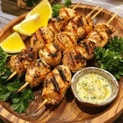 - Boneless, skinless chicken breasts - Extra virgin olive oil - Garlic cloves - Smoked paprika - Creamy Greek yogurt - Mayonnaise - Fresh lemon juice - Fresh parsley - Onion powder - Dried oregano - Sea salt and cracked black pepper - Skewers When I make grilled chicken bites, I start with fresh, high-quality chicken. I prefer boneless, skinless chicken breasts for their tenderness. They cook evenly and absorb flavors well. Next, I use extra virgin olive oil as a base for my marinade. It adds a rich flavor and helps keep the chicken moist. Fresh garlic cloves are a must. Minced garlic gives the chicken a nice kick. I also add smoked paprika for a hint of smokiness. For the garlic sauce, I love creamy Greek yogurt. It makes the sauce tangy and rich. I mix in mayonnaise for creaminess and fresh lemon juice for brightness. Fresh parsley adds color and a bit of freshness. I season the chicken with onion powder and dried oregano. Sea salt and cracked black pepper enhance the flavors. Lastly, I use skewers to grill the chicken bites. Soaking wooden skewers in water prevents burning on the grill. This ingredient blend creates a flavor-packed dish. You can find the full recipe in the main article. - In a large bowl, combine 4 tablespoons of olive oil, 1 teaspoon of smoked paprika, 1 teaspoon of onion powder, and 1 teaspoon of dried oregano. - Add a pinch of sea salt and freshly cracked black pepper to taste. - Finally, add 3 minced garlic cloves. Whisk everything together until well mixed. - Toss 1.5 lbs of bite-sized chicken pieces into the marinade. - Gently mix until the chicken is fully coated. - Cover the bowl with plastic wrap and refrigerate for at least 30 minutes. This helps the flavors soak in. - In a separate bowl, whisk together 1/4 cup of creamy Greek yogurt, 1 tablespoon of mayonnaise, and 2 tablespoons of freshly squeezed lemon juice. - Add 2 teaspoons of finely chopped fresh parsley and 1 minced garlic clove. - Season with a pinch of sea salt and cracked black pepper. Adjust the taste to your liking. - Preheat your grill to medium-high heat. - Carefully thread the marinated chicken pieces onto soaked skewers, leaving space between each piece. - Place the skewers on the grill and cook for 10-12 minutes, turning occasionally. The chicken should be cooked through with nice grill marks. - After grilling, let the chicken rest for about 5 minutes. - Serve the warm grilled chicken bites drizzled with the garlic sauce or with the sauce on the side for dipping. For the full recipe, check out the detailed instructions above. Enjoy your cooking! To get the best grilled chicken bites, set your grill to medium-high heat. This keeps the chicken juicy while giving it nice grill marks. To check for doneness, use a meat thermometer. The chicken should reach 165°F (75°C). If you don't have a thermometer, cut one piece open. The meat should be white and juices should run clear. For the best flavor, marinate the chicken for at least 30 minutes. If you have time, let it sit for 2 hours or more. This helps the chicken soak up the spices. You can also try adding spices like chili powder or cumin for a twist. They bring more depth to the dish. To make your dish look tempting, arrange the skewers on a large platter. Place them in a circle or line for a neat display. Add lemon wedges and fresh parsley around the chicken for color. For extra flair, serve the zesty garlic sauce in a small bowl in the center. This invites guests to dip their chicken bites. {{image_4}} You can add many vegetables to your chicken skewers. Here are some great options: - Bell peppers - Zucchini - Cherry tomatoes - Red onion - Mushrooms These veggies add color and flavor. They also cook well with chicken. To grill vegetables, cut them into even pieces. This helps them cook at the same rate. Brush them with olive oil and sprinkle with salt before grilling. This enhances taste and helps with sticking. You can mix up the flavors with different marinades. Try these options: - Lemon and herbs - Honey and soy sauce - Yogurt and spices You can also make it spicy. Add red pepper flakes or hot sauce to the marinade. These changes can give your chicken a whole new taste. Want to keep it light? You can swap some ingredients. Use these healthier options: - Replace mayonnaise with low-fat yogurt - Use less oil in the marinade - Add more herbs instead of salt For grilling, try using a grill pan or air fryer. These methods can help reduce added fats. You can still enjoy tasty chicken bites without the extra calories. To keep your grilled chicken bites fresh, use airtight containers. Glass or plastic containers work well. Make sure they are clean and dry before storing. Place the chicken in a single layer if possible. This helps it cool and stay fresh longer. Store the chicken in the fridge for up to four days. If you want to keep it longer, consider freezing it. Wrap the chicken tightly in plastic wrap and place it in a freezer-safe bag. This way, it can last up to three months. To reheat without drying out, use low heat. The oven or stovetop works best. If using the oven, preheat it to 350°F (175°C). Place the chicken on a baking sheet. Cover it with foil to keep moisture in. Heat for about 10-15 minutes or until warm. If using a skillet, add a splash of water. Cover and cook on low heat. This also keeps the chicken juicy. Avoid using the microwave, as it can make chicken rubbery. Enjoy your flavorful grilled chicken bites again! You can serve grilled chicken bites with many tasty sides. Here are some great options: - Fresh garden salad - Roasted vegetables - Steamed rice or quinoa - Garlic bread - Coleslaw - Crispy potato wedges These sides add color and flavor to your meal. They also balance the savory taste of the chicken bites. Yes, you can use thighs! Chicken thighs have more fat than breasts. This means they can be juicier and more flavorful. The texture is also a bit different. Thighs may take longer to cook. Keep an eye on them to avoid overcooking. You can marinate chicken for 30 minutes to 24 hours. For short marinating, 30 minutes is enough. For deeper flavor, marinate for several hours or overnight. Make sure to keep the chicken in the fridge while it marinates. This keeps it safe to eat. No, the garlic sauce is not spicy. It has a creamy and tangy flavor. The garlic adds a nice kick, but it’s not hot. If you want some heat, you can add red pepper flakes or hot sauce. This way, you can adjust the spice level to your taste. This post walked you through making tasty grilled chicken bites. We covered key ingredients, step-by-step instructions, and helpful tips. I shared ways to store leftovers and answer common questions. Perfecting grilled chicken is all about simple steps and flavor. Enjoy your meal with friends or family. Trying new variations can make it even better. Embrace your creativity in the kitchen, and happy grilling!