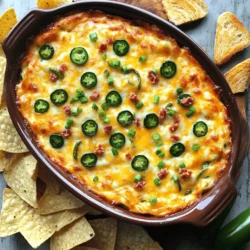 For the best jalapeño popper dip, you need some key ingredients. Here’s what to gather: - 8 oz cream cheese, softened to room temperature - 1 cup sour cream, ideally full-fat for creaminess - 1 cup shredded sharp cheddar cheese - 1 cup shredded mozzarella cheese, for that gooey texture - 2-3 fresh jalapeños, finely diced (remove seeds for a milder flavor) - 1/2 cup cooked and crumbled turkey bacon or shredded chicken (optional for added protein) - 1/2 teaspoon garlic powder, for depth of flavor - 1/2 teaspoon onion powder, to enhance the savory notes - 1/4 teaspoon smoked paprika, adding a hint of smokiness - Salt and black pepper to taste - 1/4 cup chopped green onions or scallions, for a fresh garnish You can make this dip even better with some optional ingredients. Consider adding: - 1/2 cup diced red bell peppers for sweetness - 1/4 cup chopped cilantro for freshness - A splash of hot sauce for added heat These extras can make your dip more unique and tasty. Garnishing your dip adds flair and flavor. Here are some ideas: - Extra chopped green onions on top for color - A sprinkle of paprika for a smoky touch - Fresh parsley or cilantro for a pop of green Use these garnishes to make your dip look as good as it tastes! For the full recipe, check out the details above. Start by gathering all your ingredients. You will need: - 8 oz cream cheese, softened - 1 cup sour cream - 1 cup shredded sharp cheddar cheese - 1 cup shredded mozzarella cheese - 2-3 fresh jalapeños, finely diced - 1/2 cup cooked turkey bacon or shredded chicken (optional) - 1/2 teaspoon garlic powder - 1/2 teaspoon onion powder - 1/4 teaspoon smoked paprika - Salt and black pepper to taste - 1/4 cup chopped green onions Make sure to finely dice the jalapeños. If you want less heat, remove the seeds. This will help balance the flavors in the dip. In a large bowl, mix the softened cream cheese and sour cream. You can use a hand mixer or a sturdy spatula. Blend until smooth. Next, fold in the shredded cheddar and mozzarella cheeses. Mix well until you see a creamy texture. Now, stir in the diced jalapeños. If you're using turkey bacon or chicken, add it to the mix. Next, sprinkle in the garlic powder, onion powder, and smoked paprika. Don’t forget to season with salt and black pepper. Make sure everything is well combined. Preheat the oven to 375°F (190°C). Grease a baking dish or line it with parchment paper. Carefully transfer the dip mixture into the dish. Smooth the top for even baking. Place the dish in the oven and bake for 25-30 minutes. Keep an eye on it. You want the top to be golden brown and bubbly. Once it's done, take it out and let it cool for a few minutes. Before serving, sprinkle the chopped green onions on top for extra color. This is how you make a simple and flavorful Jalapeño Popper Dip. Enjoy it warm with tortilla chips or fresh veggies. For the complete recipe, check out the Full Recipe. To change the heat of your dip, you can control the jalapeños. If you want it mild, remove all the seeds. The seeds hold a lot of heat. For more spice, leave some seeds in. You can also add a pinch of cayenne pepper for extra kick. If your dip ends up too hot, mix in more cream cheese or sour cream. This will balance the spice. Creaminess is key to a great dip. Start with room temperature cream cheese. This helps it blend well. Use full-fat sour cream for a rich texture. Mixing in mozzarella adds that gooey feel. If you want even more creaminess, try adding a splash of heavy cream. This will give your dip a dreamy texture. For a beautiful presentation, serve your dip in a nice dish. A bright, colorful dish can make it stand out. Use vibrant tortilla chips or fresh veggies for dipping. Bell pepper strips and cucumber slices add color. You can also sprinkle extra green onions on top for a fresh touch. For something different, serve it with crispy toasted baguette slices. This adds elegance to your spread. For the full recipe, check the section above. {{image_4}} You can easily boost your Jalapeño Popper Dip with protein. Adding cooked turkey bacon or shredded chicken gives the dip a hearty touch. Just mix in about half a cup of your choice. This adds flavor and makes the dip more filling. If you love shrimp, try adding cooked shrimp for a seafood twist. Mix in the protein when you combine the cheeses. For a vegetarian version, skip the meat and use beans. Black beans or pinto beans work well here. They add protein and fiber. You can also add corn for sweetness and texture. Just fold them into the cheese mixture. Don’t forget to adjust the spices for extra flavor. This way, you keep the dip tasty and satisfying. Cheese is key to the dip’s flavor and creaminess. While sharp cheddar and mozzarella are great, feel free to mix it up. Try pepper jack for a spicy kick or gouda for a smoky flavor. You can even use cream cheese blends for varied texture. Just stay within the same amount of cheese for balance. Each cheese brings its own unique taste, so have fun experimenting! You can find all the details in the Full Recipe for Jalapeño Popper Dip. To keep your Jalapeño Popper Dip fresh, store it in an airtight container. Let it cool completely before sealing it. This helps maintain flavor and texture. It can last in the fridge for up to three days. If you want to keep it longer, consider freezing it. Reheating your dip is easy. You can use the oven or microwave. For the oven, preheat it to 350°F (175°C). Place the dip in a baking dish and cover it with foil. Bake for about 15-20 minutes until hot. For the microwave, heat in short bursts, stirring in between, until warm throughout. Freezing is a great option if you have extra dip. Portion it into small containers for easy use later. Make sure to use freezer-safe containers. The dip can last for up to three months in the freezer. When ready, thaw it in the fridge overnight before reheating. Enjoy your tasty dip again! For the full recipe, check out the details above. Yes, you can prepare Jalapeño Popper Dip ahead. Mix the dip and store it in the fridge. Cover it tightly with plastic wrap. You can do this up to two days before you bake it. When ready to bake, just take it out and let it sit for 15 minutes at room temperature. Then, pop it in the oven. This way, you save time on game day or any gathering. You have plenty of tasty options for serving this dip. Here are some ideas: - Tortilla chips for a crunchy bite - Sliced bell peppers for a fresh crunch - Carrot and celery sticks for a healthy option - Toasted baguette slices for a gourmet touch - Crackers for a classic pairing Mix it up! Each option brings a different flavor and texture. Absolutely! There are simple swaps to lighten it up: - Use light cream cheese instead of regular - Choose Greek yogurt instead of sour cream - Skip the bacon or use turkey bacon - Add more veggies like corn or black beans These changes keep the dip tasty while cutting calories. Enjoy without guilt! You can find the full recipe for Jalapeño Popper Dip above. In this post, I covered the key ingredients for Jalapeño Popper Dip and optional flavors. I shared easy steps for prepping, mixing, and baking the dip to perfection. You learned tips for spice levels and creamy texture, plus ways to present it well. We explored variations, storage methods, and frequently asked questions. Make this dip your own, and enjoy every bite. It’s sure to impress at any gathering. Enjoy your cooking!