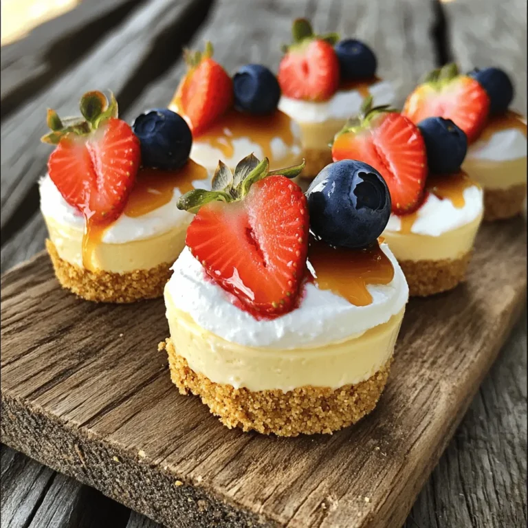 - 1 cup cream cheese, softened - 1/2 cup powdered sugar - 1 teaspoon pure vanilla extract - 1/2 cup heavy whipped cream - 1 cup graham cracker crumbs - 1/4 cup unsalted butter, melted - Fresh seasonal fruit (strawberries, blueberries, raspberries) - Optional chocolate chips or caramel sauce To make these tasty no-bake cheesecake bites, you need simple and fresh ingredients. Start with cream cheese. It should be softened, so it blends easily. The powdered sugar adds sweetness. The vanilla extract gives a lovely flavor. Heavy whipped cream makes the filling light and fluffy. For the crust, graham cracker crumbs are a must. They give a nice crunch. The melted butter helps hold the crumbs together. Lastly, add toppings. Fresh fruit like strawberries or blueberries adds color and taste. You can also drizzle chocolate or caramel sauce for extra fun. These ingredients come together for an easy and delicious treat. For the full recipe, check out the details on how to mix and chill these bites! - Step 1: Beat the softened cream cheese in a bowl. Use an electric mixer to make it smooth. - Step 2: Gradually add the powdered sugar and vanilla. Mix until it's creamy and lump-free. - Step 3: In a clean bowl, fold in the heavy whipped cream. Use a spatula to keep it fluffy. - Step 4: Mix the graham cracker crumbs with melted butter. Stir until it looks like damp sand. - Step 5: Press the crust mixture into a mini muffin tin. Use about one tablespoon for each cup. - Step 6: Fill each crust with the cream cheese mixture. Smooth the top with a spatula. - Step 7: Refrigerate the bites for at least two hours. This helps them firm up well. Enjoy the ease of making these no-bake cheesecake bites! For the full recipe, check out the Full Recipe. - Make sure your cream cheese is at room temperature. This helps it blend easily. - Gently fold in the whipped cream. This keeps the mixture light and fluffy. To get the best texture, always use softened cream cheese. Cold cream cheese can cause lumps. When you fold in the whipped cream, do it slowly. This keeps air in the mixture, making each bite creamy. - Arrange the cheesecake bites on a decorative platter. It adds a nice touch. - Garnish each bite with a sprig of mint. This adds color and freshness. A beautiful presentation makes your treats even more appealing. Use a bright platter to show off the bites. The mint adds a pop of green that looks great. - Think about adding flavors like citrus zest or chocolate. This can change the taste of your bites. Adding a dash of lemon or orange zest can elevate the flavor. If you love chocolate, try mixing in chocolate chips. This small change can make a big difference in taste. For the full recipe, check out the details above. {{image_4}} You can easily change the flavors of your no-bake cheesecake bites. One fun option is chocolate. To make chocolate no-bake cheesecake bites, add 1/2 cup of melted chocolate to the cream cheese mixture. This gives a rich, sweet treat that chocolate lovers will adore. Another great choice is fruit-infused cheesecake bites. You can use lemon or raspberry for a fresh twist. For lemon, add the zest of one lemon and a tablespoon of lemon juice to the cream cheese. For raspberry, mix in raspberry puree to the filling for a fruity punch. You can make these bites fit many diets. For gluten-free options, use gluten-free graham crackers in your crust. This keeps the taste and texture while being safe for those with gluten allergies. If you want vegan adaptations, substitute regular cream cheese with plant-based cream cheese. Use coconut whipped cream instead of heavy whipped cream. These swaps keep the bites creamy and delicious without dairy. Hosting a party? Create a DIY customize-your-bite station. Set out different toppings like crushed nuts, fresh fruit, and chocolate chips. Let your guests build their own cheesecake bites. This makes for a fun and interactive dessert experience, where everyone can create their perfect treat. For the full recipe, check the section above to get started today! To keep your no-bake cheesecake bites fresh, store them in an airtight container. Place the container in the fridge. They will stay good for up to five days. Be sure not to stack them, as this can ruin their shape. If you want to enjoy them later, chill them right after making. If you have leftovers, freezing is a great option. First, let the cheesecake bites cool completely in the fridge. Then, place them in a single layer on a baking sheet. Freeze them for about two hours. Once they're firm, transfer them to a freezer bag or container. They can last up to three months in the freezer. For the best taste, eat your cheesecake bites within five days if stored in the fridge. If frozen, try to eat them within three months for the best flavor and texture. Always check for any signs of freezer burn or spoilage before enjoying. Feel free to explore the [Full Recipe] for more details on making these tasty treats! No-bake cheesecake bites can last up to five days in the refrigerator. Store them in an airtight container. If you want them to last longer, you can freeze them. They will stay fresh in the freezer for about two months. Just make sure to wrap them well to avoid freezer burn. Yes, you can use different types of crusts. Some great options include: - Oreos for a chocolatey flavor - Nuts, like almonds or pecans, for a crunchy base - Gluten-free cookie crumbs for a gluten-free option Feel free to experiment with what you like best! You can get creative with toppings! Some ideas include: - Drizzling melted chocolate or caramel sauce - Adding crushed cookies for extra crunch - Sprinkling shredded coconut for a tropical twist - Using different fruits, like kiwi or mango, for a fresh taste Mix and match to find your favorite combination! Absolutely! You can prepare no-bake cheesecake bites ahead of time. Make them up to two days in advance. Just store them in the fridge until you’re ready to serve. For longer storage, freeze them and let them thaw in the fridge overnight before serving. This makes it easy to enjoy a sweet treat anytime! For the full recipe, check here. You learned how to make no-bake cheesecake bites, starting with key ingredients like cream cheese and graham crackers. Following simple steps, you can create a tasty dessert. With tips on texture, presentation, and ways to customize your treats, you have the tools to impress. Remember, these bites are easy to adapt for various diets and occasions. Whether served at a party or a family dinner, enjoy your delicious creations!