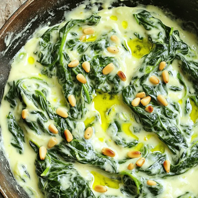 To make skillet creamed spinach, gather these simple ingredients: - 4 cups fresh spinach, rinsed and roughly chopped - 1 tablespoon extra virgin olive oil - 2 cloves garlic, finely minced - 1 small onion, finely chopped - 1/2 cup cream cheese, softened to room temperature - 1/2 cup sour cream - 1/2 cup freshly grated Parmesan cheese - 1/4 teaspoon freshly grated nutmeg - Salt and pepper, to taste - 1/4 cup toasted pine nuts, for garnish You can adjust some ingredients if you need. Here are a few options: - Use frozen spinach if fresh isn't available. Just thaw and drain it first. - Swap cream cheese for ricotta for a lighter texture. - Greek yogurt can replace sour cream for a tangy kick. - If you have no Parmesan, try feta or mozzarella instead. - Use walnuts or almonds instead of pine nuts for garnish. Garnishes can elevate your dish. Here are some ideas: - A sprinkle of freshly chopped parsley adds color. - Drizzle a bit of extra virgin olive oil for shine. - Add a dash of red pepper flakes for heat. - A squeeze of lemon juice brightens the flavors. This recipe will help you create a rich and tasty dish. For the full recipe, check the details above! Start by gathering your ingredients. You will need: - 4 cups fresh spinach, rinsed and roughly chopped - 1 tablespoon extra virgin olive oil - 2 cloves garlic, finely minced - 1 small onion, finely chopped - 1/2 cup cream cheese, softened to room temperature - 1/2 cup sour cream - 1/2 cup freshly grated Parmesan cheese - 1/4 teaspoon freshly grated nutmeg - Salt and pepper, to taste - 1/4 cup toasted pine nuts, for garnish Make sure to wash the spinach well. Chop the onion and mince the garlic. This will help the flavors mix well in your dish. 1. Heat the olive oil in a large skillet over medium heat. Wait until the oil shimmers. 2. Add the chopped onion. Sauté for about 3-4 minutes. Stir occasionally until the onion is soft and clear. 3. Next, add the minced garlic. Sauté for one more minute until fragrant. Do not let it burn! 4. Now, add the chopped spinach. Stir constantly for about 2-3 minutes until it wilts. 5. Reduce the heat to medium-low. Fold in the softened cream cheese. Stir until it melts and combines with the spinach. 6. Gradually mix in the sour cream and Parmesan cheese. Make sure everything is rich and creamy. 7. Add freshly grated nutmeg along with salt and pepper to taste. Stir until well combined and heated through. 8. Remove the skillet from heat. You can serve it straight from the skillet or transfer it to a dish. 9. Before serving, sprinkle toasted pine nuts on top for a crunchy finish. For a cozy feel, serve the creamed spinach right in the skillet. If you want a fancy look, use a bowl and drizzle olive oil on top. This dish goes well with grilled chicken or fish. It makes a full and delightful meal. You can find the Full Recipe [here](#). To make the best skillet creamed spinach, start with fresh spinach. Rinse it well and chop it roughly. This helps the leaves cook evenly. Use a heavy skillet for better heat control. Heat the olive oil until it shimmers. This means it's hot enough for sautéing. Sauté the onion until it is soft and sweet. Add the garlic just before the spinach, so it stays fragrant. When you add the spinach, stir it continuously. This ensures it wilts down nicely without burning. For that creamy texture, mix in the cream cheese slowly. Let it melt before adding the sour cream and Parmesan. This way, you avoid lumps. Lastly, sprinkle fresh nutmeg for a warm, earthy flavor. One common mistake is overcooking the spinach. This makes it slimy and loses its bright color. Another mistake is not seasoning enough. Always taste and adjust salt and pepper as needed. When adding cream cheese, don't rush. Mix it until it fully melts, or you’ll get lumps. Also, avoid cooking at high heat. This can burn the garlic and onion, giving a bitter taste. Finally, don’t skip the toasted pine nuts. They add a crunchy texture that balances the creaminess. Skillet creamed spinach pairs well with many dishes. Try it with grilled chicken or fish for a complete meal. You can also serve it with steak for a rich flavor combo. For a vegetarian option, pair it with roasted vegetables or quinoa. This dish also goes great with crusty bread, perfect for scooping up the creamy goodness. If you're feeling adventurous, serve it alongside pasta for a unique twist. {{image_4}} You can boost your skillet creamed spinach with protein. Chicken is a great choice. Cook diced chicken in the skillet before adding spinach. Shrimp also works well. Sauté shrimp until pink, then add the spinach mix. For a heartier meal, add cooked sausage. Slice it and mix it in during the last few minutes of cooking. To make this dish vegan, swap out the cream cheese and sour cream for cashew cream or firm tofu. Blend soaked cashews with a bit of water until smooth. This gives a nice creamy texture. Use nutritional yeast in place of Parmesan for a cheesy flavor. This way, you enjoy rich taste without dairy. Add a squeeze of lemon juice for brightness. It lifts the flavors and adds freshness. You can also try adding a pinch of cayenne pepper for a spicy kick. Fresh herbs such as basil or thyme bring extra depth. Mix them in right before serving to keep their taste vibrant. You can find the Full Recipe in our article for more details. You can keep your creamed spinach in the fridge for up to three days. Store it in an airtight container for best results. Make sure the spinach is cool before sealing it. This helps keep the flavor fresh. When ready to eat, check for any off smells or changes in color. To freeze creamed spinach, first let it cool completely. Place it in freezer-safe bags or containers. It can last for about two months in the freezer. When freezing, try to remove as much air as possible. This helps prevent freezer burn. Label the bags with the date, so you know when to use them. When you’re ready to enjoy your creamed spinach, thaw it in the fridge overnight if frozen. You can reheat it on the stove over low heat. Stir often to avoid sticking. If it seems dry, add a splash of milk or cream. You can also use the microwave, heating in short bursts, stirring in between. This keeps the texture creamy and smooth. For the full recipe, refer to Skillet Creamed Spinach Delight. Enjoy your cooking! Skillet creamed spinach can last about 3 to 5 days in the fridge. Store it in an airtight container to keep it fresh. Before serving leftovers, check for any off smells or changes in texture. Reheat it gently on the stove or in the microwave. Yes, you can use frozen spinach. It is a great time-saver. Just thaw it first and squeeze out excess water. This prevents the creamed spinach from being too watery. You may need to adjust the cooking time slightly, but the flavor will still be delicious. Skillet creamed spinach pairs well with many dishes. It goes great with grilled chicken or fish. You can also serve it with steak or pork chops for a hearty meal. For a lighter option, serve it alongside roasted vegetables or a fresh salad. Check out the Full Recipe for more ideas. In this blog post, we covered all you need to know about skillet creamed spinach, from ingredients to storage. We explored ingredient swaps and garnish options to customize your dish. You learned step-by-step cooking instructions and tips to make it perfect. Plus, we looked at variations, storage methods, and answered your common questions. Skillet creamed spinach can be a delightful side dish. With the right methods, it can shine at any meal. Enjoy making this dish your own!