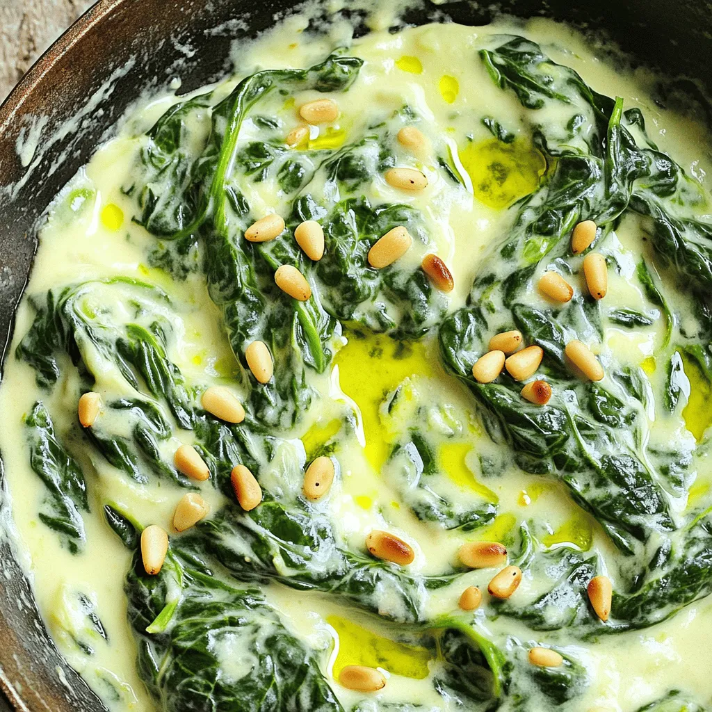 To make skillet creamed spinach, gather these simple ingredients: - 4 cups fresh spinach, rinsed and roughly chopped - 1 tablespoon extra virgin olive oil - 2 cloves garlic, finely minced - 1 small onion, finely chopped - 1/2 cup cream cheese, softened to room temperature - 1/2 cup sour cream - 1/2 cup freshly grated Parmesan cheese - 1/4 teaspoon freshly grated nutmeg - Salt and pepper, to taste - 1/4 cup toasted pine nuts, for garnish You can adjust some ingredients if you need. Here are a few options: - Use frozen spinach if fresh isn't available. Just thaw and drain it first. - Swap cream cheese for ricotta for a lighter texture. - Greek yogurt can replace sour cream for a tangy kick. - If you have no Parmesan, try feta or mozzarella instead. - Use walnuts or almonds instead of pine nuts for garnish. Garnishes can elevate your dish. Here are some ideas: - A sprinkle of freshly chopped parsley adds color. - Drizzle a bit of extra virgin olive oil for shine. - Add a dash of red pepper flakes for heat. - A squeeze of lemon juice brightens the flavors. This recipe will help you create a rich and tasty dish. For the full recipe, check the details above! Start by gathering your ingredients. You will need: - 4 cups fresh spinach, rinsed and roughly chopped - 1 tablespoon extra virgin olive oil - 2 cloves garlic, finely minced - 1 small onion, finely chopped - 1/2 cup cream cheese, softened to room temperature - 1/2 cup sour cream - 1/2 cup freshly grated Parmesan cheese - 1/4 teaspoon freshly grated nutmeg - Salt and pepper, to taste - 1/4 cup toasted pine nuts, for garnish Make sure to wash the spinach well. Chop the onion and mince the garlic. This will help the flavors mix well in your dish. 1. Heat the olive oil in a large skillet over medium heat. Wait until the oil shimmers. 2. Add the chopped onion. Sauté for about 3-4 minutes. Stir occasionally until the onion is soft and clear. 3. Next, add the minced garlic. Sauté for one more minute until fragrant. Do not let it burn! 4. Now, add the chopped spinach. Stir constantly for about 2-3 minutes until it wilts. 5. Reduce the heat to medium-low. Fold in the softened cream cheese. Stir until it melts and combines with the spinach. 6. Gradually mix in the sour cream and Parmesan cheese. Make sure everything is rich and creamy. 7. Add freshly grated nutmeg along with salt and pepper to taste. Stir until well combined and heated through. 8. Remove the skillet from heat. You can serve it straight from the skillet or transfer it to a dish. 9. Before serving, sprinkle toasted pine nuts on top for a crunchy finish. For a cozy feel, serve the creamed spinach right in the skillet. If you want a fancy look, use a bowl and drizzle olive oil on top. This dish goes well with grilled chicken or fish. It makes a full and delightful meal. You can find the Full Recipe [here](#). To make the best skillet creamed spinach, start with fresh spinach. Rinse it well and chop it roughly. This helps the leaves cook evenly. Use a heavy skillet for better heat control. Heat the olive oil until it shimmers. This means it's hot enough for sautéing. Sauté the onion until it is soft and sweet. Add the garlic just before the spinach, so it stays fragrant. When you add the spinach, stir it continuously. This ensures it wilts down nicely without burning. For that creamy texture, mix in the cream cheese slowly. Let it melt before adding the sour cream and Parmesan. This way, you avoid lumps. Lastly, sprinkle fresh nutmeg for a warm, earthy flavor. One common mistake is overcooking the spinach. This makes it slimy and loses its bright color. Another mistake is not seasoning enough. Always taste and adjust salt and pepper as needed. When adding cream cheese, don't rush. Mix it until it fully melts, or you’ll get lumps. Also, avoid cooking at high heat. This can burn the garlic and onion, giving a bitter taste. Finally, don’t skip the toasted pine nuts. They add a crunchy texture that balances the creaminess. Skillet creamed spinach pairs well with many dishes. Try it with grilled chicken or fish for a complete meal. You can also serve it with steak for a rich flavor combo. For a vegetarian option, pair it with roasted vegetables or quinoa. This dish also goes great with crusty bread, perfect for scooping up the creamy goodness. If you're feeling adventurous, serve it alongside pasta for a unique twist. {{image_4}} You can boost your skillet creamed spinach with protein. Chicken is a great choice. Cook diced chicken in the skillet before adding spinach. Shrimp also works well. Sauté shrimp until pink, then add the spinach mix. For a heartier meal, add cooked sausage. Slice it and mix it in during the last few minutes of cooking. To make this dish vegan, swap out the cream cheese and sour cream for cashew cream or firm tofu. Blend soaked cashews with a bit of water until smooth. This gives a nice creamy texture. Use nutritional yeast in place of Parmesan for a cheesy flavor. This way, you enjoy rich taste without dairy. Add a squeeze of lemon juice for brightness. It lifts the flavors and adds freshness. You can also try adding a pinch of cayenne pepper for a spicy kick. Fresh herbs such as basil or thyme bring extra depth. Mix them in right before serving to keep their taste vibrant. You can find the Full Recipe in our article for more details. You can keep your creamed spinach in the fridge for up to three days. Store it in an airtight container for best results. Make sure the spinach is cool before sealing it. This helps keep the flavor fresh. When ready to eat, check for any off smells or changes in color. To freeze creamed spinach, first let it cool completely. Place it in freezer-safe bags or containers. It can last for about two months in the freezer. When freezing, try to remove as much air as possible. This helps prevent freezer burn. Label the bags with the date, so you know when to use them. When you’re ready to enjoy your creamed spinach, thaw it in the fridge overnight if frozen. You can reheat it on the stove over low heat. Stir often to avoid sticking. If it seems dry, add a splash of milk or cream. You can also use the microwave, heating in short bursts, stirring in between. This keeps the texture creamy and smooth. For the full recipe, refer to Skillet Creamed Spinach Delight. Enjoy your cooking! Skillet creamed spinach can last about 3 to 5 days in the fridge. Store it in an airtight container to keep it fresh. Before serving leftovers, check for any off smells or changes in texture. Reheat it gently on the stove or in the microwave. Yes, you can use frozen spinach. It is a great time-saver. Just thaw it first and squeeze out excess water. This prevents the creamed spinach from being too watery. You may need to adjust the cooking time slightly, but the flavor will still be delicious. Skillet creamed spinach pairs well with many dishes. It goes great with grilled chicken or fish. You can also serve it with steak or pork chops for a hearty meal. For a lighter option, serve it alongside roasted vegetables or a fresh salad. Check out the Full Recipe for more ideas. In this blog post, we covered all you need to know about skillet creamed spinach, from ingredients to storage. We explored ingredient swaps and garnish options to customize your dish. You learned step-by-step cooking instructions and tips to make it perfect. Plus, we looked at variations, storage methods, and answered your common questions. Skillet creamed spinach can be a delightful side dish. With the right methods, it can shine at any meal. Enjoy making this dish your own!