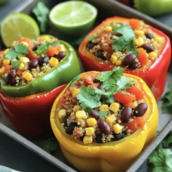 To make Vegan Quinoa Stuffed Peppers, gather these ingredients: - 4 large bell peppers (choose your favorite color) - 1 cup quinoa, thoroughly rinsed - 2 cups vegetable broth - 1 can (15 oz) black beans, well rinsed and drained - 1 cup corn kernels (fresh or frozen is fine) - 1 medium red onion, finely diced - 2 cloves garlic, minced - 1 teaspoon ground cumin - 1 teaspoon smoked paprika - 1 teaspoon chili powder - Salt and freshly ground black pepper to taste - 1 cup diced tomatoes (use fresh or canned) - 2 tablespoons freshly chopped cilantro (for garnish) - Lime wedges (for serving) You can swap some ingredients if needed: - Use brown rice instead of quinoa for a different grain. - Swap black beans for kidney beans or chickpeas. - Replace corn with chopped zucchini or spinach for a veggie boost. - If you don’t have red onion, use yellow onion or shallots. - Fresh herbs like parsley or basil can replace cilantro for a new flavor. This dish is not just tasty; it is also healthy: - Quinoa is high in protein and fiber. - Black beans add more protein and iron. - Bell peppers provide vitamins A and C. - Each stuffed pepper is around 250 calories. - Full of nutrients, this dish supports a balanced diet. For the complete recipe, check the Full Recipe section. Start by preheating your oven to 375°F (190°C). This warms the oven while you prepare the peppers. Next, take your bell peppers and slice off the tops. Make sure to remove the seeds and membranes inside. This creates a space for the delicious filling. Stand the peppers upright in a baking dish. This helps them hold their shape while baking. In a medium-sized saucepan, add the rinsed quinoa and vegetable broth. Place this over medium-high heat and bring it to a boil. Once boiling, reduce the heat to a gentle simmer. Cover the pot and let it cook for about 15 minutes. Your quinoa will absorb the broth and become fluffy. This step is key for a tasty filling. While the quinoa cooks, grab a skillet and heat a splash of oil over medium heat. Add the diced red onion and sauté for about 3-4 minutes. You want the onions to become soft and translucent. Then, add the minced garlic and sauté for another minute. This brings out the garlic's flavor. Now, mix the cooked quinoa into the skillet with the onions and garlic. Add the black beans, corn, diced tomatoes, ground cumin, smoked paprika, chili powder, salt, and black pepper. Stir everything well until it's heated through. Carefully spoon this mixture into each hollowed-out pepper. Press the filling down gently, but don’t pack it too tight. Cover the baking dish with aluminum foil to keep moisture in. Bake for 30 minutes. After 30 minutes, remove the foil and bake for another 10-15 minutes. This helps the peppers get tender and slightly charred. Once done, take the stuffed peppers out and let them cool for a few minutes. Sprinkle with fresh cilantro and serve with lime wedges. This adds a fresh touch to your meal. For the full recipe, check the complete instructions above. Enjoy your flavorful and nutritious vegan quinoa stuffed peppers! When making vegan quinoa stuffed peppers, avoid overcooking the quinoa. If it gets mushy, the filling lacks texture. Also, do not skip rinsing the quinoa. This step removes bitterness. Don’t forget to taste your filling. Adjust spices as needed to suit your taste. Lastly, ensure you don’t overstuff the peppers. They should hold the filling but not burst. To keep your peppers tender, choose fresh, firm peppers. Bake them covered with foil for the first part of cooking. This traps steam and helps them soften. After 30 minutes, remove the foil to give them a nice char. You can also try parboiling them briefly before stuffing. This quick cook keeps them juicy and tender. Vegan quinoa stuffed peppers pair well with a fresh green salad. Try a citrus vinaigrette for a bright touch. You can also serve them with avocado slices or a dollop of vegan sour cream. For a heartier meal, consider adding a side of brown rice or quinoa. A chilled glass of sparkling water with lime complements the dish nicely. You can find the full recipe for these delicious stuffed peppers above. {{image_4}} You can customize your vegan quinoa stuffed peppers by adding different vegetables. Try using chopped zucchini, mushrooms, or spinach. These veggies can enhance flavor and add more nutrients. You can also mix in diced carrots or celery for extra crunch. Just make sure to chop them small to fit well in the filling. If you want a twist, use other grains instead of quinoa. Brown rice offers a nutty taste and chewy texture. Farro adds a hearty bite and is rich in fiber. You can also try couscous for a lighter option. Each grain brings its own flavor and texture, making your dish unique. Adjust the spice level to fit your taste. For mild flavors, skip the chili powder and use sweet paprika. If you love heat, add diced jalapeños or cayenne pepper to the mix. You can also top the peppers with a spicy salsa before serving. This way, everyone can enjoy the stuffed peppers just how they like them. For more detailed cooking steps, check the Full Recipe. Storing leftover stuffed peppers is easy. First, let them cool down to room temperature. Then, place them in an airtight container. If you have multiple peppers, stack them carefully. You can keep them in the fridge for about 3 to 5 days. Reheating stuffed peppers is simple. You can use the oven or microwave. For the oven, preheat it to 350°F (175°C). Place your peppers on a baking sheet and cover them with foil. Bake for about 15 to 20 minutes, or until they are warm throughout. If you’re in a hurry, use a microwave. Heat them on a microwave-safe plate for 2 to 3 minutes. Check if they are hot enough before serving. Freezing stuffed peppers is a great way to save them for later. First, let the peppers cool completely. Wrap each pepper tightly in plastic wrap. Then, place them in a freezer-safe bag or container. They can last in the freezer for up to 3 months. When you're ready to eat them, thaw them overnight in the fridge. After thawing, reheat them using the oven or microwave as mentioned above. For the best flavor, try to use them within a month. For the full recipe, check the Vegan Quinoa Stuffed Peppers section above! Yes, you can prepare Vegan Quinoa Stuffed Peppers ahead of time. Make the filling and stuff the peppers. Then, store them in the fridge for up to a day. When ready to cook, bake them directly from the fridge. Just add a few extra minutes to the cooking time. If you need a substitute for quinoa, try brown rice or farro. Both grains cook well and add nice texture. You can also use couscous for a quicker option. Adjust cooking times based on the grain you choose. Stuffed peppers can last in the fridge for about three to five days. Store them in an airtight container to keep them fresh. If you notice any off smells or colors, it’s best to discard them. Vegan quinoa stuffed peppers are easy and fun to make. We covered ingredients, steps, tips, and ways to store them. You can try different veggies, grains, or spice levels for variety. Remember, don’t rush the cooking process. This will help ensure tender peppers. You can store leftovers for quick meals later. Enjoy experimenting with flavors and share it with friends. These stuffed peppers can be a hit at any meal. Have fun cooking and make it your own!