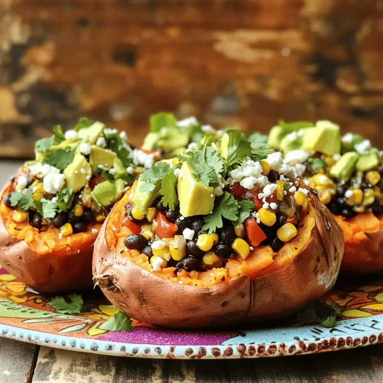 - 4 medium sweet potatoes - 1 can (15 oz) black beans, rinsed and drained - 1 cup corn kernels (fresh or frozen) - 1 red bell pepper, diced - 1 teaspoon ground cumin - 1 teaspoon chili powder - 1/2 teaspoon smoked paprika - Salt and pepper to taste These main ingredients create a hearty filling. The sweet potatoes serve as a great base. Black beans add protein and fiber. Corn brings a sweet crunch. The red pepper gives freshness and color. Spices like cumin and chili powder boost flavor. - 1/4 cup feta cheese, crumbled (optional) - 1 avocado, diced - 2 tablespoons fresh cilantro, chopped - Greek yogurt or sour cream for serving Adding these extras enhances the dish. Feta cheese adds a creamy tang. Avocado gives a rich texture. Cilantro adds freshness. A dollop of Greek yogurt or sour cream brings creaminess. - Baking sheet - Medium skillet - Utensil essentials (knife, cutting board, spoon) You will need a baking sheet to roast the sweet potatoes. A medium skillet is great for cooking the filling. Make sure to have basic utensils ready. This equipment makes the cooking process smooth. For the complete recipe, check the Full Recipe link. First, you need to preheat your oven to 400°F (200°C). Rinse the sweet potatoes under cold water. Scrub them gently to remove dirt. Use a fork to poke several holes in each potato. This step helps steam escape while baking. After that, arrange the sweet potatoes on a baking sheet lined with parchment paper. This will catch any drips and make cleanup easier. While the sweet potatoes bake, it’s time to make the filling. In a medium skillet, heat a drizzle of olive oil over medium heat. Add the diced red bell pepper. Sauté it for about 4-5 minutes until tender and slightly golden. Next, stir in the rinsed black beans and corn kernels. Sprinkle in ground cumin, chili powder, smoked paprika, salt, and pepper. Mix everything well and let it cook for another 5 minutes. This helps the flavors blend together nicely. Once the sweet potatoes are tender, carefully take them out of the oven. Allow them to cool for a few minutes. Slice each potato open lengthwise, creating a pocket for the filling. Use a fork to fluff the insides gently. This makes them light and airy. Now, generously spoon the savory filling into each potato. Let it overflow a bit for a hearty look. If you like, sprinkle crumbled feta cheese on top. Add diced avocado and fresh chopped cilantro for extra flavor. Drizzle a bit of olive oil over everything to add richness. Serve each stuffed sweet potato with a side of Greek yogurt or sour cream for a tasty contrast. For the full version of this recipe, you can refer to the [Full Recipe]. To get the best sweet potatoes, look for firm, smooth skin. Avoid any with cuts or soft spots. Medium sweet potatoes work well for stuffing. They should bake evenly and hold the filling. Cooking time can change based on size. For medium sweet potatoes, plan for 45-60 minutes at 400°F. Larger potatoes may need a bit longer, while smaller ones cook faster. Always check for doneness with a fork. It should slide in easily when they're ready. To add extra flavor, try different spices and herbs. Garlic powder, onion powder, or oregano can brighten the filling. You can also add fresh herbs like parsley or basil for a fresh taste. Combining textures makes the dish exciting. Add creamy toppings like Greek yogurt or sour cream. Then, add crunchy elements like toasted nuts or seeds. This contrast will keep each bite interesting and delightful. Pair your stuffed sweet potatoes with fresh salads or roasted veggies. A simple green salad with lemon dressing works great. You can also serve them alongside a tangy coleslaw for a crunch. For a beautiful presentation, arrange the stuffed sweet potatoes on a colorful platter. Garnish with fresh cilantro and lime slices. This adds a pop of color and invites everyone to enjoy the meal. {{image_4}} You can change the filling for your savory stuffed sweet potatoes. For a vegetarian option, use lentils or chickpeas. They add protein and fiber. You could also use quinoa for a nutty flavor. Mix in diced zucchini or spinach for extra greens. Spices bring life to your filling. Try adding garlic powder for a punch. Smoked paprika adds a warm note. You can also use Italian herbs like basil and oregano. For vegan diets, skip the feta cheese. Use avocado instead for creaminess. You can also swap Greek yogurt for a vegan yogurt alternative. If you need gluten-free options, this recipe is perfect as is. Just ensure your seasonings are also gluten-free. For low-calorie choices, reduce the olive oil and cheese. This keeps the dish tasty while lightening the calories. Sweet potatoes are great, but you can try other root veggies. Butternut squash or carrots work well too. They both have a sweet flavor that pairs nicely with savory fillings. When using different veggies, consider their texture. For example, carrots may need more cooking. You can also adjust spices to match the new flavor profiles. For instance, carrots shine with ginger and nutmeg. To keep your stuffed sweet potatoes fresh, let them cool first. Place them in an airtight container. You can stack them or place them side by side. Store them in the fridge for up to four days. If you want to keep them longer, freezing is a great option. When reheating, avoid sogginess by using the oven. Preheat it to 350°F (175°C). Place the stuffed sweet potatoes on a baking tray. Cover them loosely with foil to keep them moist but not soggy. Heat for about 15 to 20 minutes. You can also use a microwave, but the oven gives a better texture. To freeze stuffed sweet potatoes, wrap each one tightly in plastic wrap. Then place them in a freezer-safe bag or container. They can last for about three months in the freezer. When ready to eat, thaw them in the fridge overnight. Reheat them in the oven, following the steps above. Enjoy your delicious meal anytime! Stuffed sweet potatoes can last about 3 to 5 days in the fridge. To keep them fresh, store them in an airtight container. This helps prevent moisture and odors from seeping in. Always let them cool before placing them in the fridge. If you notice any changes in color or smell, it’s best to throw them out. Yes, you can make stuffed sweet potatoes ahead of time. Cook the sweet potatoes and prepare the filling. Store the filling and sweet potatoes separately in the fridge. When you are ready to eat, reheat the sweet potatoes in the oven or microwave. This keeps everything fresh and tasty. There are many fun toppings to try! Here are some ideas: - Sliced green onions for a fresh crunch - A dollop of Greek yogurt for creaminess - Chopped jalapeños for a spicy kick - Roasted nuts for added texture - Salsa for a zesty flavor boost Mix and match these toppings to create your perfect stuffed sweet potato. For the full recipe and detailed cooking instructions, check out the Savory Stuffed Sweet Potatoes recipe. Enjoy making this delightful and healthy meal! Savory stuffed sweet potatoes are a simple and healthy meal. We covered the main ingredients, which include sweet potatoes, black beans, and corn. I shared step-by-step preparation and assembly tips to make your cooking easy. You learned ways to enhance flavor and texture with toppings and seasonings. With a few variations and storage tips, you can customize this dish. Enjoy experimenting with different fillings and toppings. These stuffed potatoes can be creative and fun to make, and they taste amazing. Keep the recipe handy for quick meals!