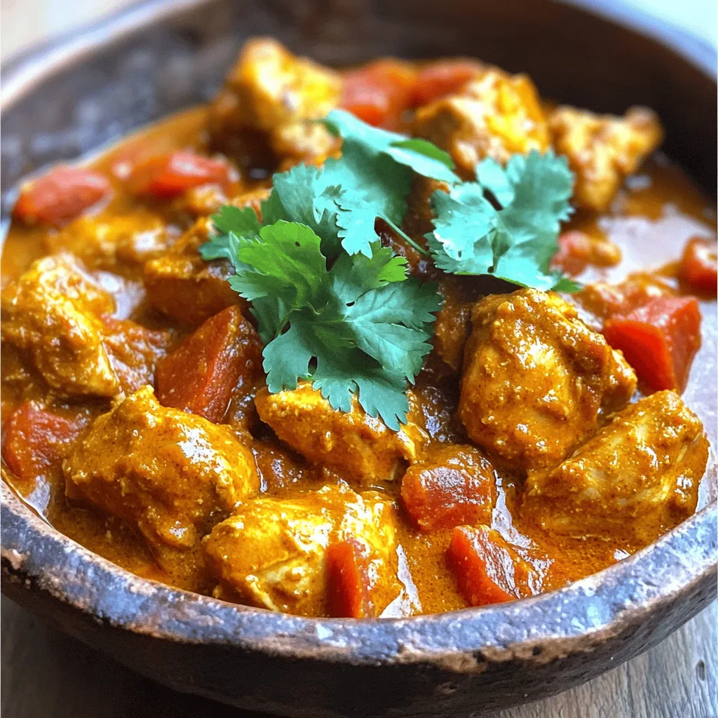 - 1 lb boneless, skinless chicken thighs - 1 cup plain yogurt - 3 tablespoons tikka masala spice blend - 2 tablespoons vegetable oil - 1 medium onion, finely chopped - 3 cloves garlic, minced - 1 tablespoon fresh ginger, grated - 1 can (15 oz) diced tomatoes, with juices - 1 cup coconut milk - 2 tablespoons fresh lemon juice - Salt, to taste - Fresh cilantro, chopped, for garnish - Prep Time: 30 mins - Cook Time: 20 mins - Servings: 4 When I prepare my savory Instant Pot Chicken Tikka Masala, I use simple, fresh ingredients. You start with chicken thighs. I find they stay juicy and tender. The yogurt helps to make the chicken soft and full of flavor. The tikka masala spice blend is key. It brings warmth and depth to the dish. The spices mix with the yogurt, creating a tasty marinade. You can let it sit for 30 minutes or longer for a stronger taste. I also like to add a good onion, garlic, and ginger mix. These ingredients build a rich base. The diced tomatoes add a bit of acidity. Then, the coconut milk makes everything creamy and smooth. For garnish, fresh cilantro adds a nice touch. It brings a pop of color and freshness. You can adjust the salt to your liking. This recipe is great for busy nights. You can prep the ingredients in 30 minutes and cook for just 20. It's an easy way to impress family or friends. For the full recipe, check out the detailed instructions. 1. Start by marinating the chicken. In a bowl, mix 1 lb of chicken thighs with 1 cup of yogurt. 2. Add 3 tablespoons of tikka masala spice blend to the chicken. 3. Make sure the chicken pieces are well coated. 4. Cover the bowl and let it sit for at least 30 minutes. 5. For more flavor, marinate overnight in the fridge. 1. Turn on your Instant Pot and select sauté mode. 2. Pour in 2 tablespoons of vegetable oil. 3. Once the oil is hot, add 1 chopped onion. 4. Sauté the onion for about 3-4 minutes. 5. Stir occasionally until the onion softens and turns light golden. 1. Next, add 3 minced garlic cloves and 1 tablespoon of grated ginger. 2. Cook for about 1 minute until fragrant. 3. Now, add the marinated chicken along with any leftover marinade. 4. Stir well and sear the chicken for about 5 minutes. 5. Sprinkle in the remaining tikka masala spices. 6. Add 1 can of diced tomatoes and 1 cup of coconut milk. 7. Mix everything well to combine. 8. Close the lid and set the valve to sealing. 9. Cook on high pressure for 8 minutes. 10. After cooking, carefully turn the valve to venting for a quick release. 11. Once you open the lid, stir in 2 tablespoons of fresh lemon juice. 12. Add salt to taste and mix well. 13. Serve your Chicken Tikka Masala and garnish with fresh cilantro. For the full recipe, check out the detailed instructions. Enjoy your meal with fluffy basmati rice or warm naan! For the best flavor, I recommend marinating the chicken for at least 30 minutes. If you have more time, let it sit overnight in the fridge. This helps the spices soak in well. To achieve a tender texture, use boneless, skinless chicken thighs. They stay juicy during cooking. Always remember to coat the chicken thoroughly in the yogurt and spice blend. This step adds depth to the dish. One big mistake is overcooking the chicken. This can make it dry and tough. Stick to the 8-minute pressure cooking time. Another common issue is not sealing the Instant Pot properly. Make sure the valve is set to 'sealing' before you start cooking. If not sealed, the pressure will not build, and your dish will not cook correctly. Garnishing can elevate your dish's look and flavor. Fresh cilantro on top adds a bright touch. You can also drizzle a bit of cream for a rich finish. For serving, I suggest pairing this Chicken Tikka Masala with fluffy basmati rice or warm naan. The rice absorbs the sauce, while naan is perfect for scooping. Enjoy your meal! {{image_4}} You can easily change some ingredients in this dish. Here are some ideas: - Alternative proteins: Use chicken breast instead of thighs for leaner meat. You can also try tofu for a plant-based option. - Dairy-free options: Swap the yogurt with cashew cream or oat yogurt. For coconut milk, try almond milk or a dairy-free cream. Adding a twist to the dish can make it even better. Consider these options: - Adding vegetables: Toss in spinach, bell peppers, or peas to boost nutrition. They add color and flavor too! - Adjusting spice levels: If you like it hot, add more chili powder. For a milder taste, cut back on the spices. Mixing different cooking styles can create exciting flavors. Here are some fun ideas: - Incorporating different spices: Add cumin or coriander for a different taste. These spices can change the profile of the dish. - Experimenting with global influences: Try adding a hint of Italian herbs or a splash of soy sauce for a unique twist. This can make the dish truly yours! If you want the complete recipe, check out the Full Recipe section. To keep your Chicken Tikka Masala fresh, store it in an airtight container. Make sure it cools down before sealing. You can refrigerate it for up to 3 to 4 days. Always check for signs of spoilage before eating. If you want to save some for later, freezing is a great option. Let the dish cool completely before placing it in a freezer-safe container. It can last up to 3 months in the freezer. When you are ready to eat, thaw it overnight in the fridge. To reheat, use a pot on low heat, stirring often to avoid sticking. Leftover Chicken Tikka Masala can be a versatile base for new meals. You can turn it into a wrap with lettuce and pita or mix it with pasta for a unique twist. Another idea is to make a rice bowl by adding veggies and a drizzle of yogurt. To make this dish, follow these steps: 1. Marinating the chicken: Mix the chicken with yogurt and tikka masala spice. Let it sit for at least 30 minutes. 2. Sautéing: In your Instant Pot, heat oil and cook onions until soft. Add garlic and ginger for a minute. 3. Cooking chicken: Add the marinated chicken to the pot. Sear for about 5 minutes. 4. Adding ingredients: Stir in the remaining tikka masala, diced tomatoes, and coconut milk. 5. Pressure cooking: Close the lid and cook on high pressure for 8 minutes. 6. Finishing touches: Release the pressure, add lemon juice, and adjust salt. Serve hot with rice or naan. This method ensures you get a rich, flavorful dish in under an hour. For the full recipe, check out the details above. Yes, you can use different proteins in this recipe. Here are some options: - Chicken breast: Leaner and cooks faster. - Tofu: Great for a vegetarian option. Press it to remove excess water. - Paneer: This Indian cheese adds a nice texture and flavor. - Lamb or beef: These will require more cooking time but offer rich flavors. Feel free to experiment with your favorite proteins! Serving suggestions include: - Basmati rice: Fluffy rice complements the rich sauce. - Naan bread: Perfect for scooping up the dish. - Cucumber raita: This yogurt-based side cools the palate. - Roasted vegetables: Add color and nutrition to your meal. - Salad: A light salad can balance the meal. These sides enhance the experience and add variety to your plate. To make Chicken Tikka Masala healthier, consider these swaps: - Yogurt: Use low-fat or Greek yogurt for fewer calories. - Coconut milk: Opt for light coconut milk to reduce fat. - Chicken: Choose skinless chicken thighs for less fat. - Add veggies: Toss in spinach, bell peppers, or peas for added nutrients. These simple changes can help you enjoy a lighter version of this classic dish. This chicken tikka masala recipe is easy, quick, and full of flavor. We covered the main ingredients, preparation steps, and cooking methods. Tips and common mistakes were shared to help you succeed. Explore variations to suit your taste and dietary needs. Store leftovers properly for delicious meals later. Enjoy creativity in serving this dish with rice or naan. Experiment with flavors to make it your own. Happy cooking!