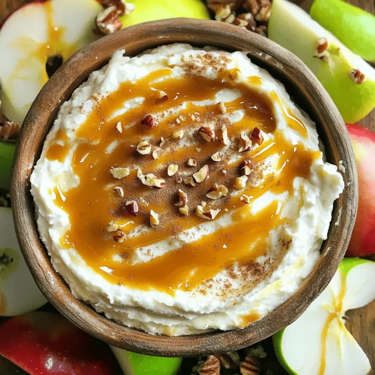 - 1 (8 oz) package cream cheese, softened to room temperature - 1/2 cup powdered sugar - 1/4 cup brown sugar, packed - 1 teaspoon pure vanilla extract - 1/2 cup caramel sauce (store-bought or homemade) - 2-3 crisp apples (such as Granny Smith or Honeycrisp), cored and sliced into wedges To make this dip really shine, you need rich cream cheese. It gives a nice, smooth base. Adding powdered sugar and brown sugar brings sweetness and depth. The caramel sauce completes the flavor by adding a sweet, buttery taste. Fresh apples add a crisp and tart bite that balances the sweetness. - Chopped nuts (such as pecans or walnuts) - Ground cinnamon For extra crunch, sprinkle some chopped nuts on top. Pecans or walnuts work great here. A dash of ground cinnamon adds warmth and spice to the dip. It makes each bite even more delightful. - Electric mixer - Mixing bowl - Serving dish You will need an electric mixer to whip the cream cheese. A mixing bowl is essential for combining all the ingredients. Finally, a nice serving dish showcases your dip. For the complete recipe, you can check the Full Recipe section. Enjoy making this treat! - Softening the cream cheese Start by taking the cream cheese out of the fridge. Let it sit on the counter for about 30 minutes. This softens the cheese and makes mixing easier. - Mixing the ingredients In a large mixing bowl, use an electric mixer. Beat the softened cream cheese until smooth, which takes about 2 minutes. Gradually add in the powdered sugar, brown sugar, and vanilla extract. Mix until fluffy and well combined, around 2-3 minutes. - Spreading and layering Transfer the creamy mixture into a serving dish. Spread it evenly across the bottom. Next, drizzle caramel sauce over the cream cheese. Make sure it covers the whole layer for the best flavor. - Chilling the dip Cover the dish with plastic wrap. Chill it in the fridge for about 30 minutes. This step helps the flavors blend together and makes the dip even creamier. - Arranging apple slices While the dip chills, slice your apples into wedges. Choose crisp varieties like Granny Smith or Honeycrisp. Arrange the apple slices around the dip for easy access. - Drizzling additional caramel For a sweet touch, drizzle extra caramel sauce on top of the dip or around the apple slices. This adds extra flavor and makes the dish look inviting. - Enhancing with cinnamon After chilling, sprinkle ground cinnamon over the dip. This not only boosts the taste but also adds a lovely visual appeal. - Garnishing with nuts If you like, top the dip with chopped nuts such as pecans or walnuts. This adds a nice crunch and a nutty flavor, making each bite delightful. By following these steps, you’ll create a stunning and tasty caramel apple dip with cream cheese. For the complete recipe, check out the Full Recipe. To get a smooth and creamy dip, start with room temperature ingredients. This makes it easy to mix. Cold cream cheese is hard to blend and can cause lumps. Set the cream cheese out for about 30 minutes before use. Next, use proper mixing techniques. Use an electric mixer on medium speed. Beat the cream cheese until it's fluffy. This takes about 2 minutes. Gradually add in the sugars and vanilla. Continue mixing for 2-3 minutes until everything is well combined. You can adjust the sweetness levels to fit your taste. If you want a richer flavor, add a bit more brown sugar. If the dip is too sweet, mix in a touch of cream cheese. This keeps it balanced and tasty. Adding a dash of salt or spices can also enhance the flavor. A small pinch of sea salt brightens up the dip. You can also try adding a bit of nutmeg or allspice for a unique twist. When it comes to apples, not all varieties are the same. I recommend using Granny Smith or Honeycrisp apples. Their crisp texture and tartness contrast well with the sweet dip. For dipping, slice the apples into wedges. This makes it easy to grab them. You can also serve the dip with pretzels, graham crackers, or even banana slices. Enjoy the mix of flavors and textures! For the full recipe, check out the Caramel Apple Delight Dip. {{image_4}} You can make your caramel apple dip even more fun with some easy tweaks. Adding chocolate or toffee bits gives a sweet crunch. Just sprinkle them on top of the dip. You can also mix in flavored cream cheese, like strawberry or pumpkin. This adds a new taste that works great with the caramel. If you want a lighter dip, try using Greek yogurt instead of cream cheese. It gives you a creamy texture with less fat. You can also swap out regular sugar for low-carb sweeteners. This way, you can enjoy the dip without the extra carbs. Embrace the seasons with your caramel apple dip! In the fall, add pumpkin spice to the mix. It brings a warm flavor that matches the season. For the holidays, think about adding peppermint extract. This gives your dip a festive twist that everyone will love. For the full recipe, check out the [Full Recipe] for caramel apple dip with cream cheese. To keep your caramel apple dip fresh, cover it tightly with plastic wrap. Place it in the fridge right after serving. This helps maintain its creamy texture and taste. When storing apple slices, sprinkle a little lemon juice on them. This will stop them from browning too quickly. Keep them in an airtight container to stay crisp. Can you freeze caramel apple dip? Yes, but it's not the best idea. Freezing can change the texture. If you must freeze it, place it in a freezer-safe container. When it’s time to serve, thaw it in the fridge overnight. Stir it well before you serve to restore some creaminess. The dip tastes best for about three days in the fridge. After that, it may lose some flavor. Look for signs of spoilage like a sour smell or a change in color. If you notice any, it’s best to toss it out. Enjoy your delicious treat fresh! Caramel apple dip lasts about 5-7 days in the fridge. To keep it fresh, store it in an airtight container. Always check for signs of spoilage before serving. If it smells off or has changed color, it’s best to throw it out. Yes, you can make caramel apple dip a day ahead. Just cover it well and store it in the fridge. The flavors will blend nicely. When ready to serve, add the apples just before. This keeps them fresh and crunchy. The best apples for this dip are Granny Smith and Honeycrisp. Granny Smith apples are tart and crisp, which balances the sweet dip. Honeycrisp apples are sweet and juicy, adding a different flavor. Other good options include Fuji and Gala apples. Each brings a unique taste to your dip experience. You now have everything you need to make delicious caramel apple dip. We covered the main ingredients like cream cheese and caramel sauce, along with optional garnishes that add flavor and fun. I shared tools to make your prep easy and tips to keep it creamy. You even learned about variations and how to store your dip well. Get creative with flavors, and enjoy your tasty treat at any gathering. Remember, a little planning goes a long way in making this dip a crowd favorite. Happy dipping!
