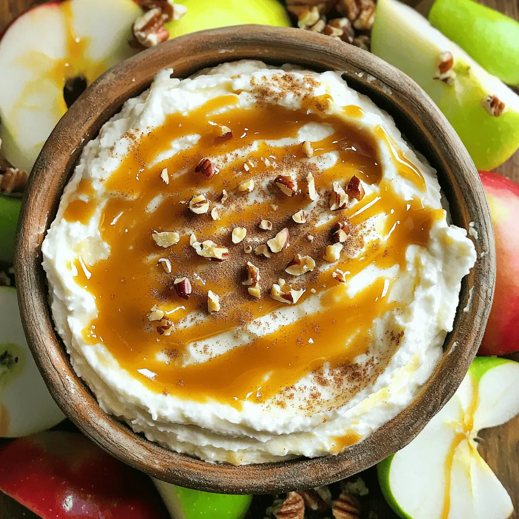 - 1 (8 oz) package cream cheese, softened to room temperature - 1/2 cup powdered sugar - 1/4 cup brown sugar, packed - 1 teaspoon pure vanilla extract - 1/2 cup caramel sauce (store-bought or homemade) - 2-3 crisp apples (such as Granny Smith or Honeycrisp), cored and sliced into wedges To make this dip really shine, you need rich cream cheese. It gives a nice, smooth base. Adding powdered sugar and brown sugar brings sweetness and depth. The caramel sauce completes the flavor by adding a sweet, buttery taste. Fresh apples add a crisp and tart bite that balances the sweetness. - Chopped nuts (such as pecans or walnuts) - Ground cinnamon For extra crunch, sprinkle some chopped nuts on top. Pecans or walnuts work great here. A dash of ground cinnamon adds warmth and spice to the dip. It makes each bite even more delightful. - Electric mixer - Mixing bowl - Serving dish You will need an electric mixer to whip the cream cheese. A mixing bowl is essential for combining all the ingredients. Finally, a nice serving dish showcases your dip. For the complete recipe, you can check the Full Recipe section. Enjoy making this treat! - Softening the cream cheese Start by taking the cream cheese out of the fridge. Let it sit on the counter for about 30 minutes. This softens the cheese and makes mixing easier. - Mixing the ingredients In a large mixing bowl, use an electric mixer. Beat the softened cream cheese until smooth, which takes about 2 minutes. Gradually add in the powdered sugar, brown sugar, and vanilla extract. Mix until fluffy and well combined, around 2-3 minutes. - Spreading and layering Transfer the creamy mixture into a serving dish. Spread it evenly across the bottom. Next, drizzle caramel sauce over the cream cheese. Make sure it covers the whole layer for the best flavor. - Chilling the dip Cover the dish with plastic wrap. Chill it in the fridge for about 30 minutes. This step helps the flavors blend together and makes the dip even creamier. - Arranging apple slices While the dip chills, slice your apples into wedges. Choose crisp varieties like Granny Smith or Honeycrisp. Arrange the apple slices around the dip for easy access. - Drizzling additional caramel For a sweet touch, drizzle extra caramel sauce on top of the dip or around the apple slices. This adds extra flavor and makes the dish look inviting. - Enhancing with cinnamon After chilling, sprinkle ground cinnamon over the dip. This not only boosts the taste but also adds a lovely visual appeal. - Garnishing with nuts If you like, top the dip with chopped nuts such as pecans or walnuts. This adds a nice crunch and a nutty flavor, making each bite delightful. By following these steps, you’ll create a stunning and tasty caramel apple dip with cream cheese. For the complete recipe, check out the Full Recipe. To get a smooth and creamy dip, start with room temperature ingredients. This makes it easy to mix. Cold cream cheese is hard to blend and can cause lumps. Set the cream cheese out for about 30 minutes before use. Next, use proper mixing techniques. Use an electric mixer on medium speed. Beat the cream cheese until it's fluffy. This takes about 2 minutes. Gradually add in the sugars and vanilla. Continue mixing for 2-3 minutes until everything is well combined. You can adjust the sweetness levels to fit your taste. If you want a richer flavor, add a bit more brown sugar. If the dip is too sweet, mix in a touch of cream cheese. This keeps it balanced and tasty. Adding a dash of salt or spices can also enhance the flavor. A small pinch of sea salt brightens up the dip. You can also try adding a bit of nutmeg or allspice for a unique twist. When it comes to apples, not all varieties are the same. I recommend using Granny Smith or Honeycrisp apples. Their crisp texture and tartness contrast well with the sweet dip. For dipping, slice the apples into wedges. This makes it easy to grab them. You can also serve the dip with pretzels, graham crackers, or even banana slices. Enjoy the mix of flavors and textures! For the full recipe, check out the Caramel Apple Delight Dip. {{image_4}} You can make your caramel apple dip even more fun with some easy tweaks. Adding chocolate or toffee bits gives a sweet crunch. Just sprinkle them on top of the dip. You can also mix in flavored cream cheese, like strawberry or pumpkin. This adds a new taste that works great with the caramel. If you want a lighter dip, try using Greek yogurt instead of cream cheese. It gives you a creamy texture with less fat. You can also swap out regular sugar for low-carb sweeteners. This way, you can enjoy the dip without the extra carbs. Embrace the seasons with your caramel apple dip! In the fall, add pumpkin spice to the mix. It brings a warm flavor that matches the season. For the holidays, think about adding peppermint extract. This gives your dip a festive twist that everyone will love. For the full recipe, check out the [Full Recipe] for caramel apple dip with cream cheese. To keep your caramel apple dip fresh, cover it tightly with plastic wrap. Place it in the fridge right after serving. This helps maintain its creamy texture and taste. When storing apple slices, sprinkle a little lemon juice on them. This will stop them from browning too quickly. Keep them in an airtight container to stay crisp. Can you freeze caramel apple dip? Yes, but it's not the best idea. Freezing can change the texture. If you must freeze it, place it in a freezer-safe container. When it’s time to serve, thaw it in the fridge overnight. Stir it well before you serve to restore some creaminess. The dip tastes best for about three days in the fridge. After that, it may lose some flavor. Look for signs of spoilage like a sour smell or a change in color. If you notice any, it’s best to toss it out. Enjoy your delicious treat fresh! Caramel apple dip lasts about 5-7 days in the fridge. To keep it fresh, store it in an airtight container. Always check for signs of spoilage before serving. If it smells off or has changed color, it’s best to throw it out. Yes, you can make caramel apple dip a day ahead. Just cover it well and store it in the fridge. The flavors will blend nicely. When ready to serve, add the apples just before. This keeps them fresh and crunchy. The best apples for this dip are Granny Smith and Honeycrisp. Granny Smith apples are tart and crisp, which balances the sweet dip. Honeycrisp apples are sweet and juicy, adding a different flavor. Other good options include Fuji and Gala apples. Each brings a unique taste to your dip experience. You now have everything you need to make delicious caramel apple dip. We covered the main ingredients like cream cheese and caramel sauce, along with optional garnishes that add flavor and fun. I shared tools to make your prep easy and tips to keep it creamy. You even learned about variations and how to store your dip well. Get creative with flavors, and enjoy your tasty treat at any gathering. Remember, a little planning goes a long way in making this dip a crowd favorite. Happy dipping!