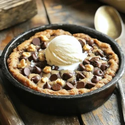 - 1 cup unsalted butter - 3/4 cup packed brown sugar - 1/2 cup granulated sugar - 2 large eggs - 2 teaspoons pure vanilla extract - 2 1/4 cups all-purpose flour - 1 teaspoon baking soda - 1/2 teaspoon fine sea salt - 1 1/2 cups semi-sweet chocolate chips - 1/2 cup chopped walnuts (optional) - Extra sea salt for topping To make the best Chocolate Chip Cookie Skillet, you need quality ingredients. Fresh butter gives a rich taste. I love using unsalted butter to control the salt. Brown sugar adds depth, while granulated sugar makes it sweet. The eggs need to be large. They help bind everything together. Pure vanilla extract brings a warm aroma. Always choose real vanilla for the best flavor. All-purpose flour is key. It gives structure to your cookie. Baking soda helps the cookie rise and get that soft texture. Sea salt enhances the sweet taste. Chocolate chips are a must! Semi-sweet chips melt beautifully and add richness. You can add walnuts for crunch, but that’s up to you. After mixing, sprinkle extra sea salt on top. It adds a perfect salty bite to the sweet cookie. This is the list you need for the Chocolate Chip Cookie Skillet. For the full recipe, check the provided details and start baking! - Set oven temperature to 350°F (175°C). - Prepare cast-iron skillet with cooking spray or butter. - Mix butter with brown sugar and granulated sugar. - Beat until smooth and fluffy. - Incorporate eggs one by one. - Mix in vanilla extract until well combined. - Whisk together flour, baking soda, and sea salt. - Gradually add to wet mixture. - Gently incorporate chocolate chips and walnuts. - Be cautious not to overmix. - Spoon dough into skillet and spread evenly. - Bake for 25-30 minutes, let cool before slicing. This process creates a warm and gooey cookie that everyone loves. For the full recipe, be sure to check the ingredients listed above. Creaming butter and sugars is key. This step makes your cookie soft and fluffy. Mix them until they are light and airy. This can take around 2-3 minutes. Watch out for overmixing the dough. Once you add flour, stir just until combined. Overmixing can make your cookies tough. Top your cookie skillet with fun extras. Ice cream is a classic choice. Whipped cream adds a light touch. Drizzle on some chocolate sauce for even more flavor. Serve it warm in the skillet for a cozy vibe. Use a big spoon to cut it into wedges. This looks rustic and inviting. A mint sprig on top can add color and freshness. Sometimes, you may overbake your cookie. If this happens, add a scoop of ice cream on top. The cold ice cream will help balance the dry cookie. To ensure even cooking, spread the dough evenly in the skillet. This helps it bake uniformly. Check it closely in the oven. Look for golden brown edges and a soft center. This means it’s just right! {{image_4}} You can make your chocolate chip cookie skillet even more fun! Try using different types of chocolate chips. Dark chocolate chips add a rich taste. Milk chocolate chips make it sweet and creamy. You might also like using white chocolate chips for a different twist. If you enjoy a crunch, add nuts. Chopped walnuts or pecans work great. They add flavor and texture. Dried fruit, like cranberries or cherries, brings a sweet and tart flavor. This makes your dessert unique! Want to make this recipe gluten-free? You can swap all-purpose flour for a gluten-free flour blend. Just make sure it has a good mix of flours. This will keep the cookie soft and chewy. For dairy-free options, use plant-based butter and dairy-free chocolate chips. These simple swaps let everyone enjoy this treat without worry! If you want smaller portions, grab mini skillets. Use about half the dough for each skillet. This makes perfect little desserts for sharing. Bake them for about 15-20 minutes. Keep an eye on them, as they cook faster. You will love these cute, individual-sized treats! To keep your chocolate chip cookie skillet fresh, follow these simple steps: - Allow the skillet to cool completely. - Cover it tightly with plastic wrap or foil. - Store it in the fridge. Leftovers stay good for about 3 to 5 days. Enjoy the sweet taste even after a few days! When you're ready to enjoy your cookie skillet again, here’s how to reheat it: - Preheat your oven to 350°F (175°C). - Place the skillet in the oven for about 10 to 15 minutes. - You can also microwave individual slices for about 20-30 seconds. To keep the texture nice and soft, avoid overheating. You want that gooey center! If you want to save some for later, freezing is a great choice: - Let the skillet cool completely. - Cover it tightly with plastic wrap, then foil. - Place it in the freezer. It can last up to 3 months in the freezer. When you’re ready to eat, thaw it in the fridge overnight. Then, reheat as mentioned above. You’ll have a warm, tasty treat ready to go! Yes, you can prepare the cookie dough ahead of time. Mix the dough and store it in the fridge. This keeps it fresh for up to three days. You can also freeze the dough. Just wrap it tightly in plastic wrap. When you're ready to bake, let it thaw in the fridge overnight. This way, you can enjoy fresh cookies anytime! A cast-iron skillet works best for this recipe. Cast iron heats evenly and gives the cookie a nice crust. You can also use a non-stick skillet. Just make sure it’s oven-safe. Avoid glass skillets, as they can break in high heat. A sturdy skillet makes a big difference in baking your cookie. Yes, you can use different types of sugars. Brown sugar gives a rich flavor and chewy texture. Granulated sugar makes the cookie sweet and light. You can try coconut sugar for a different taste. Each sugar will change the flavor and texture a bit. So, feel free to experiment! Look for golden brown edges and a soft center. The center may seem underbaked, but it will firm up as it cools. You can also insert a toothpick. If it comes out with a few moist crumbs, it's ready. Timing is key, so keep an eye on it while baking. Enjoy your delicious treat! This blog post covered how to make a delicious skillet cookie. You learned the ingredients, from butter to chocolate chips. The step-by-step guide made baking easy, ensuring perfect results. Remember to cream your butter and sugars for the best texture. You can customize your cookie with flavors or dietary options. Store leftovers properly for future enjoyment. Overall, this recipe is simple and fun. You can impress your friends and family with your baking skills. Enjoy creating and sharing this tasty treat!